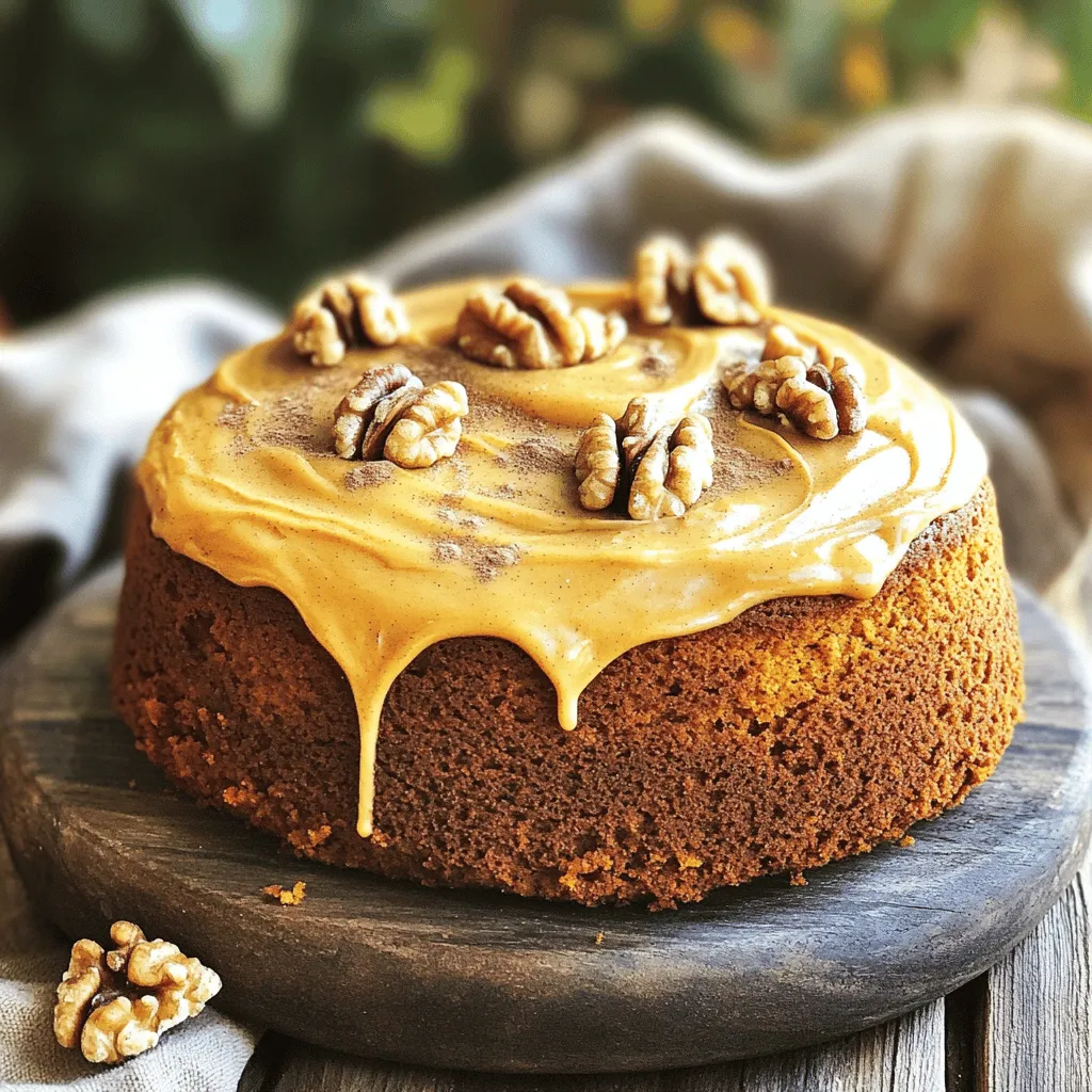 To make this delightful cake, gather these simple ingredients: - 1 ½ cups all-purpose flour - 1 cup canned pumpkin puree - ¾ cup coconut sugar - ½ cup almond milk (or any plant-based milk) - ¼ cup vegetable oil (or melted coconut oil) - 1 teaspoon vanilla extract - 1 teaspoon baking powder - 1 teaspoon baking soda - 2 teaspoons pumpkin pie spice (or a mix of cinnamon, nutmeg, and ginger) - ½ teaspoon salt - ½ cup chopped walnuts or pecans (optional) - Optional frosting: 1 cup powdered sugar, 2 tablespoons maple syrup, 1 tablespoon almond milk If you don’t have a few ingredients, here are some swaps: - All-purpose flour: Try a gluten-free blend. - Coconut sugar: Use brown sugar for a similar taste. - Almond milk: Soy or oat milk works well too. - Vegetable oil: Sunflower or canola oil are great options. - Pumpkin spice: Create your own mix with spices you love. To make your cake even better, consider these add-ins: - Chopped nuts like walnuts or pecans for crunch. - Dried cranberries or raisins for a sweet touch. - Shredded coconut to add a tropical flavor. - Dark chocolate chips for a rich contrast. Feel free to mix and match these ideas. You can make this cake truly your own! For the full recipe, check the details above. First, preheat your oven to 350°F (175°C). Grease and flour an 8-inch round cake pan. You can also use parchment paper for easy removal. In a medium bowl, mix the flour, baking powder, baking soda, pumpkin pie spice, and salt. Make sure these dry ingredients blend well. In a large bowl, combine the pumpkin puree, coconut sugar, almond milk, vegetable oil, and vanilla extract. Stir until smooth and creamy. Gradually add the dry mix to the wet mix. Stir gently until just combined; do not overmix. If you want, fold in the chopped walnuts or pecans for a nice crunch. Pour the batter into your prepared pan and spread it evenly. Use dry measuring cups for flour and sugar. Level them off with a knife for accuracy. For sticky items like coconut sugar, pack it into the cup, then level it. When mixing, use a spatula rather than a whisk. This helps keep the air in the batter, making your cake fluffy. Remember, mix just until combined. Overmixing can lead to a dense cake. Bake the cake in the preheated oven for about 25-30 minutes. To check if it’s done, insert a toothpick into the center. If it comes out clean or with a few crumbs, your cake is ready. If it’s still wet, bake for a few more minutes. Once baked, let the cake cool in the pan for about 10 minutes. Transfer it to a wire rack to cool completely. Enjoy your delicious vegan pumpkin spice cake! You can find the full recipe in earlier sections. Baking vegan cakes can be fun and easy. Here are some key tips: - Use room temperature ingredients. This helps the batter mix well. - Measure flour correctly. Spoon it into the cup, then level it off. - Don’t overmix the batter. Mix just until combined for a light cake. - Preheat your oven. This ensures even baking from the start. Getting the right texture in vegan cakes is key. Here’s how to do it: - Use a mix of flours. Combine all-purpose flour with almond flour for a good texture. - Add moisture. Ingredients like pumpkin puree and almond milk keep the cake moist. - Use baking soda and powder. They help the cake rise and stay fluffy. - Let the cake cool completely. This helps it set and improves texture. Watch out for these common mistakes when baking: - Skipping the flour sifting. This can lead to a dense cake. - Using cold ingredients. They can cause the batter to not mix well. - Not checking doneness. Use a toothpick to see if it comes out clean. - Ignoring the cooling time. Cutting too soon can lead to crumbling. Using these tips will help you bake a lovely vegan pumpkin spice cake. For the full recipe, check the details above. Enjoy your baking journey! {{image_2}} You can change up the flavor of your vegan pumpkin spice cake. One great option is to make a chocolate pumpkin spice cake. To do this, add ¼ cup of unsweetened cocoa powder to your dry ingredients. This gives the cake a rich, chocolate taste that pairs well with the pumpkin. You can also add chocolate chips for extra sweetness. Another fun twist is a chai spice cake. Just swap the pumpkin pie spice for chai spice. This will create a warm, cozy flavor. Frosting can make your cake even better. A simple maple frosting works great. Mix 1 cup powdered sugar, 2 tablespoons maple syrup, and 1 tablespoon almond milk. Drizzle it over the cooled cake for a sweet touch. For a creamier option, try coconut whipped cream. Just whip chilled coconut cream with a bit of vanilla and sugar. This adds a light, fluffy texture. If you want a tangy flavor, a lemon glaze is nice too. Just mix powdered sugar with lemon juice until smooth. If you need a gluten-free cake, use a gluten-free flour blend. Most blends work well and keep the cake tasty. For a nut-free version, replace almond milk with oat milk or soy milk. You can also skip the nuts in the recipe. Just ensure your other ingredients are nut-free. These simple swaps help you enjoy this cake without worry. To keep your Vegan Pumpkin Spice Cake fresh, store it in an airtight container. Place it on the kitchen counter if you plan to eat it in a few days. For longer storage, put it in the fridge. This way, it stays moist and tasty. Always let the cake cool completely before sealing it up to prevent sogginess. If you want to save some cake for later, freezing is the way to go. First, slice the cake into pieces or freeze it whole. Wrap each piece in plastic wrap tightly. Then, place the wrapped pieces in a freezer bag. Label the bag with the date. This cake can last up to three months in the freezer without losing flavor. When you're ready to enjoy your leftover cake, let it thaw in the fridge overnight. If you want a warm slice, pop it in the microwave for about 15-20 seconds. For a cozy touch, serve it with a scoop of vegan ice cream or a drizzle of maple syrup. This makes every bite feel special! You can use other plant-based milks. Good options include oat milk, soy milk, or coconut milk. Each adds a unique taste. Choose one that fits your diet. The cake stays fresh for about 2 to 3 days at room temperature. Store it in a covered container. This keeps it moist and tasty. You can try using a sugar substitute like maple syrup or agave nectar. Adjust the liquid in the recipe if you do. Remember, it may change the cake's texture slightly. Add extra pumpkin pie spice or a pinch of cinnamon and nutmeg. You can also mix in vanilla extract for depth. Experiment to find your perfect flavor! You can find the full recipe for this delightful Vegan Pumpkin Spice Cake in the earlier sections. Follow it step-by-step for the best results! You now have all the steps to make a tasty vegan pumpkin spice cake. We covered the ingredients, preparation, baking tips, and variations to suit your needs. Remember, you can swap ingredients if needed and try different flavors. Pay attention to baking times and check if the cake is done. Storing and reheating are easy too. Enjoy this cake for any occasion, knowing it's delicious and vegan-friendly. Now, you’re ready to bake!