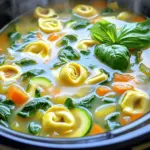 - 4 cups vegetable broth and 1 can (14 oz) diced tomatoes - 2 cups fresh spinach, roughly chopped - 1 cup sliced carrots, 1 cup diced zucchini, 1 onion, finely chopped, 3 cloves garlic, minced - 1 teaspoon Italian seasoning, 1/2 teaspoon red pepper flakes (optional) - 2 cups cheese tortellini (fresh or frozen) - 1 cup heavy cream - Fresh basil for garnish In my Crockpot Tortellini Soup, I start with vegetable broth and diced tomatoes. They bring a rich base to the soup. Next, I add fresh spinach, carrots, zucchini, onion, and garlic. These veggies add nutrition and flavor. For seasoning, I mix in Italian seasoning and red pepper flakes for a bit of heat. You can skip the red pepper if you prefer a milder soup. The cheese tortellini makes the dish hearty, while heavy cream adds a smooth finish. Finally, I garnish with fresh basil. It adds color and a burst of flavor that makes the soup special. Each ingredient plays a role in creating a warm and comforting meal. You can find the Full Recipe for more details on how to make this delicious soup. Start by chopping your vegetables. You will need: - 1 cup sliced carrots - 1 cup diced zucchini - 1 onion, finely chopped - 3 cloves garlic, minced - 2 cups fresh spinach, roughly chopped Next, measure your seasonings. You need: - 1 teaspoon Italian seasoning - 1/2 teaspoon red pepper flakes (optional) - Salt and pepper to taste Finally, prepare the tortellini. You can use 2 cups of cheese tortellini, either fresh or frozen. If using frozen, there's no need to thaw. Now it’s time to layer your ingredients in the crockpot. Start by adding the vegetable broth and the can of diced tomatoes, juice included. Then, add all the chopped veggies, garlic, and seasonings. Stir everything well. This step ensures even cooking. If you skip this, some ingredients may not cook right. Set your crockpot to low for 6 hours or high for 3 hours. Both options work well. You will know the soup is ready when the veggies are soft and the flavors meld together nicely. About 30 minutes before serving, add the tortellini. Let it cook until tender. This is key for a perfect bite. Before serving, stir in 1 cup of heavy cream and season with salt and pepper. Let the soup heat through for an extra 5-10 minutes. Enjoy your warm, hearty bowl of soup! For the full recipe, check out the detailed instructions at [Full Recipe]. To make your Crockpot Tortellini Soup great, you can adjust the cooking time. If you want a richer taste, cook it longer on low heat. This method allows all the flavors to blend well. Aim for about six hours on low or three hours on high. For the best flavor, add the heavy cream last. Stir it in right before serving. This keeps the cream smooth and tasty. Don’t rush this step. Letting the soup sit before adding tortellini also helps. This gives time for the veggies to shine. One common mistake is overcooking the tortellini. If you cook it too long, it becomes mushy. Add it in the last 30 minutes of cooking. This keeps the texture just right. Another mistake is forgetting to season. Always taste your soup before serving. Adjust with salt and pepper as needed. Fresh herbs like basil add a burst of flavor, so don’t skip them. They make the soup look nice, too! When serving your soup, think about sides. A warm piece of crusty bread pairs well. You can also serve a fresh salad for a bright touch. For garnishing, chop some fresh basil. Sprinkle it on top just before serving. You could also add a drizzle of olive oil for extra richness. A sprinkle of grated cheese can add a nice finish, too. For the full recipe, check the complete details above. Enjoy making this soup! {{image_2}} You can change up the veggies in your soup. Instead of spinach, try kale or Swiss chard. If you want more color, add bell peppers or peas. For a crunch, toss in some green beans or corn. You can also swap out the tortellini. Use mushroom or spinach tortellini for extra flavor. If you want a twist, try ravioli instead. They both add a nice touch to the dish. Want to make it vegan? Use vegetable broth and skip the cream. Swap cheese tortellini for a vegan version. You can find them in most stores now. If you need gluten-free options, look for gluten-free tortellini. Many stores sell them. You can also check for gluten-free pasta made from rice or lentils. It works well in this soup. Add more herbs to spice it up! Fresh thyme or rosemary can really boost the taste. You can also add a bay leaf while it cooks. Just remember to take it out before serving. For extra protein, add cooked chicken or sausage. Shredded rotisserie chicken is quick and easy. If you like sausage, pick a spicy one for some heat. Both make the soup heartier and more filling. For the full recipe, check out the complete instructions. After enjoying your Crockpot Tortellini Soup, let it cool down. Store it in an airtight container. This keeps it fresh. It will last in the fridge for about 3 to 4 days. If you want to enjoy it later, consider freezing. To freeze your soup, first let it cool completely. Then, pour it into freezer-safe bags or containers. Leave some space for expansion. Your soup will stay good for up to 3 months in the freezer. When you're ready to eat it, thaw it in the fridge overnight. Reheat on the stove until hot. You can also use the microwave for quick reheating. Meal prepping can save you time. You can chop your veggies and store them in the fridge. This makes cooking easy on busy days. I suggest portioning the soup into single servings. This way, you can grab and go. Use small containers for easy storage. Each portion should be about 1 to 1.5 cups. Crockpot Tortellini Soup takes about 6 hours on low or 3 hours on high. The longer cooking time helps all the flavors blend well. If you are pressed for time, the high setting works just fine. Yes, you can use frozen tortellini. Just add it in the last 30 minutes of cooking. Frozen tortellini cooks well and saves you prep time. If you use fresh tortellini, add it during the same time. Both options taste great! To make your soup heartier, add protein like cooked chicken or sausage. You can also add grains like quinoa or rice. These ingredients will fill you up and add more flavor to the dish. Enjoy experimenting with what you have on hand! This blog post covered making a tasty Crockpot Tortellini Soup. We explored essential ingredients like broth, tortellini, and fresh veggies. I shared step-by-step instructions for cooking and tips for perfecting your soup. Don't forget variations to customize your dish, and storage tips help you save leftovers. In the end, this recipe is simple and gives a comforting meal. Enjoy your cooking adventure!