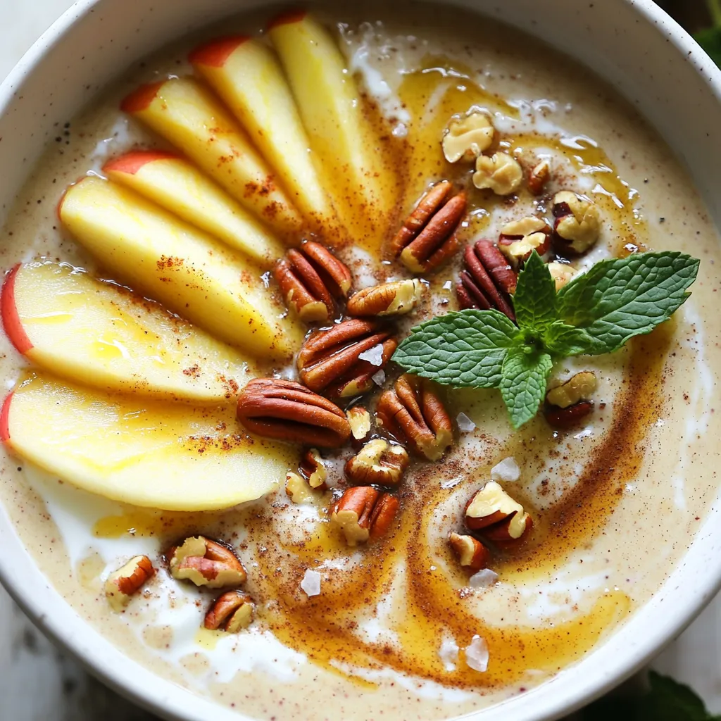You need these simple ingredients to make your Spiced Apple Cider Smoothie Bowl: - 1 cup apple cider (non-alcoholic) - 1 frozen banana - 1/2 cup Greek yogurt - 1/4 teaspoon ground cinnamon - 1/4 teaspoon nutmeg - 1 tablespoon maple syrup (optional) - 1/2 cup rolled oats - 1/2 cup sliced apples (for topping) - 2 tablespoons pecans or walnuts, chopped (for topping) - A pinch of sea salt - Fresh mint leaves (for garnish) Using high-quality ingredients makes a big difference in taste. I recommend using fresh apple cider. Look for brands that use no preservatives. Choose ripe bananas for a creamy texture. For yogurt, opt for full-fat Greek yogurt. It adds richness and protein. When picking apples, go for the crisp varieties like Honeycrisp or Fuji. They give a nice crunch. Lastly, use pure maple syrup for the best flavor. You can easily swap out a few ingredients to fit your needs: - For a dairy-free version, use coconut yogurt or almond yogurt. - If you want it vegan, skip the Greek yogurt and maple syrup. - You can use any nut butter if you don’t have nuts on hand. - For gluten-free, make sure your oats are labeled gluten-free. - Feel free to use any sweetener of your choice, like agave syrup or honey. These options let you customize your smoothie bowl while keeping it delicious and enjoyable. Start by adding 1 cup of apple cider, 1 frozen banana, and 1/2 cup of Greek yogurt into a blender. Then, sprinkle in 1/4 teaspoon of ground cinnamon and 1/4 teaspoon of nutmeg. If you like your smoothie sweeter, add 1 tablespoon of maple syrup. Blend everything until it’s smooth and creamy. This mix creates a rich, spiced flavor that sets the tone for your bowl. Next, add 1/2 cup of rolled oats to the blender. Blend for 15 to 20 seconds. The oats should break down a bit but still add some nice texture. This step makes the smoothie feel hearty and satisfying. Give it a taste and if you want more sweetness, blend in a bit more maple syrup. Now, pour the smoothie into a bowl. Carefully arrange 1/2 cup of sliced apples and 2 tablespoons of chopped pecans or walnuts on top. This adds crunch and flavor. Don’t forget to sprinkle a pinch of sea salt for an extra pop of taste. Finally, garnish with fresh mint leaves to make it look pretty and add a nice aroma. Enjoy your colorful and tasty spiced apple cider smoothie bowl! To make homemade spiced apple cider, combine fresh apple juice with warm spices. Use cinnamon sticks, whole cloves, and allspice berries. Simmer the mix on low heat for about 30 minutes. This brings out the flavors. Strain the cider to remove spices and enjoy! This cider adds warmth to your smoothie bowl. For a perfect smoothie bowl, use frozen fruits. They create a thick, creamy texture. Blend ingredients slowly, then speed up for smoothness. If you want a thicker bowl, add more oats or yogurt. Pour into a bowl, and do not forget to layer toppings. This adds fun and crunch! Enhance your smoothie bowl with tasty toppings. Sliced almonds, chia seeds, or coconut flakes work well. You can also add fresh berries for color and vitamins. For a protein boost, sprinkle some hemp seeds on top. Each addition not only tastes great but also improves nutrition. {{image_2}} You can change this smoothie bowl with the seasons. In fall, try adding pumpkin puree and extra spices like allspice. It gives a warm flavor. In winter, use pear cider for a unique twist. During summer, fresh peaches can make it fruity and bright. Each season brings new tastes! Do you want a different taste? Swap the banana for frozen mango or berries. These fruits add a sweet and vibrant flavor. You can also mix in some spinach for color and nutrients. The spinach won't change the taste much but boosts health! If you prefer a dairy-free or vegan option, use coconut yogurt. It gives a creamy texture. For sweetening, consider agave syrup instead of maple syrup. You can also skip the yogurt altogether and add more oats or a frozen fruit. This keeps it thick and tasty! You may have some smoothie bowl left after enjoying it. To keep it fresh, store any leftovers in an airtight container. It will stay good in the fridge for up to two days. If you notice it thickening, just add a splash of apple cider or water before eating. Want to save some for later? Freezing the smoothie base is a great idea! Pour it into ice cube trays or silicone molds. Once frozen, pop them out and place in a freezer bag. This way, you can enjoy a quick smoothie bowl anytime. Just blend the cubes with a little more apple cider when you're ready. Choose containers that are airtight and easy to clean. Glass jars are great for this. They do not hold odors and keep the flavors fresh. You can also use BPA-free plastic containers. Just make sure they seal tightly to avoid any spills. Yes, you can use fresh apples. Blend them with water to make your own apple juice. However, this change will alter the flavor. Apple cider has a rich, spiced taste that fresh apples lack. To make the smoothie bowl more filling, add extra rolled oats, nut butter, or chia seeds. These ingredients boost fiber and protein. You can also use more Greek yogurt for creaminess and satiety. Apple cider offers many health benefits. It is rich in antioxidants, which help fight free radicals. It may also support gut health due to its natural fermentation. Additionally, apple cider can help regulate blood sugar levels and improve heart health. This article covered key ingredients for your smoothie bowl, focused on quality and substitutions. I shared step-by-step instructions to help you prepare it right. You learned useful tips for flavors, nutrition, and even seasonal twists. I also explained how to store leftovers properly. These insights will help you create a delicious and nutritious smoothie bowl. Enjoy experimenting and making it your own!