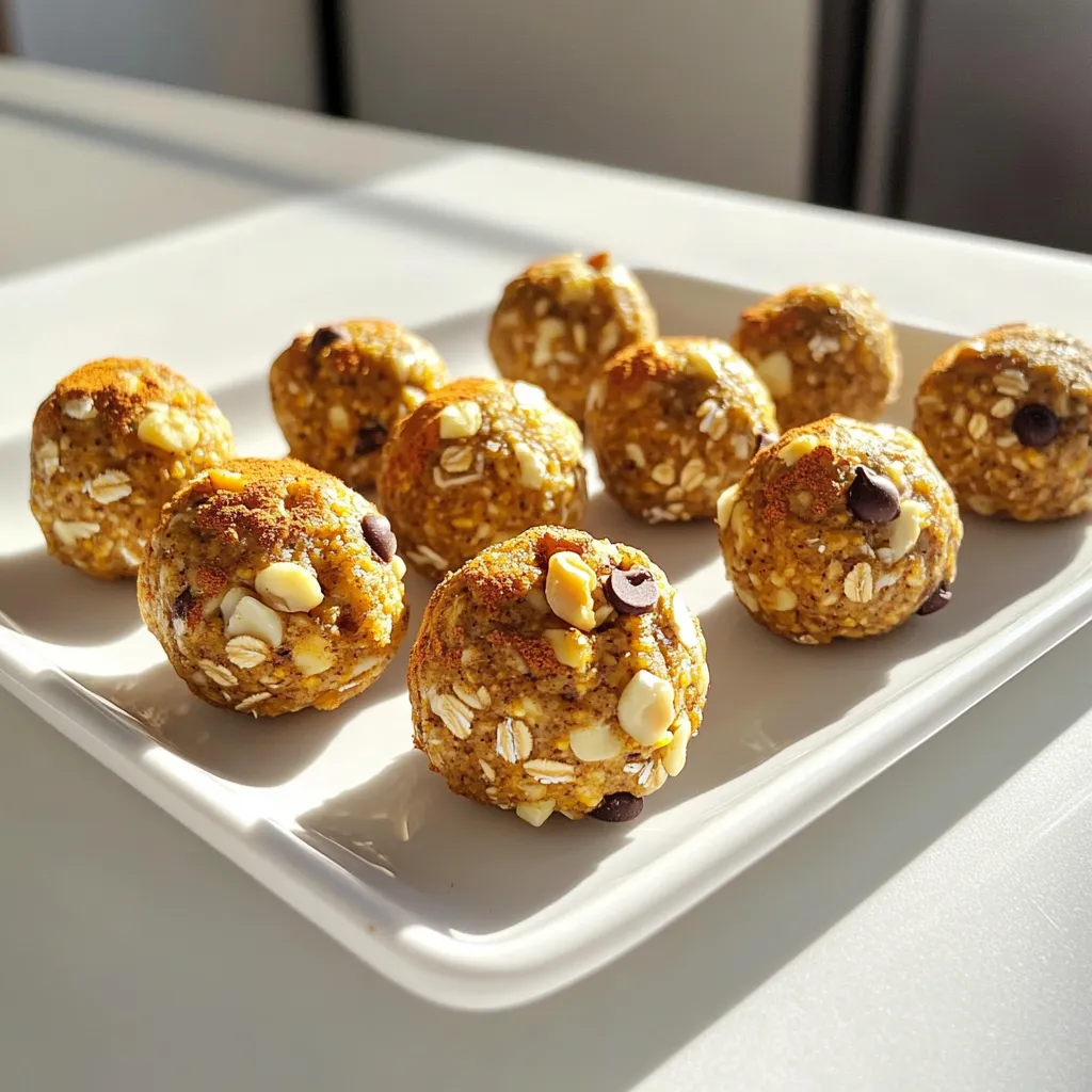 To make Pumpkin Spice Protein Balls, gather the following ingredients: - 1 cup rolled oats - 1/2 cup pumpkin puree - 1/4 cup almond butter (or any nut butter of choice) - 1/4 cup honey or maple syrup - 1 scoop vanilla protein powder - 2 teaspoons pumpkin spice mix - 1/4 teaspoon salt - 1/4 cup mini chocolate chips (optional) - 1/4 cup chopped nuts or seeds (such as pecans or sunflower seeds) Each ingredient plays a key role in flavor and texture. Rolled oats provide a hearty base, making the balls filling and nutritious. Pumpkin puree adds moisture and a rich, earthy flavor. Almond butter gives creaminess and healthy fat. Honey or maple syrup sweetens the mix, while vanilla protein powder boosts protein content. The pumpkin spice mix brings warmth and that classic fall flavor. A touch of salt balances the sweetness. If you like, you can add mini chocolate chips for a sweet surprise, or chopped nuts for a crunchy bite. These ingredients come together to create a tasty snack that is both healthy and satisfying. 1. Mix dry ingredients: In a large bowl, combine 1 cup of rolled oats, 1 scoop of vanilla protein powder, 2 teaspoons of pumpkin spice mix, and 1/4 teaspoon of salt. Stir these well to mix them evenly. 2. Prepare wet ingredients: In a separate bowl, mix together 1/2 cup of pumpkin puree, 1/4 cup of almond butter, and 1/4 cup of honey or maple syrup. Blend them until the mixture is smooth and creamy. 3. Combine wet and dry mixtures: Pour the wet mixture into the dry ingredients. Stir well until everything is fully combined. The mix should feel thick and slightly sticky. 4. Add optional ingredients: If you want to add extra flavor, fold in 1/4 cup of mini chocolate chips and 1/4 cup of chopped nuts or seeds. This will give your protein balls a nice crunch. 1. Rolling into balls: With clean hands, scoop about a tablespoon of the mixture. Roll it into a ball shape. Repeat this step until you use all the mixture. 2. Placement on baking sheet: Place the rolled balls on a parchment-lined baking sheet. Make sure they are spaced apart so they don’t stick together. 1. Chilling time and storage: Put the baking sheet in the refrigerator. Let the protein balls chill for at least 30 minutes. This will help them firm up. You can store them in an airtight container in the fridge for up to a week. Enjoy your tasty, healthy snack! You can easily swap out ingredients in this recipe. For nut butter, try peanut butter or sunflower seed butter. These options give a similar texture and flavor. For sweeteners, honey works great, but maple syrup is a tasty choice too. You can also use agave if you want a vegan option. The texture of your protein balls matters. If your mix feels too dry, add a bit more pumpkin puree or nut butter. This will help bind the ingredients. If it’s too wet, add more oats or protein powder. Refrigerating the balls is key. Chill them for at least 30 minutes so they firm up. This makes them easier to handle and improves their shape. How you serve these protein balls can make them more fun. Arrange them on a colorful plate to catch the eye. You can dust them with a light sprinkle of pumpkin spice for a festive look. Add some fall leaves or small pumpkins around the plate for a seasonal touch. This makes your snack not just tasty, but also pretty! {{image_2}} You can easily change the taste of your pumpkin spice protein balls. - Chocolate chip pumpkin spice protein balls: Just add 1/4 cup of mini chocolate chips. This gives a sweet touch that many love. The chocolate pairs well with the pumpkin spice. - Nutty pumpkin spice protein balls: For a crunchier texture, mix in 1/4 cup of chopped nuts. Pecans or walnuts work great. They add good flavor and healthy fats. You can customize these bites with different add-ins. - Seeds vs. nuts: If you want a nut-free option, use seeds like sunflower or pumpkin seeds. They provide crunch and protein without nuts. - Dried fruits or coconut flakes: For extra sweetness, add in dried fruits like cranberries or raisins. Small flakes of coconut can also give a tropical twist. These protein balls fit many diets with some easy swaps. - Vegan modifications: To make them vegan, use maple syrup instead of honey. Almond butter is already vegan, so you're good there. - Gluten-free substitutions: Use certified gluten-free oats. This way, anyone with gluten issues can enjoy these tasty snacks. These variations make the recipe fun and perfect for everyone! For storing your pumpkin spice protein balls, choose an airtight container. Glass or plastic containers work well. They keep the balls fresh and protect them from moisture. On the counter, your protein balls can last about three days. If you store them in the fridge, they can stay fresh for up to a week. The cold helps maintain their texture and flavor. To freeze your protein balls, first place them in a single layer on a baking sheet. Freeze them for about two hours. Once firm, transfer them to a freezer-safe bag or container. This helps prevent clumping. When you’re ready to enjoy them, simply take out the number you need. Thaw them in the fridge overnight or at room temperature for an hour. This helps keep their flavor and texture just right. You can store pumpkin spice protein balls for up to a week in the fridge. This keeps them fresh and tasty. If you leave them on the counter, they last about three days. Always use an airtight container to keep them safe from air and moisture. Yes, you can use any protein powder you like! Some good options are chocolate or plant-based powders. Just make sure the flavor matches well with pumpkin spice. This keeps the taste balanced and yummy. Absolutely! These protein balls are great for kids. They have oats, pumpkin, and nut butter, which provide energy and nutrients. Plus, they taste delicious! You can even add mini chocolate chips to make them more fun. They are a smart snack that kids will love. You now have a simple recipe for pumpkin spice protein balls. We covered key ingredients, step-by-step preparation, and helpful tips. You can customize flavors, adjust textures, and store them easily. These tasty bites are great for snacks or desserts. They are nutritious, fun, and suitable for everyone. Enjoy making these protein balls your own!