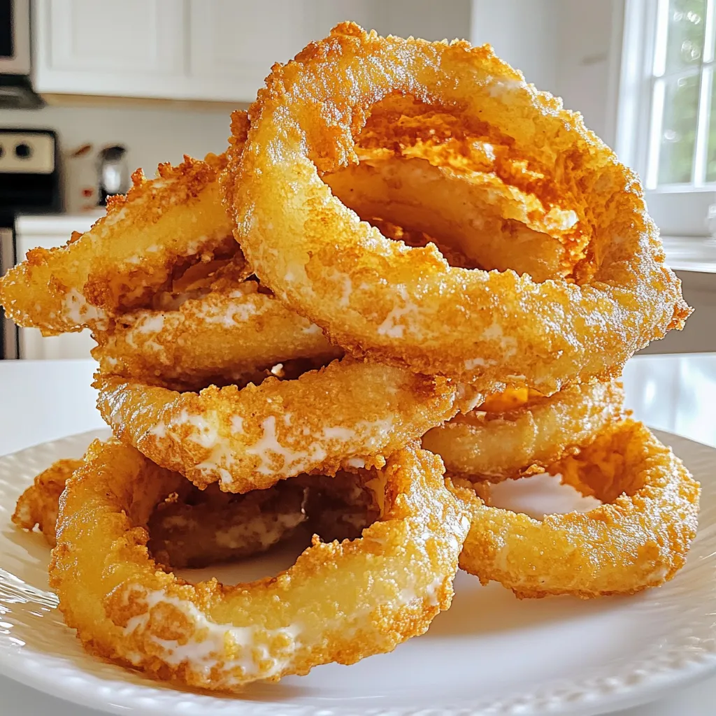 - 2 large onions, sliced into thick rings - 1 cup buttermilk (or milk with 1 tablespoon of lemon juice added) - 1 cup all-purpose flour - 1 cup breadcrumbs (preferably panko for extra crunch) - 1 teaspoon paprika - 1 teaspoon garlic powder - 1/2 teaspoon onion powder - 1/2 teaspoon salt - 1/4 teaspoon black pepper - Cooking spray When making onion rings, the main ingredients are key. I like to use large onions. Slice them into thick rings for the best texture. Buttermilk makes the onions tender and adds flavor. You can also use milk with lemon juice if you don’t have buttermilk. Next, let’s talk about the coating ingredients. I use all-purpose flour for a good base. Breadcrumbs add crunch, especially panko. The spices bring the flavor alive. Paprika gives a nice color. Garlic powder and onion powder add depth. Salt and pepper enhance the taste. You also need cooking spray. It helps the onion rings crisp up in the air fryer. This simple list of ingredients makes delicious, crispy onion rings. Soak the onion rings in buttermilk for at least 30 minutes. This step helps tenderize the onions and adds flavor. You can use regular milk with lemon juice if you don't have buttermilk. In a separate bowl, mix flour, paprika, garlic powder, onion powder, salt, and black pepper. This blend gives the onion rings a tasty kick. Make sure to mix well for even flavor. Remove the soaked onion rings from the buttermilk. Let the excess drip off. Dredge each ring in the seasoned flour mixture. Make sure they are well-coated. Then dip them back into the buttermilk briefly. Finally, coat them in breadcrumbs, pressing gently to stick. Preheat your air fryer to 400°F (200°C). Arrange the coated onion rings in a single layer in the basket. Do not overcrowd them. Lightly spray the tops with cooking spray for extra crispiness. Air fry for 10-12 minutes, flipping halfway through. Check for a golden-brown color. Adjust the cooking time if needed, based on your air fryer. Enjoy the crunch right away! To make your onion rings super crispy, lightly spray the tops with cooking spray before air frying. This small step adds a nice crunch and helps the coating stick. It also gives the onion rings a golden color. Choosing the right onion matters. Use sweet onions if you want a milder taste. They are great for kids and those who prefer less bite. For a stronger flavor, go with yellow onions. They add more zing to your snack. Every air fryer is different, so check your onion rings for doneness. If they need more time, adjust the cooking time as needed. Start with 10-12 minutes, but feel free to add a few more minutes if they're not golden brown yet. {{image_2}} Want a kick? Add cayenne pepper or hot sauce to the flour mix. This small change gives a big flavor boost. You can start with half a teaspoon of cayenne. Adjust to your taste. The heat pairs well with the sweet onion flavor. It’s a fun twist for spicy snack lovers! Love cheese? Try adding shredded cheese inside the onion rings before coating. This option makes the rings creamy and cheesy. Just stuff a small amount of cheese between the onion layers. When cooked, the cheese melts and adds a delightful surprise. Cheddar, mozzarella, or pepper jack work great! Need a gluten-free snack? You can easily swap in gluten-free flour and breadcrumbs. This option still gives you that crispy crunch. Make sure to check the labels on your products. Many brands offer great gluten-free choices. You’ll enjoy all the flavor without the gluten! After enjoying your crispy onion rings, store any leftovers in an airtight container. Keep them in the refrigerator. This way, they stay fresh for up to three days. Make sure the rings are cool before sealing them to avoid moisture build-up. To bring back their crunch, reheat the onion rings in the air fryer. Set the temperature to 350°F (175°C). Heat them for 3-5 minutes. Check often to avoid burning. This method keeps them crispy, just like when they were first made. If you want to save some for later, freeze uncooked breaded onion rings. Place them on a baking tray in a single layer. Freeze until solid, then transfer to a ziplock bag. This way, you can cook them right from frozen whenever you crave a tasty snack! Yes, both yellow and sweet onions work well for making onion rings. Yellow onions give a nice balance of flavor. Sweet onions add a touch of sweetness, making them a favorite for many. If you prefer one over the other, feel free to choose! To ensure crispy onion rings, coat them well in the flour and breadcrumbs. Make sure you do not overcrowd the air fryer basket. If you pack them too tightly, the air cannot circulate. A light spray of cooking oil on top helps, too. This gives them that golden-brown crunch we all love. These onion rings taste best when fresh. However, you can prepare them in advance. Just store them in the fridge and reheat later. For reheating, use the air fryer for about 3-5 minutes. This will help restore their crispiness. Enjoy them hot for the best experience! In this post, I covered how to make the best onion rings. You learned about the key ingredients, like onions and buttermilk. I shared step-by-step instructions, tips for extra crispiness, and fun variations. Remember, the right onion choice can make a big difference. Try our storage tips for leftovers, too. Enjoy your tasty air-fried onion rings any day!