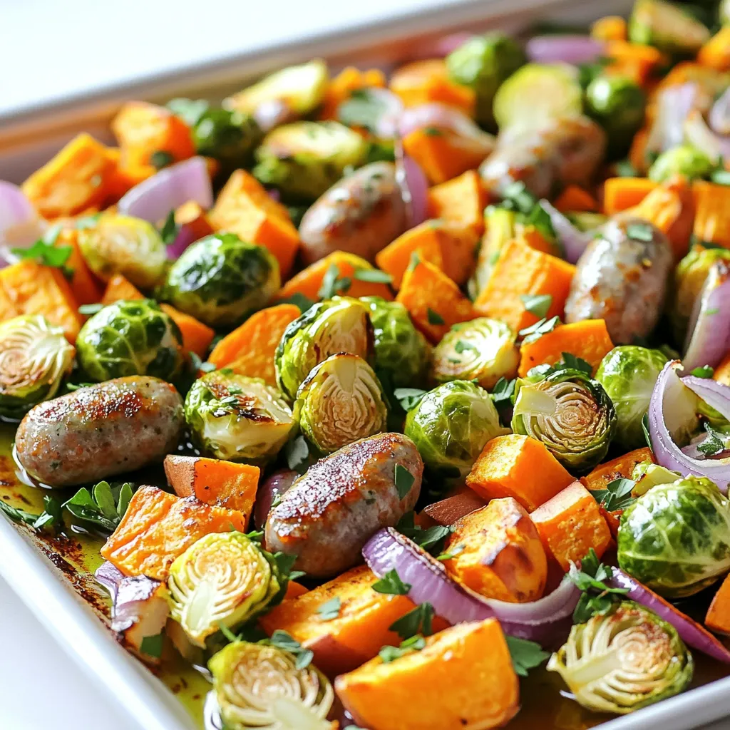 - 1 lb (450g) Italian sausage (chicken or turkey option) - 2 cups Brussels sprouts, halved - 2 medium sweet potatoes, diced - 1 red onion, cut into wedges - 2 carrots, sliced - 3 tablespoons olive oil - 2 teaspoons dried thyme - 1 teaspoon smoked paprika - Salt and pepper to taste - Fresh parsley - Balsamic glaze for drizzling This dish shines with its simple yet flavorful ingredients. I love using Italian sausage for its rich taste. If you want a lighter meal, try chicken or turkey sausage. The mix of seasonal vegetables adds color and nutrition. Brussels sprouts bring a crunch, while sweet potatoes provide sweetness. Red onions and carrots round out the flavor profile. In the pantry, olive oil is key for roasting. It helps vegetables caramelize and sausages brown. Dried thyme gives a warm note, and smoked paprika adds depth. Salt and pepper are essential for bringing all the flavors together. For garnishes, fresh parsley adds a bright touch. A drizzle of balsamic glaze can elevate the dish even more. This recipe is a perfect way to enjoy fall flavors in one pan. - Preheat the oven to 425°F (220°C). - Prepare the vegetables: halve the Brussels sprouts, dice the sweet potatoes, and slice the carrots. Cut the red onion into wedges. - In a large bowl, combine the halved Brussels sprouts, diced sweet potatoes, onion wedges, and sliced carrots. - Drizzle 2 tablespoons of olive oil over the veggies. Add dried thyme, smoked paprika, salt, and pepper. Toss everything well until the veggies are coated. - On a large baking sheet, spread the seasoned vegetables in an even layer. - Place the Italian sausages on top of the veggies, spacing them evenly. Drizzle the remaining tablespoon of olive oil over the sausages. - Roast the sheet pan in the preheated oven for about 25-30 minutes. Stir the vegetables halfway through. This helps them roast evenly. Check that the sausages are browned and the veggies are tender. - When done, remove the baking sheet from the oven. Let it cool for a couple of minutes. - Optional: Garnish with fresh parsley to add a nice touch of color before serving. - Ensure even spacing of sausages for better cooking. - Stir vegetables halfway for even roasting. When you spread the sausages out, they get nice and brown. If they are too close, they may steam instead of roast. Stir the veggies halfway to help them cook evenly. This brings out their natural sweetness and flavor. - Consider adding garlic or red pepper flakes for extra flavor. - Experiment with different herbs. Garlic adds a great kick, and red pepper flakes bring some heat. Try mixing in rosemary or oregano for more depth. Each herb offers a unique flavor twist. - Serve directly on the sheet pan or transfer to a platter. - Drizzle with balsamic glaze for added flair. Serving from the pan gives a cozy feel. If you want to impress, move it to a platter. A drizzle of balsamic glaze adds a shiny finish and a touch of sweetness. It makes the dish look even more inviting. {{image_2}} You can switch up the sausage for fun. Bratwurst brings a nice flavor. Kielbasa adds a smoky touch. If you want a lighter meal, try chicken or turkey sausages. For a meat-free option, use plant-based sausages. They taste great and keep the dish hearty. Feel free to mix in different veggies. Zucchini or cauliflower work well in this dish. They roast nicely and add new flavors. You can also toss in apple slices for a sweet twist. The apples caramelize and add a lovely contrast to the savory sausage. Want a faster way? Use an air fryer! Set it to 400°F (200°C) and cook for about 15-20 minutes. It will crisp up the sausage and veggies quickly. If you prefer a hands-off approach, try a slow cooker. Cook on low for 6-8 hours for a tender meal that’s ready when you are. After enjoying your sheet-pan roasted sausage and fall vegetables, you might have some leftovers. Store them in an airtight container in the fridge. They stay fresh for up to three days. I suggest using glass containers because they make reheating easy. Plus, they won't stain like plastic. If you want to save your leftovers longer, freezing is a great option. Let the dish cool completely before freezing. Place the cooled food in a freezer-safe container. Seal it tightly to prevent freezer burn. When you're ready to eat, thaw it overnight in the fridge. This keeps the flavors intact. To reheat your meal, you have a couple of options. For the best taste, use the oven. Preheat it to 350°F (175°C). Spread the food on a baking sheet and heat for about 15-20 minutes. This helps the sausages and vegetables stay juicy. If you're in a hurry, the microwave works too. Use a microwave-safe dish and cover it to keep moisture in. Heat in short bursts, stirring in between, until it’s warm throughout. Yes, you can use many vegetables. Fall is great for variety. Consider these options: - Butternut squash - Cauliflower - Broccoli - Parsnips - Pumpkins These veggies add color and taste. They also roast well with sausage. Feel free to mix and match based on what you have. You can make simple changes. Try these tips: - Use chicken or turkey sausage instead of pork. - Cut back on olive oil to 1 tablespoon. - Add more veggies to the mix. - Use low-sodium salt to cut sodium. These swaps help lower calories and fats. They keep the dish tasty and satisfying. Many sides can enhance your meal. Here are some ideas: - A simple green salad with lemon dressing. - Quinoa or brown rice for added fiber. - Roasted Brussels sprouts or green beans. These sides complement the flavors of the sausage and veggies. They also add balance to your plate. This recipe combines Italian sausage and seasonal vegetables for a tasty meal. We covered all you need: key ingredients, easy steps, helpful tips, and ways to customize. You learned how to store leftovers too. I hope you feel confident to try this dish or make your own twist. Enjoy your cooking and the delicious results!