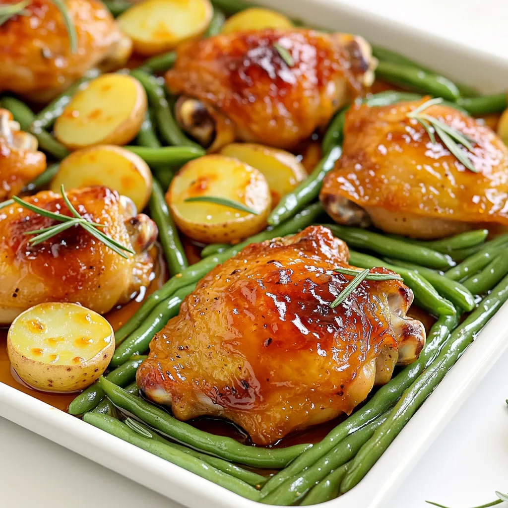 - 4 bone-in, skin-on chicken thighs - ¼ cup Dijon mustard - ¼ cup honey - 2 tablespoons olive oil - 1 tablespoon apple cider vinegar - 3 cloves garlic, minced - Salt and pepper to taste - 1 pound baby potatoes, halved - 1 cup green beans, trimmed The main stars of this dish are the chicken thighs. Bone-in, skin-on chicken thighs pack a lot of flavor. They stay juicy and tender during cooking. The honey mustard marinade adds a sweet and tangy touch that pairs wonderfully with the chicken. For the marinade, I mix Dijon mustard, honey, olive oil, apple cider vinegar, and minced garlic. This blend creates a sticky sauce that clings to the chicken. It ensures each bite bursts with flavor. I like to roast baby potatoes and green beans alongside the chicken. The potatoes get crispy, while the green beans stay bright and tender. This mix of veggies balances the meal. - Fresh rosemary sprigs - Additional seasonings Garnishing adds a fun touch. Fresh rosemary sprigs add a lovely aroma. They also make the dish look nice. You can sprinkle extra seasonings on top if you like more flavor. A pinch of paprika or black pepper can elevate the dish even more. This sheet-pan meal is not just easy to make; it is a feast for the eyes and taste buds. With minimal prep and cleanup, you'll enjoy both the cooking and the eating! - Preheat the oven to 400°F (200°C). This is vital for even cooking. - In a medium bowl, mix ¼ cup Dijon mustard, ¼ cup honey, 2 tablespoons olive oil, 1 tablespoon apple cider vinegar, and 3 minced garlic cloves. Add salt and pepper to taste. Whisk until smooth. - To marinate, place the chicken thighs in a large zip-top bag or bowl. - Pour the marinade over the chicken. Ensure each piece is well-coated. - Let the chicken sit for at least 30 minutes. For more flavor, marinate overnight in the fridge. - While the chicken marinates, prepare the veggies. Toss 1 pound of halved baby potatoes with olive oil, salt, and pepper. - Spread the potatoes in a single layer on a large sheet pan. - Once the chicken is ready, nestle the thighs among the potatoes, skin side up. Bake for 25 minutes. - After 25 minutes, take the sheet pan out. Add 1 cup of trimmed green beans around the chicken and potatoes. Brush any leftover marinade over the beans. - Return the pan to the oven and bake for an extra 15-20 minutes. The chicken should reach an internal temperature of 165°F (74°C) and look golden brown. - Check the chicken's internal temperature with a meat thermometer. It must be at least 165°F (74°C). - Look for a golden-brown skin and clear juices. If the juices run clear, the chicken is done. To get the best taste from your honey mustard chicken thighs, marinate them for at least 30 minutes. For an even bolder flavor, let them sit overnight in the fridge. This allows the flavors to soak in deeply. To enhance the honey mustard flavor, you can add a pinch of smoked paprika or a dash of cayenne. This adds a nice kick to the sweet and tangy mix. Choose a large, rimmed baking dish or a heavy sheet pan. This helps the chicken cook evenly and catch all the drippings. To keep the chicken thighs moist, make sure they are skin side up during baking. This allows the fat to render out and keep the meat juicy. Avoid opening the oven door too often, as this can let out heat and dry the chicken. Serving directly from the sheet pan gives a rustic, homey look. Just bring the pan to the table and let everyone serve themselves. For a more polished style, plate the chicken and vegetables separately. Drizzle any pan juices over the chicken for added flavor. This small touch makes your dish look extra special and restaurant-worthy. {{image_2}} You can change the protein in this dish. Chicken breasts work well instead of thighs. For a meatless option, try tofu. Just remember to adjust cooking times. Vegetables can also vary. Instead of baby potatoes, use sweet potatoes or carrots. You might add bell peppers or zucchini for a colorful mix. Just cut them to similar sizes for even cooking. Different mustards can change the taste. Try whole grain mustard for a nutty bite. Spicy mustard adds a kick. You can mix yellow mustard with honey for a milder flavor too. For heat, add spices like cayenne pepper or red pepper flakes. A pinch of smoked paprika gives a smoky twist. Experiment with flavors to find what you love. You can cook this dish in different ways. Grilling gives a nice char. Just marinate the chicken as usual. Place it on a hot grill and cook until done. Slow cooking is another option. Place the marinated chicken and veggies in a slow cooker. Cook on low for 6-8 hours. This method makes the chicken very tender and flavorful. Explore these variations to make the recipe your own! To store your leftover honey mustard chicken thighs, follow these steps: - Let the chicken cool to room temperature. - Place it in an airtight container. - Add the baby potatoes and green beans with the chicken. - Store in the refrigerator. Leftovers keep well for up to 3 days in the fridge. After that, the chicken may lose its best taste and texture. When you're ready to enjoy your leftovers, here’s how to reheat them: - Preheat your oven to 350°F (175°C). - Place the chicken and vegetables on a baking sheet. - Cover with foil to keep moisture in. Heat for about 20-25 minutes or until warmed through. This method helps maintain the chicken's juicy texture and the vegetables' crispness. You can also use a microwave, but it may not keep the same flavor and texture. Enjoy! Yes, you can use boneless chicken thighs. They cook faster and are easy to eat. However, bone-in thighs stay juicier and have more flavor. Boneless thighs may dry out if overcooked. If you choose boneless, reduce the cooking time by about 10 minutes. Keep an eye on them to avoid overcooking. To make this recipe gluten-free, you need to choose the right mustard. Look for Dijon mustard labeled gluten-free. You can also use honey, olive oil, and apple cider vinegar without worry. Always check labels for hidden gluten. These simple swaps keep the dish tasty and safe for gluten-sensitive diets. Yes, you can prep this meal ahead of time! Marinate the chicken the night before. Place the chicken and marinade in a bag and refrigerate. You can also chop the potatoes and green beans ahead. Just keep them in the fridge until you're ready to cook. This way, meal time is quicker and stress-free. This blog post covered how to create a delicious roasted chicken dish. You learned about the main ingredients, like chicken thighs and honey mustard marinade, plus the roasting vegetables. I provided step-by-step instructions for marinating and cooking, along with tips for flavor and presentation. Variations and storage tips give you options for making this recipe your own. Embrace your creativity in the kitchen. Enjoy cooking and share your tasty results!