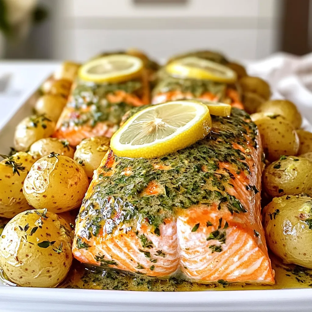 For the salmon, you need four fresh fillets. Look for skin-on fillets for a crispier texture. Each fillet should weigh around six ounces. They should have a bright color and a fresh smell. Choose fillets with minimal bones for easy eating. For the potatoes, grab one pound of baby potatoes. Halve each one to ensure even cooking. This size helps them get crispy on the outside while staying tender inside. Pick firm potatoes without any blemishes for the best results. The herb butter adds amazing flavor to the dish. You need a quarter cup of unsalted butter, melted. Mix in two tablespoons of fresh parsley, one tablespoon of fresh dill, and one tablespoon of fresh thyme. Don’t forget three minced garlic cloves for extra kick. Season this blend with salt and pepper. This herb butter makes the salmon and potatoes sing! Start by preheating your oven to 400°F (200°C). This gives the heat a chance to build up so your meal cooks evenly. While the oven warms, gather your ingredients. You need four salmon fillets and one pound of baby potatoes. Also, get one-fourth cup of melted unsalted butter and fresh herbs like parsley, dill, and thyme. You will also need three cloves of minced garlic, one lemon for slicing, and salt and pepper to taste. In a mixing bowl, combine the melted butter, chopped parsley, dill, thyme, minced garlic, salt, and pepper. Stir well until mixed. This herb butter will add a burst of flavor to your dish. On a large sheet pan, arrange the halved baby potatoes in a single layer. Drizzle olive oil over the potatoes. Season with salt and pepper, then toss them to coat. Make sure they are spread out evenly on the pan. Now, place the sheet pan in your preheated oven. Roast the potatoes for 15 minutes. You want them to start becoming tender but not fully cooked. This step gives them a head start before adding the salmon. After 15 minutes, carefully pull the sheet pan out of the oven. Push the potatoes to one side of the pan. On the other side, place the seasoned salmon fillets. Make sure there's space between each fillet for even cooking. Next, drizzle the herb butter mixture evenly over both the salmon fillets and the potatoes. This will ensure every bite is packed with flavor. For an extra zing, top each salmon fillet with lemon slices. Return the pan to the oven for another 12 to 15 minutes. Bake until the salmon is cooked through and flakes easily with a fork. The potatoes should turn golden and crispy. Once done, let the sheet pan rest for a few minutes before serving. Enjoy your delicious meal! To cook salmon just right, aim for a few simple steps. First, use fresh fillets for the best taste. Season the salmon with salt and pepper before cooking. This adds flavor. Place the salmon on the pan after the potatoes have roasted for 15 minutes. This timing helps the salmon cook evenly. Roast it until it flakes easily with a fork. This should take about 12 to 15 minutes. Keep an eye on it to avoid overcooking, as dry salmon isn’t tasty. For tasty potatoes, start with fresh baby potatoes. Halve them for even cooking and crispiness. Toss them in olive oil, salt, and pepper before roasting. The oil helps them brown nicely. Add the herb butter mix after the first roasting phase. This gives the potatoes a flavorful boost. For extra crunch, check them halfway through. If they need more time, give them a few extra minutes. Serving your dish nicely makes it more appealing. For a rustic look, serve directly from the pan. This saves time and adds charm. Garnish with fresh herbs and lemon wedges. The herbs add color and the lemon gives a fresh pop. You can also arrange the salmon and potatoes neatly on a plate. This makes a lovely display. Enjoy your meal with family or friends for a special touch. {{image_2}} You can switch ingredients to make this dish your own. If you want a richer taste, try using garlic butter instead of plain butter. For a spicy kick, add red pepper flakes to the herb mix. You can also swap out the salmon for another fish, like trout or cod. Each fish offers a unique flavor that works well with the herbs. Mix in seasonal veggies for extra color and nutrition. In spring, add asparagus or green beans. Summer calls for zucchini or bell peppers. In fall, try Brussels sprouts or squash. These vegetables roast well and soak up the herb butter flavor. Just make sure to cut them to the same size as the potatoes for even cooking. You can cook this meal in different ways. If you want a smoky flavor, try grilling the salmon and potatoes. Preheat your grill and use a grill-safe pan for the potatoes. For a quicker option, use an air fryer. Cook the salmon and potatoes at 400°F for about 12 minutes. Each method gives a new twist to this tasty dish. To keep your leftover salmon and potatoes fresh, store them in an airtight container. Make sure the container is cool before sealing it. I recommend eating leftovers within three days. This ensures the best taste and quality. If you want to store leftovers longer, consider freezing them. To reheat, preheat your oven to 350°F (175°C). Place the salmon and potatoes on a baking sheet. Cover them with foil to keep moisture in. Heat for about 15-20 minutes, or until warm. You can also use a microwave. For the microwave, heat on medium power for 1-2 minutes. Check to make sure they are hot throughout. If you want to freeze your meal, let it cool completely first. Wrap each portion tightly in plastic wrap, then place it in a freezer-safe bag. Label the bag with the date. This will help you keep track of how long it has been frozen. You can freeze the salmon and potatoes for up to three months. When ready to eat, thaw them in the fridge overnight before reheating. Cook salmon on a sheet pan for 12-15 minutes at 400°F (200°C). The salmon is done when it flakes easily with a fork. This cooking time ensures the salmon stays moist and tender. Remember, oven types may vary. Always check the fish for doneness. Yes, you can make this recipe without fresh herbs. Dried herbs work as a substitute. Use about one-third of the amount when using dried herbs. You can try garlic powder or lemon zest for extra flavor. The dish may taste different but will still be good. Sheet-pan salmon and potatoes pair well with many side dishes. Try a simple green salad with lemon vinaigrette. Steamed broccoli or asparagus also works great. You can add a grain, like quinoa or rice, for more texture. These sides keep the meal light and fresh. This blog post outlined the key steps to make a tasty sheet-pan meal. We explored the main ingredients for salmon, essential items for potatoes, and the components of a flavorful herb butter blend. I provided step-by-step instructions for preparing and cooking. You also learned tips for perfecting salmon and potatoes, along with variations and storage tips. Cooking can be fun, and this recipe is simple. Enjoy trying out new flavors and methods. Happy cooking!