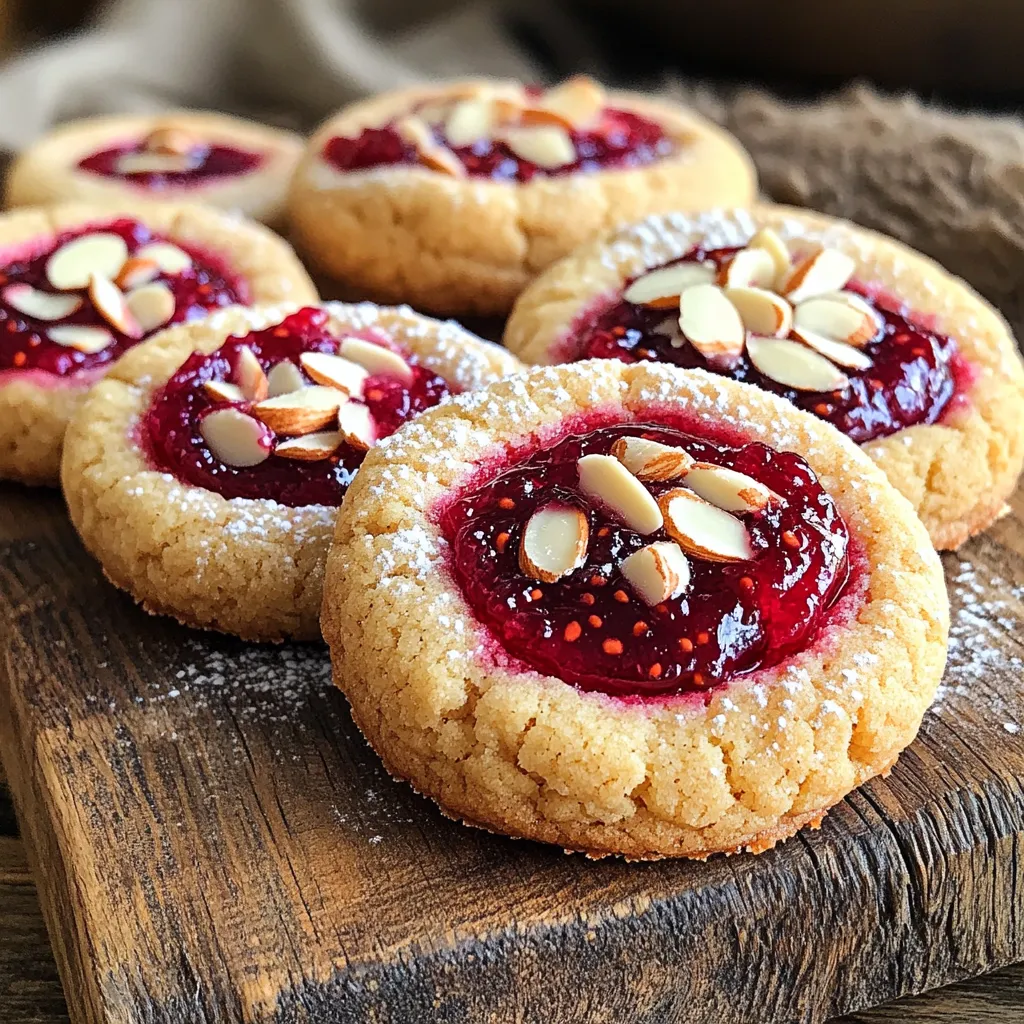 - 1 cup unsalted butter, softened - 1 cup granulated sugar - 2 large egg yolks - 1 teaspoon almond extract - 2 cups all-purpose flour - 1/2 teaspoon baking powder - 1/4 teaspoon salt - 1/2 cup raspberry jam - Sliced almonds for garnish (optional) - Powdered sugar for dusting (optional) To make great cookies, choose high-quality ingredients. For the best flavor, use real butter. Don’t skimp on almond extract; it adds a rich taste. For those with nut allergies, you can skip the almond extract and use vanilla instead. For a gluten-free option, you can swap all-purpose flour with a gluten-free blend. Raspberry jam brings a lovely tartness. You can also try other jams like apricot or strawberry if you prefer. If you want a sweeter cookie, use a bit more sugar. Always remember, fresh ingredients make the best treats! Preheat the oven and prepare the baking sheet Start by preheating your oven to 350°F (175°C). This step is key for even baking. While it heats, grab a baking sheet and line it with parchment paper. This helps prevent sticking and makes clean-up easy. Creaming the butter and sugar In a large bowl, add 1 cup of softened butter and 1 cup of granulated sugar. Use a mixer or a sturdy spoon to blend them. Mix until the mixture is light and fluffy. This process takes about 3 to 5 minutes. A well-creamed mixture gives the cookies a nice texture. Incorporating the egg yolks and almond extract Next, add 2 large egg yolks and 1 teaspoon of almond extract to your butter and sugar mix. Blend everything until it is well combined. The almond extract gives these cookies a lovely flavor. Adding dry ingredients and mixing well In another bowl, whisk together 2 cups of all-purpose flour, 1/2 teaspoon of baking powder, and 1/4 teaspoon of salt. Gradually add this dry mix to the wet ingredients. Stir gently until just combined. Be careful not to over-mix. This helps keep your cookies tender. Shaping dough into balls Now it’s time to shape the dough. Use your hands to form 1-inch balls. Place them on the lined baking sheet, making sure to leave space between each ball. This space helps them bake evenly without sticking together. Creating indentations and filling with jam With your thumb or the back of a spoon, make a small indentation in the center of each dough ball. This is where the raspberry jam will go. Use about 1 teaspoon of jam per cookie. Be careful not to overfill, or the jam will spill during baking. Baking time and checking for doneness Place your baking sheet in the preheated oven. Bake for 12 to 15 minutes. Keep an eye on them. The cookies are done when the edges are lightly golden. Once baked, remove the cookies from the oven and let them cool on the baking sheet for about 5 minutes. Then, transfer them to a wire rack to cool completely. Enjoy the lovely aroma wafting through your kitchen! To bake perfect Raspberry Almond Thumbprint Cookies, follow these simple steps: - Use room temperature butter: Softened butter mixes well with sugar, making cookies light. - Don’t overmix the dough: Mix until just combined to keep cookies tender. - Chill the dough: If the dough feels too soft, refrigerate it for 15-30 minutes. This helps prevent spreading. - Give space: Place dough balls 2 inches apart. This room allows them to bake evenly. To stop cookies from spreading too much, use these tips: - Measure flour correctly: Spoon flour into the measuring cup and level it off for accuracy. - Chill your baking sheet: A cold sheet helps set the edges of the cookies quickly. - Check oven temperature: Use an oven thermometer to ensure your oven heats correctly. To keep your cookies fresh, store them properly: - Use an airtight container: Place cookies in one to keep air out. This keeps them soft. - Layer with parchment paper: If stacking cookies, use parchment paper between layers to avoid sticking. For longer storage, freeze your cookies: - Cool completely: Before freezing, let cookies cool on a wire rack. - Wrap tightly: Use plastic wrap or foil to wrap each cookie, then place them in a freezer bag. - Label and date: Write the date on the bag. They will stay fresh for up to 3 months. Now you’re ready to bake and enjoy your delicious Raspberry Almond Thumbprint Cookies! {{image_2}} You can change the jam in this recipe to create new flavors. Try using apricot or blueberry jam instead of raspberry. Each jam brings a different taste to the cookies. This small change can make a big difference. You can also add spices to give your cookies a unique twist. For a warm flavor, sprinkle in some cinnamon or nutmeg. These spices can add depth and warmth that complements the sweetness of the jam. If you need a gluten-free option, you can use gluten-free flour instead of all-purpose flour. This swap works well while keeping the cookie's texture. For a vegan version, replace the eggs with flax eggs. Mix one tablespoon of ground flaxseed with three tablespoons of water. Let it sit until thick. You can also replace the butter with coconut oil or a vegan butter substitute. These changes will keep the cookies tasty for everyone. To make your raspberry almond thumbprint cookies shine, think about how you display them. Here are some fun ideas: - Cookie Stands: Use a tiered cake stand to show off the cookies. This adds height and makes them look fancy. - Decorative Plates: Arrange cookies on colorful plates. A pop of color makes them more inviting. - Wrap in Cellophane: For a special touch, wrap cookies in clear bags tied with ribbons. This looks great for gifts. Pair these cookies with beverages for a delightful treat: - Tea: A warm cup of chamomile or chai pairs well. - Coffee: Enjoy with a light roast or a sweet cappuccino. Raspberry almond thumbprint cookies fit many occasions. Here are some ideas: - Holidays: Bake these cookies for Christmas or Easter. Their bright colors add joy to festive tables. - Parties: Serve at birthday parties or baby showers. They are a hit with both kids and adults. - Sharing: These cookies make great gifts. Pack them in a box for friends or neighbors. You can also share them at bake sales or school events. Everyone loves a sweet treat! How do I know when the cookies are done? You can tell the cookies are done when the edges are lightly golden. They should look set but still soft in the middle. Let them cool on the sheet for a few minutes before moving them. This helps them firm up without getting overcooked. Can I make the dough in advance? Yes, you can make the dough ahead of time. Wrap it tightly in plastic wrap and store it in the fridge. It will stay fresh for up to three days. To use, let it sit at room temperature for a bit before shaping it into balls. What is the best way to soften butter quickly? To soften butter fast, cut it into small cubes. Place the cubes in a bowl. Let them sit at room temperature for about 10 minutes. You can also microwave it in short bursts, but be careful not to melt it. What to do if the dough is too sticky? If your dough feels too sticky, add a little more flour. Start with a tablespoon at a time until it’s easier to handle. Make sure to mix well after each addition. How to fix cookies that are too dry or crumbly? If your cookies turn out dry, they may need more moisture. You can add a teaspoon of milk or an extra egg yolk to the dough. Mix it in and see if that helps. Always measure your flour correctly to prevent dryness. This blog post covered the ingredients for delicious cookies, along with key tips and tricks. You learned how to prepare, bake, and store these cookies for freshness. We also explored fun variations to try and creative ways to serve them. Remember, baking is a joyful skill. Don't hesitate to experiment with flavors and presentations. With practice, you will bake cookies that everyone loves. Enjoy the process, and happy baking!