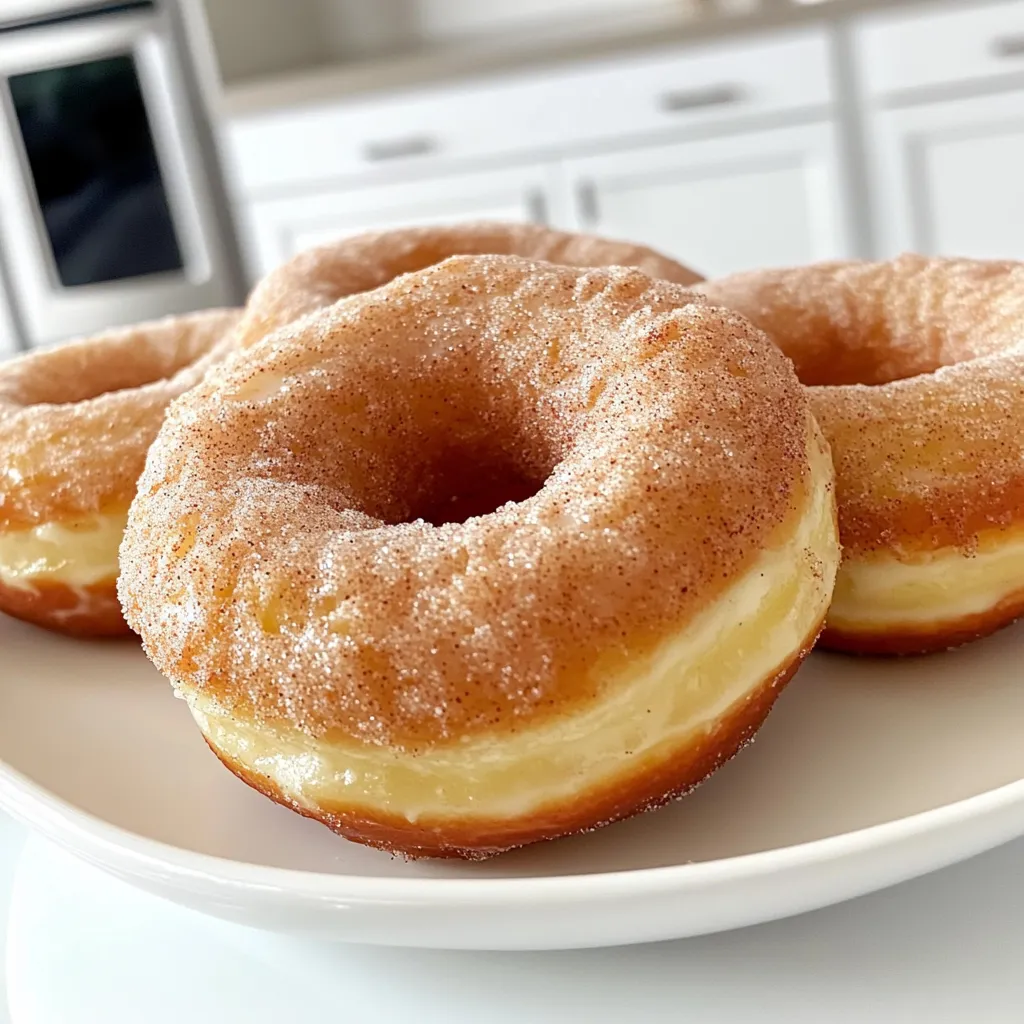 - 2 cups all-purpose flour - 3/4 cup granulated sugar - 1 tablespoon baking powder - 1/2 teaspoon salt - 2 teaspoons ground cinnamon (plus extra for coating) - 1/4 teaspoon nutmeg - 1/2 cup milk - 2 large eggs - 1/4 cup unsalted butter, melted - 1 teaspoon vanilla extract - 1 cup sugar (for coating) - Oil for frying To create the perfect cinnamon sugar donuts, gather these key ingredients. This list ensures your donuts are fluffy, sweet, and full of flavor. 1. All-purpose flour serves as the base, providing structure. 2. Granulated sugar adds sweetness and helps with browning. 3. Baking powder gives the donuts a light and airy texture. 4. Salt enhances the flavors. 5. Ground cinnamon adds that classic flavor we love. You’ll need extra for coating. 6. Nutmeg provides a warm, spicy note. 7. Milk keeps the dough moist. 8. Eggs bind everything together and add richness. 9. Unsalted butter brings a rich, buttery flavor. 10. Vanilla extract adds depth to the flavor. 11. Coating sugar combines with cinnamon for that sweet finish. 12. Oil for frying is crucial for that perfect golden crust. Once you have these ingredients, you’re ready to make donuts that taste just like those from a bakery. Each component plays a role in creating a delightful treat for any time of the day. Start by gathering your dry ingredients. In a large bowl, whisk together: - 2 cups all-purpose flour - 3/4 cup granulated sugar - 1 tablespoon baking powder - 1/2 teaspoon salt - 2 teaspoons ground cinnamon - 1/4 teaspoon nutmeg Make sure they mix well. This step is key to even flavor. Next, in a separate bowl, mix your wet ingredients: - 1/2 cup milk - 2 large eggs - 1/4 cup unsalted butter, melted - 1 teaspoon vanilla extract Whisk these until smooth. Now, pour the wet mix into the dry mix. Stir gently until just combined. Be careful not to over-mix. This keeps the donuts soft and tender. Chilling the dough is important. Cover your bowl with plastic wrap and refrigerate for at least 30 minutes. This helps the dough firm up. It makes shaping easier and gives a better texture. For shaping, sprinkle flour on your work surface. Roll out the dough to about 1/2 inch thick. Use a donut cutter or two round cookie cutters to cut out your donuts. Make sure to keep the shapes even for uniform cooking. Next, heat your oil in a deep frying pan over medium heat. Use a thermometer to check that the oil reaches about 350°F (175°C). When ready, carefully place a few donuts in the hot oil. Avoid overcrowding the pan. Fry each side until golden brown, about 2-3 minutes. Once done, remove them and let them drain on paper towels. This step helps to reduce excess oil. To make donuts like a bakery, accurate measurements matter. Use a kitchen scale for precision. This keeps your dough balanced. Don’t guess; it can change the taste and texture. When handling the dough, be gentle. Mix just until combined. Over-mixing makes donuts tough. Chill the dough for at least 30 minutes. This helps the dough firm up, making it easier to shape. You can add fun twists to your donuts. Try using cardamom or ginger for a unique flavor. Experiment with citrus zest for a fresh kick. While cinnamon sugar is classic, consider chocolate glaze or powdered sugar. These toppings add fun and variety. You can even fill donuts with jam or cream for a surprise. One common error is over-mixing the dough. This leads to dense, chewy donuts. Remember, mix until just combined. Another issue is frying at the wrong temperature. If the oil is too cold, donuts absorb too much oil. Too hot, and they burn outside but stay raw inside. Use a thermometer to keep the oil at 350°F (175°C). This ensures perfect frying every time. {{image_2}} To turn your cinnamon sugar donuts into glazed treats, mix 1 cup of powdered sugar with 2-3 tablespoons of milk. Stir until smooth. Dip the warm donuts in the glaze. Let the excess drip back into the bowl. For a thicker glaze, add more sugar. Make sure to glaze your donuts right after frying for the best results. I love chocolate, so I often make a chocolate-covered version. Melt 1 cup of chocolate chips in a bowl over hot water. Dip each donut halfway into the chocolate. Allow excess chocolate to drip off. This blend of chocolate and cinnamon makes a rich treat. You can even sprinkle some crushed nuts on top for added crunch. If you prefer a healthier option, try baking. Preheat your oven to 350°F (175°C). Use a donut pan for the best shape. After mixing your dough, fill each cavity about halfway. Bake for 10-12 minutes until golden. Since baking uses less oil, your donuts will be lighter but still delicious. Adjust baking time based on your oven for perfect results. To keep your cinnamon sugar donuts fresh, store them at room temperature. Place them in an airtight container. This will keep the donuts soft for a day or two. If you need to store them longer, consider refrigeration. However, this may change their texture. Freezing is a great option for longer storage. Wrap each donut in plastic wrap and place them in a freezer bag. They can last up to three months in the freezer. To refresh your donuts, you have a few options. The best way is to use an oven. Preheat the oven to 350°F (175°C). Place the donuts on a baking sheet for about 5 minutes. This keeps them soft and warm. You can also use a microwave. Heat on low in short bursts of 10 seconds. Be careful not to overheat them, or they may become tough. Cinnamon sugar donuts stay fresh for about 2 days at room temperature. In the fridge, they last about a week. Always check for signs of spoilage. If they smell off or feel hard, it’s time to toss them. A good donut should be soft, sweet, and delightful to eat. To avoid greasy donuts, follow these tips: - Use fresh oil for frying. - Heat the oil to 350°F (175°C). - Fry only a few donuts at a time. The oil temperature is key. Too low, and the donuts soak up oil. Too high, and they burn before cooking through. Check the temperature with a thermometer. Yes, you can prepare the dough in advance. After mixing, cover the bowl with plastic wrap. Chill the dough in the fridge for up to 24 hours. For storage, keep the dough tightly wrapped. This prevents it from drying out. When ready to use, simply roll and cut the donuts. Cinnamon sugar donuts pair well with many drinks. Try coffee or hot chocolate for a cozy treat. You can also serve them with dips. Chocolate sauce or vanilla glaze adds a fun twist. For a fruity touch, consider a berry compote. Making donuts from scratch is fun and rewarding. We covered ingredients, step-by-step preparation, and frying tips. I shared ways to enhance flavors and avoid common mistakes. You learned about delicious variations, storage practices, and reheating techniques. Each step helps you make tasty, fresh donuts. Now, it's your turn to try! With practice, you can create bakery-style treats at home. Enjoy the process and share your delicious results with friends and family.