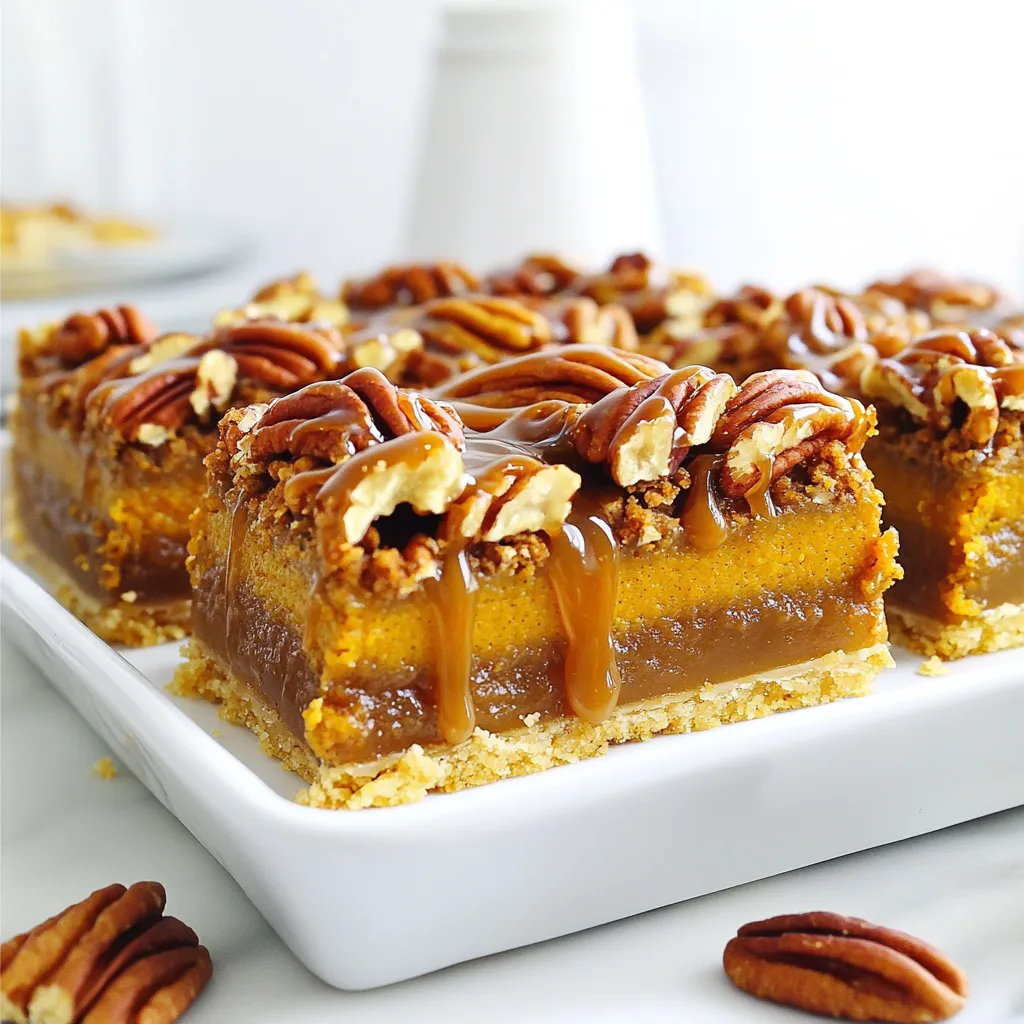- 1 cup all-purpose flour - 1/2 cup brown sugar - 1/4 cup granulated sugar - 1/2 teaspoon salt - 1/2 cup unsalted butter, melted - 1/2 cup pumpkin puree - 1 large egg - 1 teaspoon vanilla extract - 1 teaspoon ground cinnamon - 1/2 teaspoon ground nutmeg - 1/4 teaspoon ground ginger - 1/4 teaspoon ground cloves - 1 cup sweetened condensed milk - 1/2 cup chopped pecans - 1/4 cup caramel sauce These ingredients create a perfect blend of sweet, spicy, and nutty flavors. Each one plays a key role in making the bars rich and satisfying. The flour and sugars form a sturdy base. The butter adds moisture and richness. Pumpkin puree gives the bars a soft texture and a warm color. The spices make every bite feel cozy. The sweetened condensed milk adds creaminess and sweetness. Chopped pecans offer crunch and flavor. Finally, the caramel sauce ties everything together with its sticky sweetness. Optional garnishes like whipped cream, extra pecans, and more caramel sauce can elevate the dish. These small touches add to the fun of serving. You can make the bars even more delightful to eat! - Set temperature to 350°F (175°C) - Prepare a 9x9 inch baking pan Start by preheating your oven to 350°F (175°C). This ensures even baking. While the oven heats, prepare your baking pan. You can grease it or line it with parchment paper. This makes it easy to lift the bars out later. - Combine flour, brown sugar, granulated sugar, and salt - Mix in melted butter until crumbly In a medium bowl, combine 1 cup of all-purpose flour, 1/2 cup of brown sugar, 1/4 cup of granulated sugar, and 1/2 teaspoon of salt. Stir the ingredients together well. Next, add 1/2 cup of melted butter. Mix until the texture is crumbly. This will be your crust. - Bake for 10-12 minutes until golden - Cool the crust slightly Place the crust in your preheated oven. Bake for 10 to 12 minutes, or until it turns a light golden color. Once done, take it out and let it cool slightly. This cooling step is important for a firm base. - Mix pumpkin puree, egg, and spices - Incorporate sweetened condensed milk In a large bowl, whisk together 1/2 cup of pumpkin puree, 1 large egg, and 1 teaspoon of vanilla extract. Add 1 teaspoon of ground cinnamon, 1/2 teaspoon of ground nutmeg, 1/4 teaspoon of ground ginger, and 1/4 teaspoon of ground cloves. Mix until smooth. Then, stir in 1 cup of sweetened condensed milk until fully blended. - Pour filling over the crust - Top with chopped pecans Carefully pour the pumpkin filling over your cooled crust. Spread it out evenly. Now, take 1/2 cup of chopped pecans and sprinkle them on top of the filling. This adds a nice crunch and flavor. - Bake for 25-30 minutes until set - Drizzle caramel sauce on top Return the baking pan to the oven. Bake for 25 to 30 minutes until the filling is set. You can test this by inserting a toothpick in the center; it should come out clean. Once baked, remove it from the oven. Immediately drizzle 1/4 cup of caramel sauce over the warm pumpkin layer. The caramel will soak in nicely. - Allow cooling before slicing - Refrigerate for at least 1 hour Let the bars cool completely in the pan. This step is key for clean slices. After they cool, refrigerate for at least 1 hour. Chilling will make them easier to cut into neat squares. Enjoy your delicious caramel pecan pumpkin pie bars! To achieve the best caramel pecan pumpkin pie bars, focus on two main things: cooling and the baking pan. - Proper cooling methods: Let the bars cool completely in the pan. This step helps them set well and makes slicing easier. I recommend refrigerating them for at least one hour before cutting. It enhances the flavor and makes the bars firmer. - Choosing the right baking pan: A 9x9 inch pan works perfectly for this recipe. For easier removal, grease the pan or line it with parchment paper. This small step saves time and prevents mess. Making these bars should be a fun experience. Avoid these mistakes: - Overmixing the filling: When you whisk the filling, mix it just until smooth. Overmixing may incorporate too much air, making the filling puff up while baking. - Not preheating the oven: Always preheat your oven to 350°F (175°C) before baking. This ensures even cooking and helps the bars rise properly. Serving these bars can be just as fun as making them. Here are some ideas: - Best ways to serve and present the bars: Place the sliced bars on a decorative plate. Drizzle extra caramel sauce over the top. A dollop of whipped cream and a sprinkle of chopped pecans add a beautiful touch. - Pairing ideas with beverages: These bars pair well with coffee or spiced chai tea. The warm flavors complement the sweet and nutty notes of the bars. Enjoy them as a cozy treat! {{image_2}} To make these bars gluten-free, you can swap the all-purpose flour with a blend of almond flour and coconut flour. This change keeps the texture nice and crumbly. For sweetening, consider using maple syrup or coconut sugar. Both options add great flavor without gluten. If you prefer different nuts, walnuts or almonds work well. These nuts give a nice crunch too. For a nut-free version, try using seeds like pumpkin or sunflower seeds. They add texture and still taste great. Want to make these bars even better? Try adding chocolate chips. They melt into the filling and bring a rich taste. You can also mix in spices like cardamom or allspice. These spices add depth and warmth to the flavor. To keep your caramel pecan pumpkin pie bars fresh, use an airtight container. Make sure to let the bars cool completely before covering them. This prevents moisture buildup, which can make them soggy. If you want to freeze the bars, slice them first. Wrap each piece in plastic wrap, then store them in a freezer-safe bag. This method keeps them tasty for about three months. In the fridge, these bars last about five days. Look for signs of spoilage like a change in color or a strange smell. If you see any mold, throw them away immediately. Always check the bars before enjoying them, especially if they have been stored for a while. Yes, you can make these bars a day or two ahead. Store them covered in the fridge. They taste great chilled. They can stay fresh for up to four days. Just let them sit at room temperature for a bit before serving. You can use coconut milk and sugar for a dairy-free option. This will change the texture slightly. You may also mix milk with sugar, but it may not be as thick. This will still work well in the recipe. Use a sharp knife to cut these bars. This helps avoid messy edges. For clean slices, wipe the knife after each cut. Aim for 16 squares for ideal serving sizes. This allows everyone to enjoy a piece. Yes, use a dairy-free butter substitute in place of regular butter. For sweetened condensed milk, try coconut milk mixed with sugar. These swaps work well, keeping the dessert tasty and creamy. Enjoy your dairy-free treat! You learned how to make delicious pumpkin bars with simple steps and common ingredients. The crust is key for support, while the filling adds rich flavor. By following tips and variations, you can make these bars your own. Remember to store them properly for the best taste. Enjoy these treats as they warm your gatherings and satisfy your cravings. Let your creativity shine as you share this recipe with friends and family!