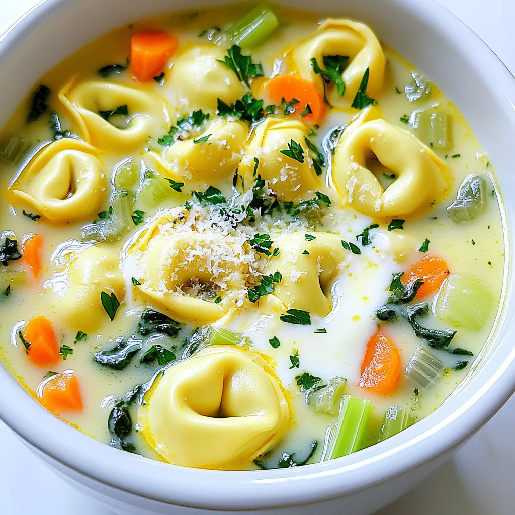 - 1 (9 oz) package refrigerated cheese tortellini - 1 cup diced carrots - 1 cup diced celery - 1 cup diced onion - 3 cloves garlic, minced - 4 cups vegetable broth - 1 can (14.5 oz) diced tomatoes (with juice) - 2 cups chopped fresh spinach - 1 cup heavy cream or coconut cream for a lighter option - 1 teaspoon dried oregano - 1 teaspoon dried basil - Salt and pepper to taste - Grated Parmesan cheese for serving (optional) - Fresh parsley for garnish (optional) When I make Slow Cooker Creamy Tortellini Soup, I love using fresh ingredients. The cheese tortellini adds a nice bite. Diced carrots, celery, and onion create a great base. They add texture and flavor. The vegetable broth and diced tomatoes bring warmth to the dish. These ingredients pair perfectly with herbs like oregano and basil. They give the soup its wonderful aroma. For creaminess, I choose between heavy cream and coconut cream. The choice depends on whether I want it rich or lighter. I also enjoy adding fresh spinach near the end of cooking. It adds color and nutrition. Don't forget the optional garnishes! Grated Parmesan cheese and fresh parsley elevate the soup. They add a lovely finish to each bowl. With these ingredients, you get a warm, creamy soup that feels like a hug. It’s perfect for any day! To start, chop the vegetables. Dice one cup each of carrots, celery, and onion. Use three cloves of garlic and mince them finely. This mix adds great flavor to the soup. Next, combine the ingredients in your slow cooker. Pour in four cups of vegetable broth. Add the diced tomatoes with their juice. Then, stir in the oregano and basil. Mix well so the flavors blend. Set your slow cooker on low for six to seven hours. If you're in a hurry, you can set it on high for three to four hours. The soup is ready when the vegetables are tender. About 30 minutes before serving, add the tortellini and spinach. Stir in one cup of heavy cream or coconut cream for a lighter taste. Cover and let it cook until the tortellini is soft. Taste your soup and season with salt and pepper. For a fun twist, add more herbs if you like. When serving, garnish each bowl with grated Parmesan cheese and fresh parsley. This adds a nice touch and extra flavor. Enjoy your creamy tortellini soup! To get that rich, creamy texture in your soup, use heavy cream. It adds a wonderful depth of flavor. If you want a lighter option, try coconut cream. It keeps the soup creamy but adds a unique taste. Every slow cooker cooks a bit differently. If you have a newer model, it may cook faster. Keep an eye on the soup. It should take about 6-7 hours on low or 3-4 hours on high. You know the soup is ready when the vegetables are tender. You can easily customize the flavor of your soup. Adding spices like red pepper flakes or extra basil can make it special. If you want more protein, consider adding cooked chicken or sausage. This makes the meal heartier and more filling. {{image_2}} For a vegetarian twist, you can use veggie-based tortellini. This change keeps the dish meat-free while still being rich in flavor. You can find tortellini made from spinach or other vegetables. Adding more vegetables can boost both taste and nutrition. Try diced bell peppers, zucchini, or mushrooms. These additions make the soup heartier and more colorful. You can easily adapt this soup to be vegan. Use coconut cream instead of heavy cream for a rich flavor without dairy. Also, look for dairy-free cheese to sprinkle on top. If you want protein, include meat alternatives like lentils or chickpeas. These options keep the soup filling and healthy. If you like spice, add red pepper flakes to the soup. This will give it a nice kick. Just start with a small amount and taste as you go. Switching up the broth can also change the flavor. You might try mushroom broth for a deeper taste. Different cheeses can add a unique twist too. Experiment with mozzarella or gouda for creamy richness. To store your leftover soup, let it cool first. Place the soup in an airtight container. Make sure the lid is tight to keep air out. I recommend using glass or BPA-free plastic containers. These help keep the soup fresh and tasty. Your soup will stay good in the fridge for about three to four days. To freeze your tortellini soup, let it cool completely. Pour it into freezer-safe bags or containers. Leave some space at the top, as the soup will expand when frozen. Label the bags with the date you made it. When you're ready to eat, thaw the soup in the fridge overnight. You can reheat it on the stove or in the microwave until it's hot. For the best taste, eat the frozen soup within three months. Look for signs that the soup has gone bad. If it smells sour or looks off, it's best to throw it away. Always trust your nose and eyes. Fresh soup should smell great and look vibrant. Enjoy your creamy tortellini soup without worries! Cooking this soup takes 6-7 hours on low or 3-4 hours on high. This means you can set it in the morning and enjoy it for dinner. I like using the low setting for a richer flavor. The longer cooking time helps the veggies become tender and tasty. Yes! You can make this soup on the stovetop. First, heat a large pot over medium heat. Add the carrots, celery, onion, and garlic. Cook until the onions are soft. Then, pour in the broth and tomatoes. Bring it to a boil. Once boiling, add the tortellini and spinach. Cook for 10-15 minutes until the tortellini is tender. Lastly, stir in the cream, season, and enjoy. Absolutely! You can make this soup ahead of time. Just let it cool, then store it in airtight containers. You can freeze portions for later. To freeze, follow these steps: - Allow the soup to cool completely. - Pour into freezer-safe containers. - Leave space at the top for expansion. When you're ready to eat, thaw overnight in the fridge. Reheat on the stove or in the microwave until hot. Enjoy a quick meal anytime! This article covered how to make Slow Cooker Creamy Tortellini Soup. We discussed the main ingredients, step-by-step instructions, and tips for a creamy texture. I highlighted variations for vegetarians and vegans, plus storage tips. Making this soup is easy and fun. You can customize it to fit your taste. Enjoy your cooking and share this delightful dish with friends and family. You’ll love how simple and tasty it is!