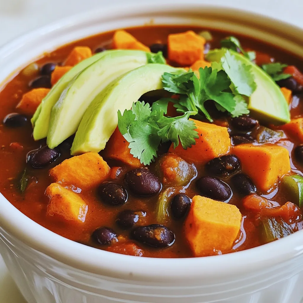 To make this delightful chili, you will need: - 2 medium sweet potatoes, peeled and diced - 1 can (15 oz) black beans, drained and rinsed - 1 can (15 oz) diced tomatoes (with juices) - 1 medium onion, chopped - 3 cloves garlic, minced - 1 bell pepper (any color), chopped - 1 cup vegetable broth - 2 teaspoons ground cumin - 2 teaspoons chili powder - 1 teaspoon smoked paprika - 1 teaspoon oregano - Salt and pepper to taste - 1 tablespoon olive oil Here are some fun toppings to add: - Avocado slices - Fresh cilantro - Lime wedges - Shredded cheese - Sour cream You can mix and match these to fit your taste. If you want a dairy-free option, skip the cheese and sour cream. You can also use Greek yogurt for a healthier touch. For the best flavor, use fresh ingredients. Fresh sweet potatoes give a nice sweetness. Fresh garlic adds a punch. If you prefer, you can swap the black beans for kidney beans. This chili is flexible. Feel free to adjust spices. If you like heat, add more chili powder. For deeper flavor, try smoked paprika. I find that letting the chili cook longer lets all the flavors blend better. Start by peeling and dicing two medium sweet potatoes. Make sure the pieces are even for even cooking. Next, chop one medium onion and one bell pepper. You can use any color of bell pepper you like. Now, mince three cloves of garlic. This mix of veggies adds great taste and texture to your chili. In a large skillet, heat one tablespoon of olive oil over medium heat. Add the chopped onion and bell pepper. Sauté them for about five minutes. This softens the veggies and brings out their flavor. Then, add the minced garlic and sauté for one more minute. Now, it’s time to add everything to the slow cooker. Combine the sautéed veggies with two diced sweet potatoes, one can of black beans (drained and rinsed), one can of diced tomatoes (with juices), and one cup of vegetable broth. Also, add two teaspoons of ground cumin, two teaspoons of chili powder, one teaspoon of smoked paprika, one teaspoon of oregano, and salt and pepper to taste. Stir everything well so the flavors mix. Cover the slow cooker. You have two options for cooking time. Set it to low for six to eight hours, or to high for three to four hours. The sweet potatoes should be tender, and the flavors will meld together beautifully. After cooking, taste the chili and adjust the seasoning if needed. Enjoy this warm and tasty dish! To boost the taste of your chili, try adding fresh herbs like cilantro. A squeeze of lime juice brings a bright kick. You can also mix in some corn for sweetness and texture. If you like heat, add jalapeños or a dash of hot sauce. For deeper flavor, using smoked paprika adds a rich touch. Serve your chili warm in bowls. Top it with avocado slices, fresh cilantro, or a dollop of sour cream. Shredded cheese melts beautifully on top. Lime wedges add a refreshing twist when squeezed over the dish. Pair it with crusty bread or tortilla chips for a fun crunch. One mistake is not sautéing the onion and bell pepper first. This step adds depth to the flavor. Another error is skipping the seasoning. Taste your chili before serving and adjust the salt and spices. Lastly, avoid overcooking the sweet potatoes. They should be tender, not mushy. {{image_2}} You can switch up the beans in this chili. If you want, try kidney beans or pinto beans. Both add great flavor and texture. Black beans work well, but variety keeps things fun. You can mix two or more kinds of beans for a unique taste. Feel free to add more veggies. Corn, zucchini, or carrots fit nicely in this chili. Just chop them small, so they cook well. You can also add spinach or kale for a boost of nutrients. Adding more veggies can make your chili heartier and colorful. Want more heat? Add fresh jalapeños or a pinch of cayenne pepper. Start small, then taste as you go. If you like it mild, skip the spice. You can also use hot chili powder for an extra kick. Adjusting the heat lets you make this dish just right for your taste buds. After enjoying your Slow Cooker Sweet Potato Black Bean Chili, you might have some leftovers. To keep them fresh, let your chili cool down first. Then, transfer it to an airtight container. Store it in the fridge for up to five days. This way, you can enjoy it later without losing flavor. When you're ready to eat your leftovers, reheating is easy. You can use the stove or the microwave. If using the stove, place the chili in a pot. Heat it on low, stirring often until warm. If using a microwave, put the chili in a microwave-safe bowl. Heat it for one to two minutes, stirring halfway through. Check if it's hot enough before serving. If you want to save your chili for a longer time, freezing is a great option. Pour the cooled chili into a freezer-safe container. Leave some space at the top, as it will expand when frozen. You can freeze it for up to three months. When you want to eat it, thaw it in the fridge overnight. Then, reheat it as mentioned above. Enjoy your delicious chili whenever you like! Yes, you can. Fresh sweet potatoes work great in this recipe. Just peel and dice them into bite-sized pieces. They add a nice texture and flavor to the chili. Using fresh helps the dish stay hearty. If you prefer canned, go for it, but fresh is my favorite. This chili is already vegan! The ingredients include sweet potatoes, black beans, and veggies. Just make sure your broth is vegetable broth. You can add plant-based toppings, like avocado, to keep it vegan-friendly. It’s delicious without any animal products. This chili pairs well with many sides. Here are a few ideas: - Cornbread - Rice or quinoa - Tortilla chips - A fresh salad - Avocado slices or lime wedges on top These options add flavor and make a complete meal. Enjoy your delicious chili! This blog covered what you need for a tasty Sweet Potato Black Bean Chili. You learned about key ingredients and optional toppings to add more flavor. With clear steps, I guided you from prepping veggies to slow cooking. I shared tips on flavor enhancement and common mistakes to avoid. You now know different variations, storage tips, and how to answer common questions. Enjoy creating your chili and don’t hesitate to make it your own! Your kitchen adventures await, so dive in!