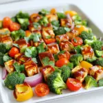 - 1 block firm tofu - 1 cup broccoli florets - 1 cup bell peppers, sliced (mix of red, yellow, and green) - 1 cup cherry tomatoes, halved - 1 small red onion, cut into wedges - 2 tablespoons olive oil - 1 teaspoon garlic powder - 1 teaspoon smoked paprika - ½ teaspoon salt - ¼ teaspoon black pepper - ¾ cup BBQ sauce - Fresh cilantro (optional) Gather these ingredients for a fun cooking experience. Firm tofu acts as a great base. It holds flavors well and has a nice texture. The veggies add color and nutrients. Broccoli, bell peppers, cherry tomatoes, and red onion bring a variety of tastes. For seasoning, olive oil helps everything mix well. Garlic powder adds a nice kick. Smoked paprika gives a warm, smoky flavor. Salt and black pepper enhance the dish. BBQ sauce ties everything together with a sweet and tangy taste. You can use your favorite store brand or make your own. Don’t forget the fresh cilantro! It adds a pop of color and freshness on top. This dish is not just tasty; it’s also a feast for the eyes. When you gather these ingredients, you set the stage for a simple and enjoyable meal. 1. Preheating the oven: Start by preheating your oven to 425°F (220°C). This helps the tofu and veggies cook evenly and get crispy. 2. Pressing and cubing the tofu: Take a block of firm tofu and press it. This removes water and makes the tofu firmer. Once pressed, cut the tofu into bite-sized cubes. This size helps it absorb the flavors well. 3. Tossing tofu with seasoning and olive oil: In a large bowl, add your cubed tofu. Drizzle in 2 tablespoons of olive oil. Then, sprinkle 1 teaspoon of garlic powder, 1 teaspoon of smoked paprika, ½ teaspoon of salt, and ¼ teaspoon of black pepper. Toss everything until the tofu is coated well. 4. Adding vegetables and BBQ sauce: Now, add in 1 cup of broccoli florets, 1 cup of sliced bell peppers, 1 cup of halved cherry tomatoes, and 1 small red onion cut into wedges. Drizzle half of the ¾ cup of BBQ sauce over the mix. Toss again until all veggies and tofu are coated. 5. Spreading mixture on baking sheet: Line a large baking sheet with parchment paper. Spread the tofu and vegetable mix in a single layer. This allows everything to roast properly. 6. Baking times and checking for doneness: Bake for 20 minutes in your preheated oven. After that, take out the pan and drizzle the remaining BBQ sauce over everything. Toss lightly and return to the oven. Bake for an additional 10-15 minutes. The tofu should be golden, and the veggies tender. Tofu can be tricky if not handled right. Pressing tofu effectively is key. Start by wrapping the tofu block in a clean towel. Place something heavy on top, like a cast-iron skillet. Let it sit for about 15 minutes. This helps remove excess water, making it firmer and better for baking. When choosing tofu, go for firm or extra-firm types. They hold their shape best during cooking. Silken tofu is not a good choice here. It will break apart easily and not give the right texture. To make your dish shine, consider homemade BBQ sauce. A simple mix of ketchup, brown sugar, and vinegar works great. You can also add spices like chili powder or mustard for a kick. Don’t forget about additional spices! Adding cumin or cayenne pepper can boost the flavor. Experiment with your favorite herbs too. Fresh herbs like basil or parsley can add a nice touch. Baking consistency is crucial for great results. Spread the tofu and veggies evenly on the sheet. This helps everything cook at the same rate. If they’re too crowded, some bits may burn while others stay raw. Check your dish halfway through baking. If you notice some parts browning too fast, give them a gentle toss. This helps prevent burning or overcooking. Enjoy your meal with perfect texture and flavor! {{image_2}} You can mix up your veggies based on what you have. Seasonal veggies work great. In spring, try asparagus or snap peas. In the fall, use squash or Brussels sprouts. You can also swap in your favorites. Zucchini, carrots, or cauliflower are tasty choices. The key is to keep a good balance of colors and textures. To boost protein, add chickpeas or tempeh. Chickpeas are easy to toss in and will soak up flavors well. Tempeh brings a nutty taste and a firm texture. You can also play with different marinades. Try a garlic ginger sauce for a fresh twist or a sweet soy glaze for a different flavor. If you want lower sugar, look for BBQ sauces that fit your needs. Many brands offer options with less sugar. You can also make your own with tomato paste and vinegar. If you like heat, consider spicy BBQ sauces. They bring warmth and flavor to the dish. Just remember to adjust the amount based on your spice level. After enjoying your Sheet Pan BBQ Tofu Veggies, store any leftovers in the fridge. Place the tofu and veggies in airtight containers. This keeps them fresh and safe to eat. Aim to eat them within three days for the best taste. You can reheat your leftovers in two ways: the oven or the microwave. The oven is better for keeping the texture and flavor. Preheat your oven to 350°F (175°C). Spread the tofu and veggies on a baking sheet and heat for about 10-15 minutes. For the microwave, place the food in a microwave-safe dish. Heat in short bursts, stirring in between, until warm. You can freeze leftovers for later meals. Let the tofu and veggies cool completely before freezing. Use freezer-safe containers or bags. Store for up to three months. When ready to eat, thaw the meal in the fridge overnight. Reheat as mentioned above to enjoy again! Yes, you can easily make this dish vegan. All the main ingredients in this recipe are plant-based. Just ensure that the BBQ sauce you choose is also vegan. Many brands offer vegan options. Look for sauces without honey or animal products. This dish takes about 45 minutes total. You will spend 15 minutes prepping the ingredients. Cooking in the oven takes about 30 minutes. This includes 20 minutes for the first bake and 10-15 minutes for the second bake. This dish is great on its own, but you can add sides. Serve it with rice or quinoa for extra carbs. A fresh salad also pairs well. You might enjoy a side of corn on the cob or roasted potatoes. These options add balance to your meal. Yes, you can use frozen vegetables, but it may change the texture. Frozen veggies often release more water. This can make the dish less crispy. If using frozen veggies, reduce the cooking time slightly. Keep an eye on them as they bake. This blog post covered an easy BBQ tofu and veggie dish. We looked at key ingredients, like firm tofu and fresh veggies, and how to season them. Detailed steps helped with preparation, mixing, and baking. I shared tips for perfecting tofu texture and flavor. You can explore variations and smart ways to store leftovers. Overall, this recipe is versatile and simple, perfect for any meal. Enjoy trying it out and making it your own!