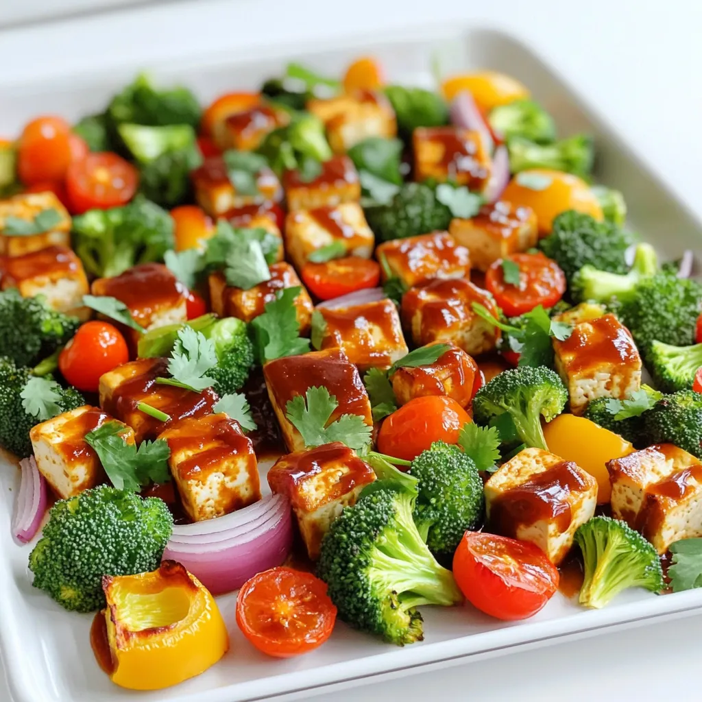 - 1 block firm tofu - 1 cup broccoli florets - 1 cup bell peppers, sliced (mix of red, yellow, and green) - 1 cup cherry tomatoes, halved - 1 small red onion, cut into wedges - 2 tablespoons olive oil - 1 teaspoon garlic powder - 1 teaspoon smoked paprika - ½ teaspoon salt - ¼ teaspoon black pepper - ¾ cup BBQ sauce - Fresh cilantro (optional) Gather these ingredients for a fun cooking experience. Firm tofu acts as a great base. It holds flavors well and has a nice texture. The veggies add color and nutrients. Broccoli, bell peppers, cherry tomatoes, and red onion bring a variety of tastes. For seasoning, olive oil helps everything mix well. Garlic powder adds a nice kick. Smoked paprika gives a warm, smoky flavor. Salt and black pepper enhance the dish. BBQ sauce ties everything together with a sweet and tangy taste. You can use your favorite store brand or make your own. Don’t forget the fresh cilantro! It adds a pop of color and freshness on top. This dish is not just tasty; it’s also a feast for the eyes. When you gather these ingredients, you set the stage for a simple and enjoyable meal. 1. Preheating the oven: Start by preheating your oven to 425°F (220°C). This helps the tofu and veggies cook evenly and get crispy. 2. Pressing and cubing the tofu: Take a block of firm tofu and press it. This removes water and makes the tofu firmer. Once pressed, cut the tofu into bite-sized cubes. This size helps it absorb the flavors well. 3. Tossing tofu with seasoning and olive oil: In a large bowl, add your cubed tofu. Drizzle in 2 tablespoons of olive oil. Then, sprinkle 1 teaspoon of garlic powder, 1 teaspoon of smoked paprika, ½ teaspoon of salt, and ¼ teaspoon of black pepper. Toss everything until the tofu is coated well. 4. Adding vegetables and BBQ sauce: Now, add in 1 cup of broccoli florets, 1 cup of sliced bell peppers, 1 cup of halved cherry tomatoes, and 1 small red onion cut into wedges. Drizzle half of the ¾ cup of BBQ sauce over the mix. Toss again until all veggies and tofu are coated. 5. Spreading mixture on baking sheet: Line a large baking sheet with parchment paper. Spread the tofu and vegetable mix in a single layer. This allows everything to roast properly. 6. Baking times and checking for doneness: Bake for 20 minutes in your preheated oven. After that, take out the pan and drizzle the remaining BBQ sauce over everything. Toss lightly and return to the oven. Bake for an additional 10-15 minutes. The tofu should be golden, and the veggies tender. Tofu can be tricky if not handled right. Pressing tofu effectively is key. Start by wrapping the tofu block in a clean towel. Place something heavy on top, like a cast-iron skillet. Let it sit for about 15 minutes. This helps remove excess water, making it firmer and better for baking. When choosing tofu, go for firm or extra-firm types. They hold their shape best during cooking. Silken tofu is not a good choice here. It will break apart easily and not give the right texture. To make your dish shine, consider homemade BBQ sauce. A simple mix of ketchup, brown sugar, and vinegar works great. You can also add spices like chili powder or mustard for a kick. Don’t forget about additional spices! Adding cumin or cayenne pepper can boost the flavor. Experiment with your favorite herbs too. Fresh herbs like basil or parsley can add a nice touch. Baking consistency is crucial for great results. Spread the tofu and veggies evenly on the sheet. This helps everything cook at the same rate. If they’re too crowded, some bits may burn while others stay raw. Check your dish halfway through baking. If you notice some parts browning too fast, give them a gentle toss. This helps prevent burning or overcooking. Enjoy your meal with perfect texture and flavor! {{image_2}} You can mix up your veggies based on what you have. Seasonal veggies work great. In spring, try asparagus or snap peas. In the fall, use squash or Brussels sprouts. You can also swap in your favorites. Zucchini, carrots, or cauliflower are tasty choices. The key is to keep a good balance of colors and textures. To boost protein, add chickpeas or tempeh. Chickpeas are easy to toss in and will soak up flavors well. Tempeh brings a nutty taste and a firm texture. You can also play with different marinades. Try a garlic ginger sauce for a fresh twist or a sweet soy glaze for a different flavor. If you want lower sugar, look for BBQ sauces that fit your needs. Many brands offer options with less sugar. You can also make your own with tomato paste and vinegar. If you like heat, consider spicy BBQ sauces. They bring warmth and flavor to the dish. Just remember to adjust the amount based on your spice level. After enjoying your Sheet Pan BBQ Tofu Veggies, store any leftovers in the fridge. Place the tofu and veggies in airtight containers. This keeps them fresh and safe to eat. Aim to eat them within three days for the best taste. You can reheat your leftovers in two ways: the oven or the microwave. The oven is better for keeping the texture and flavor. Preheat your oven to 350°F (175°C). Spread the tofu and veggies on a baking sheet and heat for about 10-15 minutes. For the microwave, place the food in a microwave-safe dish. Heat in short bursts, stirring in between, until warm. You can freeze leftovers for later meals. Let the tofu and veggies cool completely before freezing. Use freezer-safe containers or bags. Store for up to three months. When ready to eat, thaw the meal in the fridge overnight. Reheat as mentioned above to enjoy again! Yes, you can easily make this dish vegan. All the main ingredients in this recipe are plant-based. Just ensure that the BBQ sauce you choose is also vegan. Many brands offer vegan options. Look for sauces without honey or animal products. This dish takes about 45 minutes total. You will spend 15 minutes prepping the ingredients. Cooking in the oven takes about 30 minutes. This includes 20 minutes for the first bake and 10-15 minutes for the second bake. This dish is great on its own, but you can add sides. Serve it with rice or quinoa for extra carbs. A fresh salad also pairs well. You might enjoy a side of corn on the cob or roasted potatoes. These options add balance to your meal. Yes, you can use frozen vegetables, but it may change the texture. Frozen veggies often release more water. This can make the dish less crispy. If using frozen veggies, reduce the cooking time slightly. Keep an eye on them as they bake. This blog post covered an easy BBQ tofu and veggie dish. We looked at key ingredients, like firm tofu and fresh veggies, and how to season them. Detailed steps helped with preparation, mixing, and baking. I shared tips for perfecting tofu texture and flavor. You can explore variations and smart ways to store leftovers. Overall, this recipe is versatile and simple, perfect for any meal. Enjoy trying it out and making it your own!