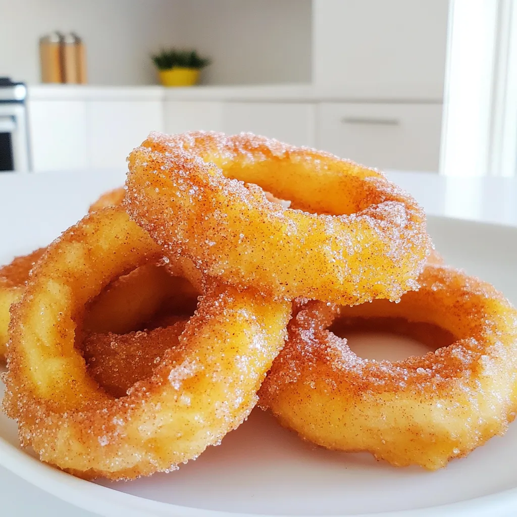To make these tasty cinnamon sugar apple rings, gather the following: - 2 large apples (Honeycrisp or Granny Smith are great) - 1/2 cup all-purpose flour - 1 teaspoon baking powder - 1/4 teaspoon salt - 1 teaspoon ground cinnamon - 1/4 cup granulated sugar - 1/3 cup milk (almond or oat milk works too) - 1 large egg - 1/2 teaspoon vanilla extract - Cooking spray or oil for the air fryer If you need to make swaps, here are some ideas: - Use gluten-free flour instead of all-purpose flour. - Swap the egg for a flax egg (1 tablespoon flaxseed meal + 2.5 tablespoons water). - Choose dairy-free milk to keep it vegan. Choosing the right apples is key for great flavor. Here are my top tips: - Pick firm apples; they hold their shape when cooked. - Honeycrisp apples add sweetness and crunch. - Granny Smith apples give a nice tart flavor. - Avoid soft or overripe apples; they can turn mushy. First, wash and dry your apples. I like to use Honeycrisp or Granny Smith for their sweet and tart taste. Next, remove the core. You can use an apple corer or a knife. After that, slice the apples into 1/4-inch thick rings. This thickness ensures they cook evenly and get crispy. In a mixing bowl, combine the flour, baking powder, salt, and ground cinnamon. This gives the rings extra flavor. In another bowl, whisk the milk, egg, and vanilla extract until they blend well. Pour the wet mix into the dry mix. Stir until you have a smooth batter. It should be thick but easy to pour. Preheat your air fryer to 350°F (175°C). While it heats up, spray the basket with cooking spray or brush it with oil. Dip each apple ring into the batter, making sure they are fully coated. Shake off any extra batter before placing them in the air fryer. Lay them in a single layer, avoiding crowding. You may need to work in batches. Air fry the apple rings for 8-10 minutes. Flip them halfway through for even crispiness. While the apple rings cook, mix the granulated sugar and remaining ground cinnamon in a small bowl. Once the apple rings are golden brown and crisp, take them out of the air fryer. Toss the hot apple rings in the cinnamon sugar mixture until they are well coated. This step adds a sweet crunch that makes them a delightful treat. To make your apple rings crispy, follow a few key steps. First, slice your apples into 1/4-inch thick rings. Thinner slices cook faster and get crispier. Use a good amount of batter to coat each ring. This helps create a crunchy layer. Air fry at 350°F (175°C) for 8-10 minutes. Flip them halfway through for even cooking. You can also check for doneness by looking for a golden color. Preventing sticking is easy with a few tricks. Make sure to spray the air fryer basket with cooking spray before adding the apple rings. This will create a non-stick surface. Be sure not to overcrowd the basket. Leave space between each ring so hot air can flow freely. If they do stick, use a spatula to gently lift them. Air fryers can vary in size and power. If you have a smaller model, cook fewer apple rings at once. You may need to adjust the cooking time too. Some air fryers cook faster than others. Start by checking your apple rings a minute or two early. If they're not golden yet, close the basket and check every minute. This way, you can avoid overcooking. {{image_2}} You can easily change the flavor of your cinnamon sugar apple rings. Try adding a pinch of nutmeg for warmth. A dash of ginger gives a nice spice kick. You can also fold in some chopped nuts for crunch. If you like chocolate, sprinkle cocoa powder into the batter. This twist makes a unique treat! If you want a healthier version, swap out granulated sugar. Try using honey or maple syrup instead. These options add a natural sweetness. You can also use stevia or monk fruit sweetener for a low-calorie choice. Adjust the amounts based on your taste. Always remember to mix well to ensure everything blends. Apples are great, but you can try other fruits too! Pears work well and have a soft texture. Peaches bring a juicy flavor that pairs nicely with cinnamon. Bananas can also be used for a sweet twist. Just slice them thick and follow the same steps. Each fruit gives a new taste to this fun recipe! Once you finish your tasty apple rings, let them cool completely. Place them in an airtight container. Store them in the fridge for up to three days. This keeps them fresh and ready for snacking. To bring back the crunch, reheat the apple rings in the air fryer. Set the air fryer to 350°F (175°C). Heat them for about 3-5 minutes. This method keeps them crispy, just like fresh. If you want to save some for later, freezing works great. After cooling, lay the apple rings in a single layer on a baking sheet. Freeze them for about an hour. Once frozen, transfer them to a freezer bag. They can last up to three months in the freezer. When you're ready to enjoy, just reheat them in the air fryer as mentioned. Yes, you can use different types of flour. If you want a gluten-free option, try almond or coconut flour. Each flour gives a unique taste and texture. Just remember that the thickness of the batter may change. You may need to adjust the liquid you add. Experiment with what you have on hand! To make these apple rings without an air fryer, use a regular oven or a skillet. If using the oven, preheat it to 400°F (200°C). Place the battered apple rings on a baking sheet. Bake for 15-20 minutes, flipping halfway through. If using a skillet, heat oil over medium heat. Fry the apple rings for 2-3 minutes per side until golden brown. Cinnamon sugar apple rings pair well with many things. You can serve them with vanilla ice cream or whipped cream for a sweet treat. They also go great with yogurt for a light snack. Consider adding a drizzle of caramel sauce for extra flavor. Enjoy them as a dessert or a fun breakfast! To sum up, we explored how to make delicious air-fried apple rings. You learned about key ingredients, tips for selecting apples, and neat substitutions for diets. The step-by-step guide makes the process simple. We covered ways to ensure crispiness and avoid sticking in the air fryer. Variations give you room for creativity and fun. Finally, proper storage helps keep your treats fresh. Enjoy experimenting with this recipe and make it your own!