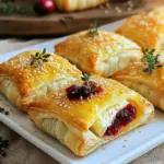 - Puff Pastry: You need one sheet of puff pastry. Thaw it before using. - Brie Cheese: Use 8 ounces of Brie cheese. Cut it into small pieces. - Cranberry Sauce: You will need 1/2 cup of cranberry sauce. Store-bought or homemade works great. - Fresh Thyme (or Dried): Add 1 tablespoon of fresh thyme leaves. You can also use 1 teaspoon of dried thyme. - Egg for Egg Wash: One egg is needed for the egg wash. This helps the bites get a nice color. - Optional Toppings: Sesame seeds add a nice touch. They give extra flavor and crunch. These ingredients come together to create a warm, tasty treat. The Brie melts beautifully and pairs well with the sweet cranberry sauce. The thyme adds a lovely herbal note. Enjoy making this simple yet gourmet snack! Preheating the Oven Start by preheating your oven to 400°F (200°C). This step is key to getting a nice, crispy finish on your bites. While the oven heats, you can begin preparing your ingredients. Preparing the Puff Pastry Next, take your thawed sheet of puff pastry. Lightly dust your counter with flour. Roll the pastry out into a square, about 12x12 inches. Then, cut it into 12 squares, each about 3x3 inches. This will give you the perfect size for each bite. Assembling the Bites Place each square onto a baking sheet lined with parchment paper. In the center of each square, add a small piece of Brie cheese. Top this with about one teaspoon of cranberry sauce and a few thyme leaves. Add a tiny pinch of salt and pepper to enhance the flavors. Now, fold the corners of each square toward the center. Pinch the edges firmly to seal them well. Baking Time and Temperature Once your bites are assembled, it’s time to bake. Place the baking sheet in your preheated oven. Bake for 15-20 minutes. Keep an eye on them until they turn puffed and golden brown. Tips for Achieving a Perfect Golden Finish For a shiny, golden look, beat an egg in a small bowl. Brush this egg wash over the tops of your pastry bites before baking. If you want, sprinkle sesame seeds on top for extra crunch and flavor. These little touches make a big difference in how your bites look and taste. Enjoy the aroma filling your kitchen as they bake! Handling Puff Pastry Puff pastry is delicate and requires care. Keep it cold. Warm dough can lose its ability to puff. Thaw it in the fridge, not on the counter. When rolling out the pastry, use a light touch. Flour your surface gently to prevent sticking. Cut the dough into squares carefully. A sharp knife works best. Ensuring a Crisp Texture For a golden and crispy finish, make sure your oven is hot. Preheat it to 400°F (200°C) before baking. Place the puff pastry bites in a well-spaced manner. This allows heat to circulate around each bite. Brush the tops with egg wash for shine. Optionally, sprinkle sesame seeds for extra crunch. Bake until they puff and turn golden brown. Additional Seasoning Ideas While thyme lifts the flavor, consider adding more herbs. Rosemary, oregano, or even a hint of garlic powder can enhance the taste. A sprinkle of crushed red pepper can add a bit of heat. Remember to taste and adjust the salt and pepper as you go. Alternatives for Cheese and Sauces You can swap Brie with other cheeses. Goat cheese or sharp cheddar also work well. For a twist, try a flavored cheese, like herbed cream cheese. Instead of cranberry sauce, use fig jam or apple chutney for a unique flavor. These choices can change the whole taste of your bites! {{image_2}} You can switch out the Brie cheese for other types. Here are some great options: - Camembert: This cheese has a similar texture and taste. - Goat cheese: It adds a tangy flavor that pairs well with cranberries. - Gruyère: This cheese melts nicely and gives a nutty taste. - Cream cheese: A mild choice that is creamy and smooth. Feel free to experiment with different cheeses. Each adds its unique touch to the dish. If you're looking for a twist, consider these sauce alternatives: - Fig jam: This sweet jam pairs perfectly with cheese. - Apple butter: It adds a fruity sweetness that complements the Brie. - Honey: Drizzling on top gives a sweet touch that balances the flavors. - Spicy mustard: For those who like a kick, this adds a nice contrast. These sauces can change the flavor and make your bites even more exciting. These puff pastry bites work great with different dips and sides. Here are some ideas: - A zesty green salad: It adds freshness and balances the richness of the bites. - Honey mustard dipping sauce: A sweet and tangy option to enjoy. - Hummus: This creamy dip adds a nice texture and flavor contrast. These pairings enhance the overall meal experience. They make it more balanced and fun. Presentation matters, especially when serving guests. Here are a few tips: - Use a wooden platter: It gives a rustic feel that fits the theme. - Garnish with fresh thyme: It adds a pop of color and a hint of flavor. - Arrange bites in a circle: This makes it visually appealing and easy to grab. These plating ideas can make your savory Brie and cranberry puff pastry bites shine at any gathering. Refrigeration Tips To keep your savory Brie and cranberry puff pastry bites fresh, place them in an airtight container. Store them in the fridge for up to three days. Make sure they cool completely before sealing. This helps maintain their crispy texture. Freezing Instructions If you want to save some for later, freeze the uncooked bites. Place them on a baking sheet, and freeze until firm. Then, transfer them to a freezer-safe bag. They can last up to three months in the freezer. When you’re ready to bake, bake them straight from frozen. Just add a few extra minutes to the baking time. How to Revive Crispiness To reheat the pastry bites and keep them crisp, use an oven. Preheat it to 350°F (175°C). Place the bites on a baking sheet lined with parchment paper. Heat them for about 10 to 15 minutes. This method helps restore their flaky texture and warm, gooey cheese inside. Avoid the microwave, as it can make them soggy. Enjoy them warm for the best flavor! Can I use frozen puff pastry? Yes, you can use frozen puff pastry. Just make sure to thaw it first. Leave it in the fridge overnight or let it sit at room temperature for about 30 minutes. This makes it easier to roll out and cut. How can I tell when they're done baking? Look for a golden brown color. The puff pastry should be puffy and crispy. You can also poke one with a fork; if it feels firm and sounds hollow, it's ready. How long do they last in the fridge? These bites last about 3 to 4 days in the fridge. Store them in an airtight container to keep them fresh. Reheat them in the oven for the best results. Can I prepare them ahead of time? Yes, you can prepare them ahead. Assemble the bites and cover them tightly. Keep them in the fridge for up to a day before baking. Just brush with egg wash right before you bake. In this blog, we explored the delightful world of puff pastry bites. We covered ingredients like brie, cranberry sauce, and fresh thyme. You learned how to prepare, assemble, and bake these tasty treats. We also shared helpful tips for perfect puff pastry, flavor ideas, and storage methods. These bites are easy to make and perfect for any occasion. You can mix and match ingredients to find your favorite taste. Enjoy creating your own puff pastry bites!