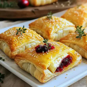 - Puff Pastry: You need one sheet of puff pastry. Thaw it before using. - Brie Cheese: Use 8 ounces of Brie cheese. Cut it into small pieces. - Cranberry Sauce: You will need 1/2 cup of cranberry sauce. Store-bought or homemade works great. - Fresh Thyme (or Dried): Add 1 tablespoon of fresh thyme leaves. You can also use 1 teaspoon of dried thyme. - Egg for Egg Wash: One egg is needed for the egg wash. This helps the bites get a nice color. - Optional Toppings: Sesame seeds add a nice touch. They give extra flavor and crunch. These ingredients come together to create a warm, tasty treat. The Brie melts beautifully and pairs well with the sweet cranberry sauce. The thyme adds a lovely herbal note. Enjoy making this simple yet gourmet snack! Preheating the Oven Start by preheating your oven to 400°F (200°C). This step is key to getting a nice, crispy finish on your bites. While the oven heats, you can begin preparing your ingredients. Preparing the Puff Pastry Next, take your thawed sheet of puff pastry. Lightly dust your counter with flour. Roll the pastry out into a square, about 12x12 inches. Then, cut it into 12 squares, each about 3x3 inches. This will give you the perfect size for each bite. Assembling the Bites Place each square onto a baking sheet lined with parchment paper. In the center of each square, add a small piece of Brie cheese. Top this with about one teaspoon of cranberry sauce and a few thyme leaves. Add a tiny pinch of salt and pepper to enhance the flavors. Now, fold the corners of each square toward the center. Pinch the edges firmly to seal them well. Baking Time and Temperature Once your bites are assembled, it’s time to bake. Place the baking sheet in your preheated oven. Bake for 15-20 minutes. Keep an eye on them until they turn puffed and golden brown. Tips for Achieving a Perfect Golden Finish For a shiny, golden look, beat an egg in a small bowl. Brush this egg wash over the tops of your pastry bites before baking. If you want, sprinkle sesame seeds on top for extra crunch and flavor. These little touches make a big difference in how your bites look and taste. Enjoy the aroma filling your kitchen as they bake! Handling Puff Pastry Puff pastry is delicate and requires care. Keep it cold. Warm dough can lose its ability to puff. Thaw it in the fridge, not on the counter. When rolling out the pastry, use a light touch. Flour your surface gently to prevent sticking. Cut the dough into squares carefully. A sharp knife works best. Ensuring a Crisp Texture For a golden and crispy finish, make sure your oven is hot. Preheat it to 400°F (200°C) before baking. Place the puff pastry bites in a well-spaced manner. This allows heat to circulate around each bite. Brush the tops with egg wash for shine. Optionally, sprinkle sesame seeds for extra crunch. Bake until they puff and turn golden brown. Additional Seasoning Ideas While thyme lifts the flavor, consider adding more herbs. Rosemary, oregano, or even a hint of garlic powder can enhance the taste. A sprinkle of crushed red pepper can add a bit of heat. Remember to taste and adjust the salt and pepper as you go. Alternatives for Cheese and Sauces You can swap Brie with other cheeses. Goat cheese or sharp cheddar also work well. For a twist, try a flavored cheese, like herbed cream cheese. Instead of cranberry sauce, use fig jam or apple chutney for a unique flavor. These choices can change the whole taste of your bites! {{image_2}} You can switch out the Brie cheese for other types. Here are some great options: - Camembert: This cheese has a similar texture and taste. - Goat cheese: It adds a tangy flavor that pairs well with cranberries. - Gruyère: This cheese melts nicely and gives a nutty taste. - Cream cheese: A mild choice that is creamy and smooth. Feel free to experiment with different cheeses. Each adds its unique touch to the dish. If you're looking for a twist, consider these sauce alternatives: - Fig jam: This sweet jam pairs perfectly with cheese. - Apple butter: It adds a fruity sweetness that complements the Brie. - Honey: Drizzling on top gives a sweet touch that balances the flavors. - Spicy mustard: For those who like a kick, this adds a nice contrast. These sauces can change the flavor and make your bites even more exciting. These puff pastry bites work great with different dips and sides. Here are some ideas: - A zesty green salad: It adds freshness and balances the richness of the bites. - Honey mustard dipping sauce: A sweet and tangy option to enjoy. - Hummus: This creamy dip adds a nice texture and flavor contrast. These pairings enhance the overall meal experience. They make it more balanced and fun. Presentation matters, especially when serving guests. Here are a few tips: - Use a wooden platter: It gives a rustic feel that fits the theme. - Garnish with fresh thyme: It adds a pop of color and a hint of flavor. - Arrange bites in a circle: This makes it visually appealing and easy to grab. These plating ideas can make your savory Brie and cranberry puff pastry bites shine at any gathering. Refrigeration Tips To keep your savory Brie and cranberry puff pastry bites fresh, place them in an airtight container. Store them in the fridge for up to three days. Make sure they cool completely before sealing. This helps maintain their crispy texture. Freezing Instructions If you want to save some for later, freeze the uncooked bites. Place them on a baking sheet, and freeze until firm. Then, transfer them to a freezer-safe bag. They can last up to three months in the freezer. When you’re ready to bake, bake them straight from frozen. Just add a few extra minutes to the baking time. How to Revive Crispiness To reheat the pastry bites and keep them crisp, use an oven. Preheat it to 350°F (175°C). Place the bites on a baking sheet lined with parchment paper. Heat them for about 10 to 15 minutes. This method helps restore their flaky texture and warm, gooey cheese inside. Avoid the microwave, as it can make them soggy. Enjoy them warm for the best flavor! Can I use frozen puff pastry? Yes, you can use frozen puff pastry. Just make sure to thaw it first. Leave it in the fridge overnight or let it sit at room temperature for about 30 minutes. This makes it easier to roll out and cut. How can I tell when they're done baking? Look for a golden brown color. The puff pastry should be puffy and crispy. You can also poke one with a fork; if it feels firm and sounds hollow, it's ready. How long do they last in the fridge? These bites last about 3 to 4 days in the fridge. Store them in an airtight container to keep them fresh. Reheat them in the oven for the best results. Can I prepare them ahead of time? Yes, you can prepare them ahead. Assemble the bites and cover them tightly. Keep them in the fridge for up to a day before baking. Just brush with egg wash right before you bake. In this blog, we explored the delightful world of puff pastry bites. We covered ingredients like brie, cranberry sauce, and fresh thyme. You learned how to prepare, assemble, and bake these tasty treats. We also shared helpful tips for perfect puff pastry, flavor ideas, and storage methods. These bites are easy to make and perfect for any occasion. You can mix and match ingredients to find your favorite taste. Enjoy creating your own puff pastry bites!