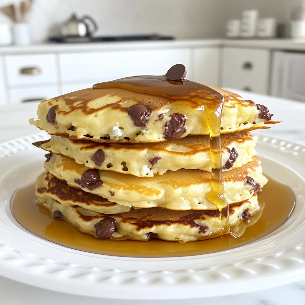 To make Cottage Cheese Chocolate Chip Pancakes, gather these simple ingredients: - 1 cup cottage cheese - 2 large eggs - 1 cup rolled oats - 1 teaspoon baking powder - 1 teaspoon vanilla extract - 1/2 teaspoon cinnamon - 1/4 teaspoon salt - 1/2 cup chocolate chips - 2 tablespoons maple syrup (for serving) - Butter or coconut oil (for cooking) Each ingredient plays a vital role in creating delicious pancakes. The cottage cheese adds protein and creaminess, while eggs bind everything together. Rolled oats give a nice texture, and baking powder helps them rise. Vanilla extract and cinnamon add warmth and flavor, while salt balances the sweetness. Chocolate chips make these pancakes a treat! Finally, maple syrup on top makes each bite even better. To make the batter, start by gathering your ingredients. You need cottage cheese, eggs, oats, baking powder, vanilla, cinnamon, and salt. Place all these into a blender. Blend them until the mixture is smooth and creamy. This step is key for light and fluffy pancakes. Once you have a smooth batter, gently fold in the chocolate chips. Use a spatula for this. Let the batter sit for about 5 minutes. This helps it thicken up a bit, making your pancakes even better. Now it’s time to cook! Take a non-stick skillet or griddle and heat it over medium heat. Add a small amount of butter or coconut oil to coat the skillet. This will help prevent sticking and give a nice flavor. For each pancake, pour about 1/4 cup of batter onto the skillet. Cook until you see bubbles forming on top, and the edges look set. This usually takes about 3-4 minutes. When the time is right, flip the pancakes. Cook the other side for 2-3 minutes until it turns golden brown. Keep an eye on them; you want them just right, not burnt! Once your pancakes are cooked, it’s time to serve! Stack them on a plate while they are warm. Drizzle some maple syrup on top for sweetness. If you want, you can add extra chocolate chips for more fun. Enjoy every bite of these tasty pancakes! To get the best pancakes, blend the batter well. Start by mixing the cottage cheese, eggs, oats, baking powder, vanilla extract, cinnamon, and salt. Blend until smooth. A smooth batter makes fluffy pancakes. Letting the batter sit is also key. After blending, allow it to rest for about 5 minutes. This helps the oats soak up some moisture. The result is a thicker and creamier batter. Getting the right heat on your skillet is crucial. Heat it over medium heat. If it’s too hot, your pancakes can burn. Test the heat by dropping a little batter on the skillet. If it sizzles, you’re ready! When it’s time to flip, wait for bubbles. Watch for bubbles forming on the surface. The edges should look set before flipping. Use a spatula to gently lift the pancake. Flip quickly but carefully to keep it intact. Cook until golden brown on both sides. {{image_2}} You can make these pancakes even better by adding fruit. Bananas or blueberries work well. Just mash the bananas or fold in the blueberries into the batter. They add sweetness and moisture. You might also try adding nuts or seeds. Chopped walnuts or chia seeds give a nice crunch. This adds healthy fats, too. Experiment with flavors you like. If you want a gluten-free option, swap rolled oats for gluten-free oats. They work just as well and keep the pancakes fluffy. For dairy-free, try using almond or soy yogurt instead of cottage cheese. You can also use plant-based milk to keep it creamy. These changes keep the taste great while fitting different diets. To keep your pancakes fresh, place them in an airtight container. They will stay good in the fridge for up to three days. If you want to keep them longer, freezing is the way to go. Just stack them with parchment paper between each pancake. This prevents them from sticking together. Then, put the stack in a freezer-safe bag. They can last for up to two months in the freezer. If you want to warm up the pancakes, the microwave works great. Place a few pancakes on a microwave-safe plate. Cover them with a damp paper towel. Heat for about 30 seconds, then check if they are warm. If not, heat for another 15 seconds. For a crispy outside, use a skillet. Heat a small amount of butter or oil over medium heat. Place the pancakes in the skillet and cook for about one minute on each side. This method gives you that delicious golden crisp. Yes, you can use different cheeses. Ricotta works well. It adds creaminess. Greek yogurt is a great choice too. It makes the pancakes light and fluffy. Both options give a nice twist to the recipe. Just remember, the texture may change a bit. To make these pancakes vegan, swap the eggs for flax eggs. Mix one tablespoon of flaxseed meal with three tablespoons of water. Let it sit until it thickens. For milk, use almond milk or oat milk. Both will keep the pancakes moist and tasty. You can serve these pancakes with many tasty sides. Fresh fruits like berries or bananas add color and flavor. A dollop of yogurt gives extra creaminess. You can also drizzle more maple syrup on top. For a fun twist, try adding crushed nuts for crunch. In this blog post, we explored how to make Cottage Cheese Chocolate Chip Pancakes. You learned about the key ingredients, the simple steps for making the batter, and cooking them to perfection. We shared tips to enhance texture and ideas for tasty variations. Don't forget the storage tips to keep leftovers fresh. Try making these pancakes today. You can enjoy them with many toppings and flavors. Your breakfast can be tasty and fun!