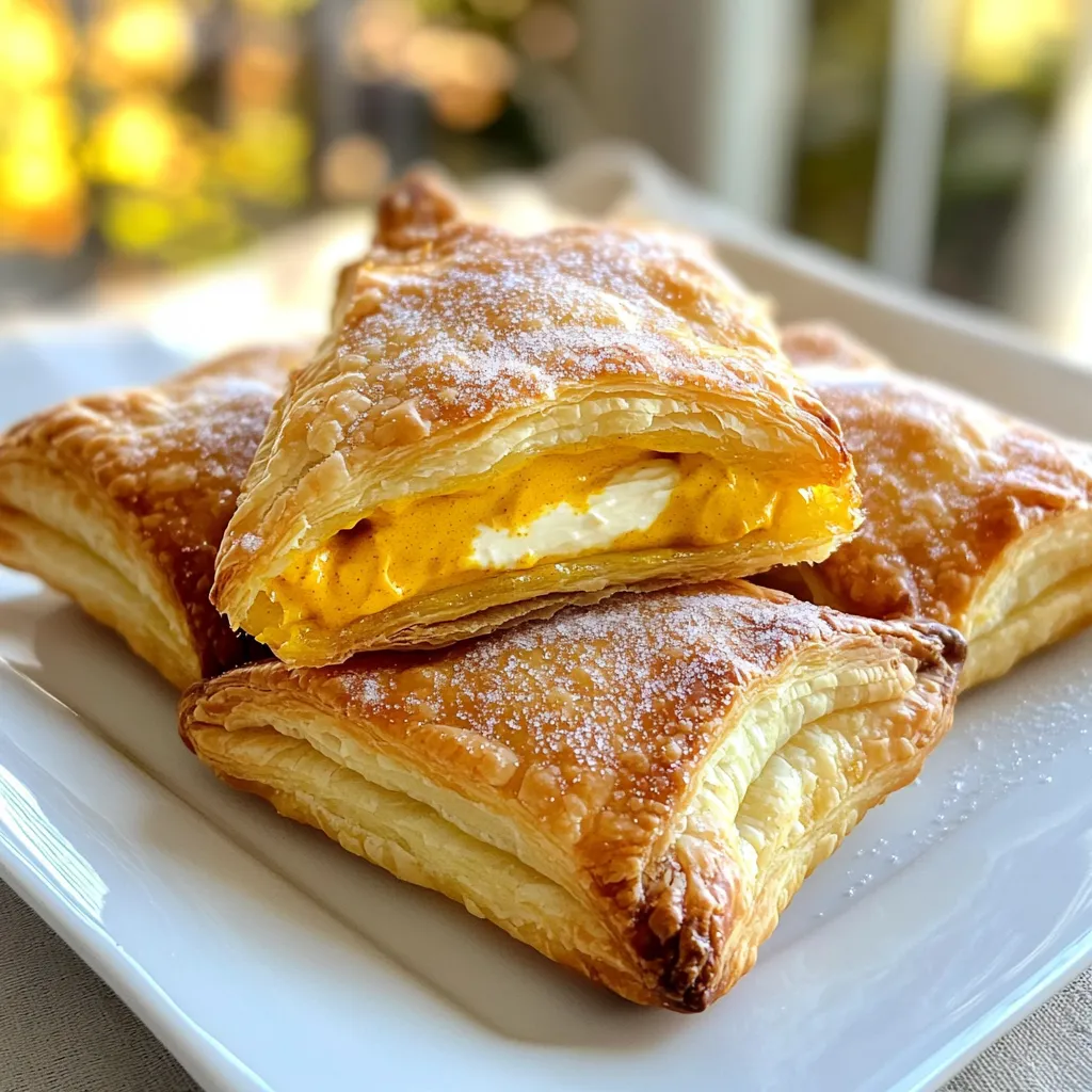 To make the perfect Pumpkin Cream Cheese Danish, you need to gather some key items. Here’s the list of ingredients: - 1 sheet of puff pastry, thawed - 8 oz cream cheese, softened - 1 cup pumpkin puree (canned or homemade) - 1/2 cup powdered sugar - 1 teaspoon vanilla extract - 1 teaspoon pumpkin spice mix (or a mix of cinnamon, nutmeg, and ginger) - 1 egg, beaten (for egg wash) - Coarse sugar (for sprinkling on top) Each ingredient plays a big role in creating that rich flavor. The puff pastry gives that light, flaky texture. Cream cheese adds creaminess, while pumpkin puree brings warmth and color. The powdered sugar sweetens the mix, and vanilla adds depth. Don't forget the pumpkin spice! It’s what gives the Danish its cozy autumn flavor. The beaten egg wash creates a nice golden hue when baked. Finally, coarse sugar on top adds a delightful crunch. With these simple ingredients, you can create something truly special. First, preheat your oven to 400°F (200°C). This ensures the Danish bakes evenly. While the oven heats, take your puff pastry out to thaw. Roll it out on a lightly floured surface. This helps to smooth any creases. Cut the pastry into four rectangles, about 4x6 inches each. This size is perfect for our filling. Next, gather your mixing bowl. Combine the softened cream cheese, pumpkin puree, powdered sugar, vanilla extract, and pumpkin spice. Mix them well until you get a smooth texture. You want it creamy but not too runny. The spice will give it that warm, cozy flavor. Now, it’s time to fill the pastry. Place a generous scoop of the pumpkin cream cheese filling in the center of each rectangle. Don’t be shy! Fold the edges of the pastry toward the center. This creates a pocket while leaving the filling exposed. Pinch the corners to seal the filling inside. This gives your Danish a lovely rustic look. Before baking, brush the top of each Danish with the beaten egg. This egg wash gives a nice golden finish. Sprinkle a little coarse sugar on top for extra sweetness and crunch. Place the Danish on a baking sheet lined with parchment paper. Bake them for 15-18 minutes until they are puffed and golden brown. Keep an eye on them; you want them to look perfect! Let them cool slightly before serving. To get the best results with puff pastry, handle it gently. If you stretch it too much, it won’t rise well. Always keep your work surface lightly floured to prevent sticking. After you roll out your pastry, cut it into rectangles. This gives each Danish a nice shape. For that perfect golden finish, brush each Danish with a beaten egg. This helps create a shiny, appealing crust. Sprinkle a bit of coarse sugar on top before baking. This adds sweetness and crunch, making each bite even better. While pumpkin spice is classic, you can switch it up. Try using cinnamon, nutmeg, or ginger on their own. They all add unique flavors that still taste great. If you like a little crunch, think about adding nuts. Chopped pecans or walnuts work well. You can also mix in chocolate chips for a sweet twist. This will give your Danish a fun surprise with each bite. When serving your Pumpkin Cream Cheese Danish, think about presentation. Serve them warm on a nice plate. A light dusting of icing sugar looks lovely. You could also add a sprinkle of extra pumpkin spice. Pair these treats with a warm drink. Coffee or chai tea are great options. The flavors blend well and make a cozy treat. Enjoy the delight of these pastries with family or friends! {{image_2}} Apple cinnamon filling You can switch the pumpkin for apple. Use chopped apples mixed with cinnamon and sugar. This gives a fresh taste. The warm flavors blend well with the cream cheese. Chocolate cream cheese version For a rich treat, try chocolate! Mix melted chocolate with cream cheese. Add a little sugar if you like it sweeter. This twist is perfect for chocolate lovers. Gluten-free options To make this recipe gluten-free, use gluten-free puff pastry. Many brands offer this option now. Check the labels to make sure they fit your needs. Vegan substitutions For a vegan version, swap cream cheese for a plant-based alternative. Use a vegan puff pastry too. Instead of the egg wash, brush with almond milk for a nice finish. To keep your pumpkin cream cheese danishes fresh, store them in the fridge. Place them in an airtight container. This helps keep them moist and prevents them from drying out. They can last in the fridge for up to three days. When you want to eat them, reheat them in the oven. Set your oven to 350°F (175°C) and bake for about 5-7 minutes. This keeps the pastry crispy and warm without losing texture. If you want to save some danishes for later, you can freeze them. First, let the baked danishes cool completely. Then, wrap each one in plastic wrap. Place them in a freezer-safe bag. They can be frozen for up to three months. When you're ready to eat one, take it out and let it thaw in the fridge overnight. After that, reheat it in the oven at 350°F (175°C) for about 10-12 minutes. This way, your pastry stays tasty and flaky. You can use sweet potato puree for a tasty swap. It has a similar texture and flavor. If you want a lighter option, try using applesauce. It adds moisture but changes the flavor. You can also blend cooked butternut squash for a nice alternative. Each option gives a unique twist to your Danish! Yes! You can prepare the filling a day ahead. Store it in an airtight container in the fridge. You can also assemble the danishes and keep them in the fridge for a few hours before baking. Just remember to brush them with egg wash right before baking. This will help them puff up nicely. Look for a golden brown color on the pastry. The edges should be crisp and puffed up. When you tap the top, it should sound hollow. If your kitchen smells amazing, that is a good sign too! Let them cool slightly before serving to enjoy the best texture. You now have all the steps to create delicious pumpkin danishes. We discussed the main ingredients and how they combine to make a tasty filling. I shared tips for perfecting your puff pastry and suggested fun filling variations. Don't forget about storage and reheating methods for leftovers, as well as common questions. In the end, making these danishes is easy and rewarding. Enjoy baking and sharing your treats with others!