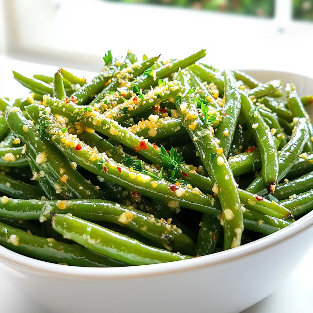 To make Air Fryer Crispy Garlic Parmesan Green Beans, you will need: - 1 pound fresh green beans, trimmed - 3 tablespoons olive oil - 4 cloves garlic, minced - 1/2 cup grated Parmesan cheese - 1 teaspoon garlic powder - 1 teaspoon onion powder - 1/2 teaspoon red pepper flakes (optional) - Salt and pepper to taste - Fresh parsley, chopped (for garnish) These ingredients give the dish its tasty crunch and rich flavor. You can tweak this recipe to fit your taste. Here are some options: - Lemon zest for a fresh twist - Balsamic glaze for sweetness - Lemon juice for extra brightness - Chopped nuts for added crunch These add-ins can make your dish even more exciting! Don't worry if you don’t have everything. Here are some swaps you can try: - If you lack fresh green beans, use frozen ones. - Swap olive oil for avocado oil or melted butter. - Use nutritional yeast instead of Parmesan for a vegan option. - Garlic powder can be replaced with garlic salt, but cut back on regular salt. These substitutions can still help you create a delicious meal! 1. Start by preheating your air fryer to 400°F (200°C) for about 5 minutes. This step ensures even cooking. 2. Take 1 pound of fresh green beans and trim the ends. You want them nice and clean. 3. In a large mixing bowl, add the trimmed green beans. Pour in 3 tablespoons of olive oil. Toss until the beans are well-coated. 4. Mince 4 cloves of garlic and add them to the bowl. This gives a strong garlic flavor. 5. Next, sprinkle in 1 teaspoon of garlic powder and 1 teaspoon of onion powder. 6. If you like some heat, add 1/2 teaspoon of red pepper flakes. Then add salt and pepper to taste. 7. Mix everything well to ensure all beans are seasoned. 8. Finally, add 1/2 cup of grated Parmesan cheese. Toss again until the cheese covers the beans evenly. 1. Place the green beans in a single layer in the air fryer basket. Avoid overcrowding for the best results. 2. Cook the green beans for about 8-10 minutes. Shake the basket halfway through to promote even cooking. 3. Keep an eye on them as they cook. You want them crispy and the cheese golden brown. 4. Once done, carefully remove the green beans from the air fryer. 1. Transfer the crispy green beans to a serving dish. 2. Garnish with chopped fresh parsley for a pop of color. 3. Enjoy them as a side dish or snack. They pair well with grilled meats or pasta. To get the best crispiness, keep the beans in a single layer. This helps the hot air flow around them. If you stack them, they won’t cook evenly. Shake the basket halfway through cooking. This ensures all sides get crispy. You can also try cooking in batches if you have a lot of beans. For added flavor, use fresh herbs like thyme or rosemary. You can mix in lemon zest for a bright taste. Try different cheeses, like Pecorino Romano, for a unique twist. A splash of balsamic vinegar before serving can boost the flavor, too. If you enjoy heat, increase the red pepper flakes. Adjust these flavors based on your taste. Cooking time may vary with different air fryers. Start checking at 8 minutes. If they need more time, check every minute. The goal is crispy beans with golden cheese. If you want softer beans, reduce the cooking time by a few minutes. Always shake the basket for even cooking. {{image_2}} You can switch up the cheese for a new taste. Try using Asiago or Pecorino Romano cheese. These cheeses add a sharp flavor that complements the green beans. If you prefer a milder taste, use mozzarella. This will give you a gooey texture that melts well. Experiment with different cheeses until you find your favorite. If you like spice, add more red pepper flakes. You can also try a dash of cayenne pepper for extra heat. For a smoky flavor, add smoked paprika. These spices will wake up your taste buds. You can adjust the heat level to fit your taste. Just remember to mix well so that the heat spreads evenly. Want to make your green beans heartier? Add some roasted chickpeas or diced bell peppers. These ingredients will not only add texture but also boost nutrition. You can also toss in some cherry tomatoes for a pop of color. This makes the dish more vibrant and appealing. Each addition brings a unique flavor to the mix. Don't be afraid to get creative! To store your leftovers, let the green beans cool. Use an airtight container for best results. Place the beans inside and seal it tight. They can stay fresh in the fridge for up to three days. If you want to keep them longer, freezing is a great option. When you are ready to eat your leftover green beans, reheat them in the air fryer. Set your air fryer to 350°F (175°C). Heat the beans for about 3-5 minutes. This method makes them crispy again. You can also use a microwave if you are in a hurry. Just heat in short bursts to avoid sogginess. If you want to freeze these beans, make sure they are cool first. Spread them out on a baking sheet in a single layer. Freeze them for about 1-2 hours until firm. Once frozen, transfer the beans to a freezer bag. Remove as much air as you can before sealing. They can last for up to three months in the freezer. When you’re ready to cook, no need to thaw. Just air fry them straight from the freezer! Yes, you can use frozen green beans. However, you should thaw them first. This helps to remove excess moisture. Pat them dry with a paper towel before cooking. This step is key for crispiness. Cooking time may vary, so check them often. To avoid soggy green beans, make sure they are dry. Use fresh green beans if possible. If using frozen beans, thaw and dry them well. Coat them lightly with olive oil. Do not overcrowd the air fryer basket. This allows hot air to circulate freely. Shake the basket halfway through cooking for even crispness. Garlic parmesan green beans pair well with many dishes. Serve them with grilled chicken or steak. They also go great with fish or pasta. For a vegetarian meal, enjoy them with quinoa or rice. You can even add them to a fresh salad for extra crunch. In this blog post, I shared a complete guide to cooking garlic parmesan green beans. We covered the main ingredients, optional add-ins, and how to swap ingredients if needed. I provided detailed steps for preparing and air frying the beans, along with tips for extra crispiness and flavor. Don't forget the various cheese options and spicy versions you can try. Lastly, I included advice on storing leftovers and reheating them. Enjoy cooking, experimenting, and sharing these delicious green beans!