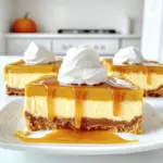 - 1 ½ cups graham cracker crumbs - ½ cup unsalted butter, melted - ¼ cup brown sugar - 16 oz cream cheese, softened - 1 cup canned pumpkin puree - 1 cup granulated sugar - ½ teaspoon vanilla extract - ½ teaspoon ground cinnamon - ¼ teaspoon ground nutmeg - ¼ teaspoon ground ginger - 3 large eggs - ½ cup caramel sauce (store-bought or homemade) - Whipped cream (for topping) You can add chocolate chips or nuts for extra flavor. A little salt can enhance the taste of the crust. If you enjoy a spicier kick, try adding a pinch of cloves. For dairy-free, use vegan cream cheese. Coconut oil can replace unsalted butter. If you need a gluten-free option, choose gluten-free graham crackers. For egg-free, use flax eggs or a similar substitute. First, set your oven to 350°F (175°C). This step is key for even baking. It makes sure your pumpkin cheesecake bars come out just right. In a mixing bowl, combine these ingredients: - 1 ½ cups graham cracker crumbs - ½ cup unsalted butter, melted - ¼ cup brown sugar Stir until the mixture looks like wet sand. This helps form a tasty crust. Next, press the mixture into the bottom of a greased 9x13 inch baking dish. You want it even and firm. Bake this crust for 8-10 minutes. It should be set and lightly golden. Once done, take it out and let it cool. Grab a large mixing bowl. Beat 16 oz of softened cream cheese with an electric mixer until it’s creamy. Then, add 1 cup canned pumpkin puree, 1 cup granulated sugar, and ½ teaspoon vanilla extract. Mix until everything is well blended. Now, it's time to add the eggs. You need 3 large eggs for this part. Add them one at a time. Mix on low speed after each egg until just blended. Be careful! Overmixing can ruin the filling. Pour the cheesecake filling over the cooled crust. Spread it evenly with a spatula. Then, bake it for 40-45 minutes. It’s done when the edges are set, and the center is slightly jiggly. It will firm up as it cools. After baking, take the cheesecake bars out of the oven. Let them cool at room temperature for about 30 minutes. Then, refrigerate for at least 2 hours. This chilling makes the bars firm and easy to cut. Once chilled, slice them into squares. Drizzle ½ cup of caramel sauce over each piece. Top with whipped cream for an extra treat! To make your cheesecake bars smooth and creamy, start with room temperature cream cheese. Cold cream cheese can form lumps. When mixing, use a hand mixer on low speed. This helps avoid too much air in the batter. Overmixing can make the texture grainy. Here are some common mistakes and how to avoid them: - Overbaking: Check the bars at the 40-minute mark. The center should jiggle slightly. - Undercooking: Let the bars cool completely before cutting. This helps them firm up. - Not cooling the crust: Cool the crust before adding the filling. This prevents a soggy bottom. For a lovely presentation, cut the bars into even squares. Drizzle warm caramel sauce over each piece. Add a dollop of whipped cream on top. You can also sprinkle a little cinnamon for extra flair. Serve them on a beautiful platter for a stunning look. These tips will impress your guests! {{image_2}} You can easily change the flavor of your pumpkin cheesecake bars. For a chocolate twist, add ½ cup of melted dark chocolate to the filling. This will give a rich chocolate taste that pairs well with pumpkin. If you want more spice, add extra cinnamon or try a mix of allspice. You can also use flavored extracts like maple or almond to change the taste. The crust can also be modified. For a nut-based crust, use 1 cup of finely chopped nuts, like pecans or almonds. Mix them with melted butter and a bit of sugar. This adds a nice crunch. For a cookie crust, use crushed Oreos or ginger snaps instead of graham crackers. This gives a unique flavor and texture to the bars. If you need gluten-free options, replace graham cracker crumbs with gluten-free crumbs. You can find these in stores or make them from gluten-free cookies. For a vegan version, use vegan cream cheese and flax eggs instead of regular eggs. This way, you can enjoy the bars without dairy or eggs. To keep your pumpkin cheesecake bars fresh, store them in the fridge. Use an airtight container to prevent them from drying out. If you have leftover bars, place parchment paper between layers to avoid sticking. This method keeps them moist and tasty. You can also freeze these bars for later enjoyment. First, let them cool completely in the fridge. Next, cut them into squares. Wrap each piece in plastic wrap and place them in a freezer-safe bag. They can last up to three months in the freezer. To enjoy, thaw them in the fridge overnight. In the fridge, pumpkin cheesecake bars can last about five days. Make sure to keep them covered. If you notice any signs of spoilage, it’s best to toss them. Enjoying them fresh is always the best choice! Yes, you can use fresh pumpkin. First, cook and puree the pumpkin. This adds a fresh taste. Be sure to drain any extra moisture. Use about the same amount, one cup, as you would with canned pumpkin. The cheesecake is done when the edges are set. The center should still jiggle a bit. It will firm up as it cools. Look for a light golden color around the edges too. You can use mascarpone or Greek yogurt as a substitute. Both add creaminess but will change the flavor a bit. Vegan cream cheese is a good option for a dairy-free choice too. Absolutely! You can make these bars a day in advance. Just store them in the fridge. This gives the flavors time to meld together. Plus, it saves time for your event. This article covered how to make delicious pumpkin cheesecake bars. We explored the key ingredients and measurements needed. I shared helpful tips for baking and avoiding mistakes. You can mix and match ingredients for fun variations. Proper storage ensures your bars stay fresh longer. Remember, practice makes perfect! Enjoy experimenting with flavors and tweaks. Soon, you’ll have a favorite recipe that impresses everyone. Happy baking!