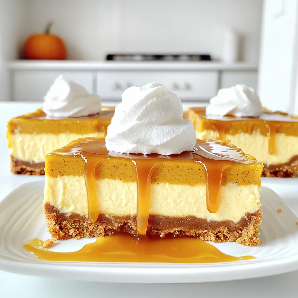 - 1 ½ cups graham cracker crumbs - ½ cup unsalted butter, melted - ¼ cup brown sugar - 16 oz cream cheese, softened - 1 cup canned pumpkin puree - 1 cup granulated sugar - ½ teaspoon vanilla extract - ½ teaspoon ground cinnamon - ¼ teaspoon ground nutmeg - ¼ teaspoon ground ginger - 3 large eggs - ½ cup caramel sauce (store-bought or homemade) - Whipped cream (for topping) You can add chocolate chips or nuts for extra flavor. A little salt can enhance the taste of the crust. If you enjoy a spicier kick, try adding a pinch of cloves. For dairy-free, use vegan cream cheese. Coconut oil can replace unsalted butter. If you need a gluten-free option, choose gluten-free graham crackers. For egg-free, use flax eggs or a similar substitute. First, set your oven to 350°F (175°C). This step is key for even baking. It makes sure your pumpkin cheesecake bars come out just right. In a mixing bowl, combine these ingredients: - 1 ½ cups graham cracker crumbs - ½ cup unsalted butter, melted - ¼ cup brown sugar Stir until the mixture looks like wet sand. This helps form a tasty crust. Next, press the mixture into the bottom of a greased 9x13 inch baking dish. You want it even and firm. Bake this crust for 8-10 minutes. It should be set and lightly golden. Once done, take it out and let it cool. Grab a large mixing bowl. Beat 16 oz of softened cream cheese with an electric mixer until it’s creamy. Then, add 1 cup canned pumpkin puree, 1 cup granulated sugar, and ½ teaspoon vanilla extract. Mix until everything is well blended. Now, it's time to add the eggs. You need 3 large eggs for this part. Add them one at a time. Mix on low speed after each egg until just blended. Be careful! Overmixing can ruin the filling. Pour the cheesecake filling over the cooled crust. Spread it evenly with a spatula. Then, bake it for 40-45 minutes. It’s done when the edges are set, and the center is slightly jiggly. It will firm up as it cools. After baking, take the cheesecake bars out of the oven. Let them cool at room temperature for about 30 minutes. Then, refrigerate for at least 2 hours. This chilling makes the bars firm and easy to cut. Once chilled, slice them into squares. Drizzle ½ cup of caramel sauce over each piece. Top with whipped cream for an extra treat! To make your cheesecake bars smooth and creamy, start with room temperature cream cheese. Cold cream cheese can form lumps. When mixing, use a hand mixer on low speed. This helps avoid too much air in the batter. Overmixing can make the texture grainy. Here are some common mistakes and how to avoid them: - Overbaking: Check the bars at the 40-minute mark. The center should jiggle slightly. - Undercooking: Let the bars cool completely before cutting. This helps them firm up. - Not cooling the crust: Cool the crust before adding the filling. This prevents a soggy bottom. For a lovely presentation, cut the bars into even squares. Drizzle warm caramel sauce over each piece. Add a dollop of whipped cream on top. You can also sprinkle a little cinnamon for extra flair. Serve them on a beautiful platter for a stunning look. These tips will impress your guests! {{image_2}} You can easily change the flavor of your pumpkin cheesecake bars. For a chocolate twist, add ½ cup of melted dark chocolate to the filling. This will give a rich chocolate taste that pairs well with pumpkin. If you want more spice, add extra cinnamon or try a mix of allspice. You can also use flavored extracts like maple or almond to change the taste. The crust can also be modified. For a nut-based crust, use 1 cup of finely chopped nuts, like pecans or almonds. Mix them with melted butter and a bit of sugar. This adds a nice crunch. For a cookie crust, use crushed Oreos or ginger snaps instead of graham crackers. This gives a unique flavor and texture to the bars. If you need gluten-free options, replace graham cracker crumbs with gluten-free crumbs. You can find these in stores or make them from gluten-free cookies. For a vegan version, use vegan cream cheese and flax eggs instead of regular eggs. This way, you can enjoy the bars without dairy or eggs. To keep your pumpkin cheesecake bars fresh, store them in the fridge. Use an airtight container to prevent them from drying out. If you have leftover bars, place parchment paper between layers to avoid sticking. This method keeps them moist and tasty. You can also freeze these bars for later enjoyment. First, let them cool completely in the fridge. Next, cut them into squares. Wrap each piece in plastic wrap and place them in a freezer-safe bag. They can last up to three months in the freezer. To enjoy, thaw them in the fridge overnight. In the fridge, pumpkin cheesecake bars can last about five days. Make sure to keep them covered. If you notice any signs of spoilage, it’s best to toss them. Enjoying them fresh is always the best choice! Yes, you can use fresh pumpkin. First, cook and puree the pumpkin. This adds a fresh taste. Be sure to drain any extra moisture. Use about the same amount, one cup, as you would with canned pumpkin. The cheesecake is done when the edges are set. The center should still jiggle a bit. It will firm up as it cools. Look for a light golden color around the edges too. You can use mascarpone or Greek yogurt as a substitute. Both add creaminess but will change the flavor a bit. Vegan cream cheese is a good option for a dairy-free choice too. Absolutely! You can make these bars a day in advance. Just store them in the fridge. This gives the flavors time to meld together. Plus, it saves time for your event. This article covered how to make delicious pumpkin cheesecake bars. We explored the key ingredients and measurements needed. I shared helpful tips for baking and avoiding mistakes. You can mix and match ingredients for fun variations. Proper storage ensures your bars stay fresh longer. Remember, practice makes perfect! Enjoy experimenting with flavors and tweaks. Soon, you’ll have a favorite recipe that impresses everyone. Happy baking!