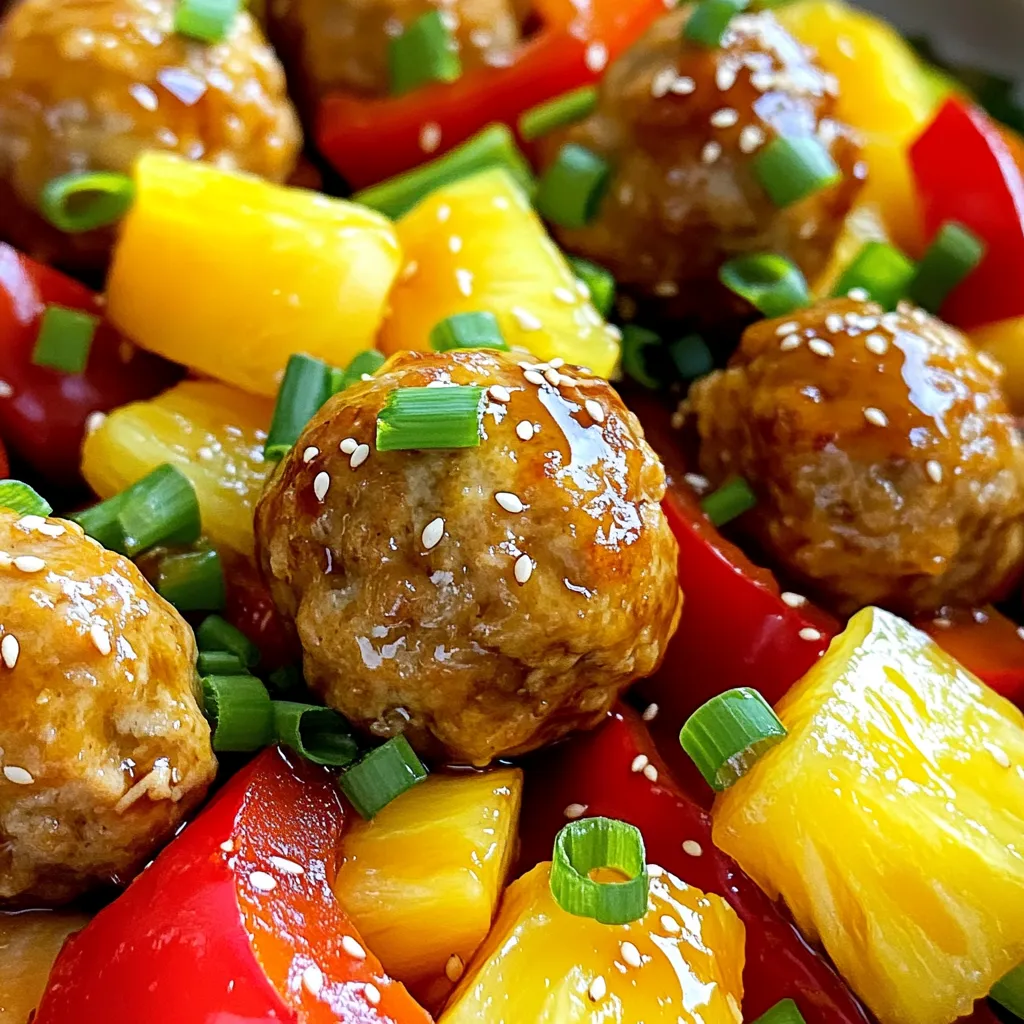 - 1 lb ground chicken or turkey - 1/2 cup breadcrumbs - 1/4 cup grated parmesan cheese I love using ground chicken or turkey for these meatballs. They stay tender and juicy. The breadcrumbs help bind the meatballs together. Parmesan cheese adds a nice flavor boost. These three items form the base of our meatball mix. - 2 tablespoons soy sauce - 1 tablespoon fresh ginger, minced - 2 cloves garlic, minced - 1 teaspoon sesame oil - 1/2 teaspoon black pepper Soy sauce gives a salty depth to the meatballs. Fresh ginger and garlic bring warmth and spice. Sesame oil adds a nutty flavor. Black pepper gives a nice kick. These ingredients elevate the taste of your dish. - 1 can pineapple chunks (in juice, drained) - 1 bell pepper (any color), chopped into bite-sized pieces - 1 medium red onion, chopped into wedges Pineapple chunks bring sweetness that balances the savory meatballs. Bell pepper adds crunch and color. Red onion gives a mild sharpness. Together, these veggies make the dish vibrant and fun. They roast beautifully on the sheet pan and soak up all the flavors. First, I preheat my oven to 400°F (200°C). I line a large sheet pan with parchment paper. This makes cleanup very easy. Next, I grab a big mixing bowl. I add the ground chicken or turkey, breadcrumbs, and grated parmesan cheese. Then, I crack in a large egg. I pour in the soy sauce, minced ginger, and minced garlic. I also add the sesame oil and black pepper. I mix everything well until it looks nice and even. Now comes the fun part! I take some of the meatball mixture and roll it into balls. Each ball is about 1 to 1.5 inches wide. I place them on the prepared sheet pan, leaving some space between them. This step is key to getting those perfect meatballs! In a separate bowl, I toss the pineapple chunks, chopped bell pepper, and red onion together. I add a tablespoon of teriyaki sauce to coat the veggies well. Next, I arrange these colorful vegetables and pineapple around the meatballs on the sheet pan. I drizzle the rest of the teriyaki sauce over everything. Finally, I bake the pan in the oven for 20 to 25 minutes. I check to ensure the meatballs are cooked through and golden brown. For an extra touch, I switch the oven to broil for the last 5 minutes. This step helps caramelize the meatballs and veggies, making them even more delicious! To ensure your meatballs are juicy, use ground chicken or turkey. These meats are lean, so moisture is key. Mix in breadcrumbs and cheese to help keep them tender. The egg binds everything, adding more moisture. Bake the meatballs at 400°F (200°C) for 20-25 minutes. For extra flavor, switch your oven to broil for the last 5 minutes. This caramelizes the meatballs and veggies, making them even tastier. Keep an eye on them to prevent burning. Add a burst of color to your dish with green onions. Slice them thin and sprinkle on top after baking. This adds a fresh touch and a mild onion flavor. Sesame seeds also make a great garnish. They add crunch and a nutty taste. For a complete meal, serve your meatballs with rice or quinoa. These grains soak up the teriyaki sauce and balance the dish. Enjoy your meal! {{image_2}} You can change the meat in this recipe. Use beef, pork, or even meat substitutes. Each option gives a new taste. Ground beef adds a rich flavor. Pork brings a bit of sweetness. Meat substitutes, like lentils or beans, make it plant-based. For breadcrumbs, consider gluten-free options. Use ground oats or crushed rice crackers. They work well and keep the meatballs together. You can also use panko breadcrumbs for extra crunch. You can customize the teriyaki sauce to match your taste. Add more soy sauce for a saltier bite. You can mix in honey or brown sugar for sweetness. A splash of rice vinegar gives a tangy kick. If you like heat, add red pepper flakes or sriracha for spice. Adding extra vegetables can boost nutrition and flavor. Try carrots, zucchini, or snap peas. Chop them into bite-sized pieces. Mix them with the pineapple. This adds color and makes the dish more exciting. Customize it based on what you have at home. To keep your teriyaki meatballs fresh, follow these steps: - Let the meatballs cool completely before storing. - Place them in an airtight container. - Add any leftover veggies and sauce for extra flavor. - Store in the fridge for up to three days. This way, you will enjoy the taste and texture later. If you want to save meatballs for later, freezing is a great choice. Here’s how: - Place cooled meatballs in a single layer on a baking sheet. - Freeze them for about one hour until firm. - Transfer the meatballs to a freezer-safe bag or container. - Be sure to label with the date for easy tracking. When you are ready to eat, thaw meatballs in the fridge overnight. Reheat them in the oven at 350°F (175°C) for about 15-20 minutes. This keeps them juicy and tasty! How do I know when meatballs are fully cooked? Meatballs are fully cooked when they reach an internal temperature of 165°F (74°C). You can use a meat thermometer to check. The meatballs should also be firm to the touch and golden brown outside. If you cut one open, the inside should not be pink, and the juices should run clear. Can I use store-bought teriyaki sauce or make my own? Yes, you can use store-bought teriyaki sauce for convenience. However, making your own can add a personal touch. A simple homemade teriyaki sauce needs soy sauce, brown sugar, garlic, and ginger. Combine these ingredients and simmer until thickened. This way, you can adjust the sweetness or saltiness to your liking. What can I serve with teriyaki meatballs? Teriyaki meatballs pair well with steamed rice or quinoa to soak up the sauce. You can also serve them with a side of stir-fried vegetables for extra crunch and color. Another option is to add a fresh salad with a light dressing. This balance makes for a colorful and tasty meal. Teriyaki meatballs are easy to make and very tasty. We covered the main ingredients like ground chicken, breadcrumbs, and soy sauce. You learned how to mix, shape, and bake the meatballs with veggies. I shared tips for juicy meatballs and garnish ideas. We also explored different ingredient swaps and storage methods. Now, you can enjoy these flavor-packed meatballs any time. Don’t be afraid to try new twists to make them your own. Happy cooking!
