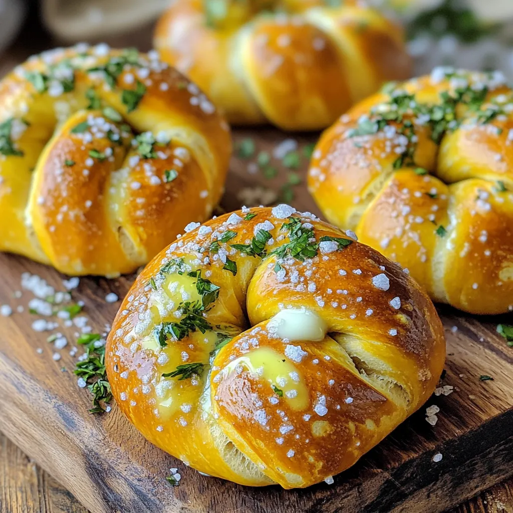 - 2 cups warm water (110°F to 115°F) - 1 packet (2 ¼ teaspoons) active dry yeast - 2 tablespoons granulated sugar - 4 ½ cups all-purpose flour - 1 teaspoon salt - ½ cup baking soda - 1 large egg, beaten - ½ cup grated Parmesan cheese - 4 tablespoons unsalted butter, melted - 4 cloves garlic, minced - 1 teaspoon dried oregano - Coarse sea salt, for topping To make your Garlic Parmesan Knotted Pretzels, gather these fresh ingredients. Start with warm water. This helps the yeast activate. The yeast is key to making your pretzels rise. Next, have granulated sugar ready. It feeds the yeast and helps it work well. For the dough, use all-purpose flour and salt. These dry ingredients make a perfect base. You will also need baking soda. This creates that nice, chewy pretzel texture when you boil the knots. For the toppings, grab grated Parmesan cheese and minced garlic. These add so much flavor. Dried oregano brings in a nice herbal note. Lastly, coarse sea salt gives that extra crunch on top. With these ingredients, you can make a snack that everyone will love. The rich garlic and cheese flavor pairs perfectly with the soft pretzel texture. Let’s get cooking! 1. Start by combining warm water, yeast, and sugar in a large bowl. Make sure the water is between 110°F to 115°F. This warm water helps the yeast wake up. Let this mixture sit for about 5 minutes until it becomes frothy. 2. Next, add flour and salt to the yeast mixture. Then knead the dough for 5 to 7 minutes. You want a smooth and soft dough. If it’s too sticky, you can add a bit more flour. 3. Once kneaded, place the dough into a greased bowl. Cover it with a damp cloth and let it rise in a warm spot. Wait for about 1 hour. The dough will double in size, which means it’s ready for the next step. 1. After the dough rises, punch it down gently to release air. Divide the dough into 12 equal pieces. 2. Roll each piece into a long rope, about 12 inches long. Then, twist the rope into a knot shape. Make sure the ends are tucked under so they hold their shape. 1. Preheat your oven to 425°F (220°C) and line two baking sheets with parchment paper. 2. In a large pot, bring 10 cups of water to a boil. Add the baking soda to the boiling water. This step gives the pretzels that classic chewy texture. 3. Carefully drop each knotted pretzel into the boiling water for about 30 seconds. Use a slotted spoon to lift them out and place them back on the baking sheets. 4. Brush each pretzel with a beaten egg. Then sprinkle them with grated Parmesan cheese, minced garlic, and a pinch of coarse sea salt. 5. Bake the pretzels in the preheated oven for 12 to 15 minutes. They should turn golden brown and smell amazing. 6. While they bake, mix melted butter with dried oregano. Brush this mixture over the warm pretzels when they come out of the oven for extra flavor. These steps will help you create delicious garlic Parmesan knotted pretzels that everyone will love. Enjoy the process and the yummy result! Kneading time is key for good pretzels. Knead the dough for 5 to 7 minutes. This helps develop gluten, giving your pretzels a nice chew. If you knead too little, the dough may be dense. Too much kneading can make it tough. For the best rise, find a warm spot. Cover the dough with a damp cloth. Let it rise for about an hour. The dough should double in size. If your kitchen is cool, try placing it near a warm oven. This makes sure the yeast works well. You can boost flavor with extra spices. Try adding a pinch of smoked paprika for a smoky taste. A dash of cayenne pepper adds heat, too. Mix these spices into the dough for extra depth. Cheese options are fun to play with. While Parmesan is tasty, cheddar brings a sharp flavor. Mozzarella offers a gooey texture. You can even try vegan cheese for a dairy-free twist. Just make sure it melts well! {{image_2}} You can change the cheese in these pretzels. Cheddar and mozzarella are great options. Cheddar gives a sharp flavor, while mozzarella adds a nice stretch. If you want a vegan twist, try vegan cheese. Look for brands that melt well. This way, everyone can enjoy these tasty snacks. You can add more flavor to your pretzels. Fresh herbs, like rosemary or thyme, work well. You can also sprinkle in spices like paprika or cayenne for a kick. Want something sweet? Try adding cinnamon and sugar instead. This sweet twist gives a new take on the classic pretzel. To keep your garlic Parmesan knotted pretzels fresh, you have two options: refrigeration or freezing. - Refrigeration: Place cooled pretzels in an airtight container. They stay good for up to 3 days. Keep them away from moisture to prevent them from becoming soggy. - Freezing: Wrap pretzels tightly in plastic wrap, then foil. This helps avoid freezer burn. They can last up to 3 months in the freezer. When it’s time to enjoy them again, reheating is simple. - Reheat in the oven: Preheat your oven to 350°F (175°C). Place the pretzels directly on the rack or a baking sheet. Heat for about 10 minutes. This will restore their crispiness. - Microwave option: You can use a microwave, but this may make them soft. Place a damp paper towel over the pretzel and heat for 20-30 seconds. For best quality, aim to eat your pretzels within 3 days if stored in the fridge. If frozen, they taste best within the first month. Signs of spoilage include: - Odor: If they smell sour or off, it’s time to toss them. - Texture: If they feel slimy or too hard, they are no longer good. - Mold: Any visible mold means they are unsafe to eat. Keeping an eye on these signs helps you enjoy your pretzels at their best quality. How do I make pretzel dough without yeast? You can use baking powder instead. Mix flour, salt, and baking powder for a quick dough. Add warm water to form a soft mix. Knead it gently, shape your pretzels, and boil them in water with baking soda. This gives them a nice texture. Can I prepare the dough in advance? Yes, you can! Make the dough and let it rise. Then, cover it and store it in the fridge. It can stay fresh for up to 24 hours. Just remember to let it warm up before shaping. This step helps the dough rise evenly. What is the best way to serve garlic parmesan knotted pretzels? Serve them warm for the best taste. Pair with marinara sauce or cheese dip for fun. You can also sprinkle more Parmesan on top or add fresh herbs. Serving with a drink, like beer or lemonade, makes for a tasty snack. In this article, we explored how to make delicious pretzels from scratch. We discussed key ingredients, step-by-step instructions, and helpful tips for great texture. Plus, we talked about tasty variations and storage methods. Remember, practice makes perfect. Don’t be afraid to try new flavors or methods. With time, you’ll master pretzel making. Enjoy your homemade pretzels fresh or share them with friends and family!
