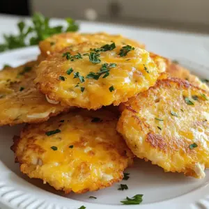 To make cheesy chicken fritters, gather these items: - 2 cups cooked chicken, shredded - 1 cup shredded cheddar cheese - 1/2 cup all-purpose flour - 1/2 cup breadcrumbs - 1/4 cup grated Parmesan cheese - 2 large eggs - 2 green onions, finely chopped - 1 teaspoon garlic powder - 1 teaspoon onion powder - Salt and pepper to taste - Olive oil, for frying These ingredients create a tasty and crunchy snack. The chicken gives protein, while the cheese adds a creamy touch. You can swap some ingredients if needed. Here are a few ideas: - Use cooked turkey instead of chicken for a different flavor. - Swap cheddar cheese for mozzarella or pepper jack for extra spice. - Replace breadcrumbs with crushed cornflakes for a crunchier texture. - Use whole wheat flour instead of all-purpose flour for a healthier option. These changes keep the dish exciting and can fit your pantry items. When you shop for ingredients, look for the best quality: - Choose fresh chicken from a trusted source. Cooked rotisserie chicken works well. - Select block cheese and shred it yourself for better taste. Pre-shredded cheese often has additives. - Look for breadcrumbs that are made from whole grain for added nutrition. - Pick fresh green onions with bright green tops and firm bases. High-quality ingredients make a big difference in flavor and texture. Enjoy your cooking journey! {{ingredient_image_1}} Start by gathering your ingredients. You will need 2 cups of cooked chicken, shredded. I like to use leftover rotisserie chicken for added flavor. Next, get 1 cup of shredded cheddar cheese, 1/2 cup of all-purpose flour, and 1/2 cup of breadcrumbs. These help bind the fritters and give them texture. You will also need 1/4 cup of grated Parmesan cheese and 2 large eggs for richness. Don’t forget 2 green onions, finely chopped, 1 teaspoon of garlic powder, and 1 teaspoon of onion powder. Lastly, add salt and pepper to taste. In a large mixing bowl, combine all the shredded chicken, cheddar cheese, flour, breadcrumbs, Parmesan cheese, and green onions. Mix these well to combine. In a separate bowl, beat the eggs. Add the garlic powder, onion powder, salt, and pepper into the eggs. This adds flavor to the fritters. Now, pour the egg mixture into the chicken mixture. Mix them well until they form a dough-like consistency. This step is crucial for a good texture. Next, heat a non-stick skillet over medium heat. Add enough olive oil to coat the bottom of the pan. You want the oil hot enough to fry but not smoking. While the oil heats, use your hands to form small patties, about the size of your palm. Once the oil is hot, carefully place the patties in the skillet. Make sure not to overcrowd the pan. Fry them in batches if needed. Cook each fritter for about 4-5 minutes on each side. They should turn golden brown and crispy. Adjust the heat if they cook too fast. When they are done, transfer the fritters onto a paper towel-lined plate. This helps absorb any extra oil. To get that perfect crunch, ensure your oil is hot before adding the fritters. If the oil is not hot enough, the fritters will soak up too much oil and become soggy. Also, don’t skip the breadcrumbs; they add a great texture and crunch. If you want an extra crispy finish, you can double coat the fritters. First, coat them in flour, then dip them in egg, and finally coat again in breadcrumbs before frying. For serving, enjoy these warm with your favorite dipping sauce, such as ranch or spicy aioli. A sprinkle of chopped parsley on top can also add a fresh touch! To get that golden, crispy outside on your fritters, heat the oil well. Use a non-stick skillet and coat it with olive oil. Test the oil by dropping a tiny bit of the batter in. If it sizzles, your oil is ready. Fry in batches to avoid overcrowding. This keeps the oil hot and helps them fry evenly. If you want a softer fritter, add a bit more flour. For a crunchier bite, increase the breadcrumbs. You can also play with flavors. Try adding herbs like parsley or basil for freshness. Adjust the garlic and onion powders to match your taste. Remember, seasoning is key! These fritters shine when served warm. Pair them with ranch or spicy aioli for dipping. A sprinkle of chopped parsley adds a nice touch. You can also serve them with a side salad for a balanced meal. Enjoy your fritters while they’re fresh for the best flavor! Pro Tips Use Leftover Chicken: These fritters are perfect for using up leftover rotisserie chicken, which adds great flavor and saves time. Adjust the Seasoning: Feel free to tweak the spices according to your taste; adding smoked paprika or cayenne pepper can give them an extra kick! Check Oil Temperature: Make sure the oil is hot enough before adding the patties; a drop of batter should sizzle immediately when it hits the oil. Experiment with Cheese: Try using different cheeses like pepper jack or mozzarella for a unique flavor twist in your fritters. {{image_2}} You can make your cheesy chicken fritters even better by adding veggies. Chop up some bell peppers, zucchini, or spinach. They add color and taste. Fresh herbs like parsley or cilantro also work great. Just mix them in with the chicken. This gives you more flavor and makes the fritters even healthier. While cheddar cheese is a classic choice, feel free to switch it up. You can use mozzarella for a milder taste. Feta cheese adds a salty kick and pairs well with herbs. If you want something sharp, try aged gouda. Mix and match to find your favorite combo. The right cheese can change the whole dish. You don’t have to fry your fritters. You can use an air fryer for a lighter option. Set it to 375°F and cook for about 10-12 minutes. Flip halfway through for even crispiness. If you prefer the oven, preheat it to 400°F. Place fritters on a baking sheet and cook for 15-20 minutes. Both methods yield yummy, crispy fritters with less oil. To keep your cheesy chicken fritters fresh, store them in an airtight container. Place a paper towel at the bottom to soak up any moisture. This will help maintain their crispiness. Keep the container in the fridge. They will last for about three days. When you're ready to enjoy the leftovers, reheat them for the best taste. Use a skillet over medium heat. Add a bit of olive oil to keep them crispy. Heat each side for about two to three minutes. You can also use an oven. Preheat it to 350°F (175°C) and bake for about 10 minutes. This method will make them warm and crispy again. If you want to save fritters for a longer time, freezing is a great option. First, let them cool completely. Then, place them on a baking sheet in a single layer. Freeze them for about two hours. Once frozen, transfer them to a freezer-safe bag. Mark the date on the bag. They can stay good for up to three months. When you’re ready to eat, thaw them in the fridge overnight before reheating. No, you should not use raw chicken. This recipe needs cooked chicken. You can use leftover chicken or rotisserie chicken. Cooked chicken makes the fritters tender and tasty. Raw chicken will not cook evenly in the fritters. Always ensure your chicken is fully cooked before mixing it into the batter. To make these fritters healthier, you can try a few simple swaps: - Use whole wheat flour instead of all-purpose flour. - Replace some of the cheese with chopped vegetables like spinach or bell peppers. - Use a non-stick spray instead of oil for frying. - Bake the fritters instead of frying them. Just place them on a baking sheet and bake at 400°F for about 20 minutes, flipping halfway through. These changes keep the flavor while cutting down on fat and calories. You have many options for dipping sauces! Here are some great choices: - Ranch dressing for a classic taste. - Spicy aioli for a kick. - Honey mustard for sweetness. - Barbecue sauce for a smoky flavor. These sauces will enhance the deliciousness of your cheesy chicken fritters! You’ve learned about the best ingredients and how to prepare tasty chicken fritters. Plus, I shared tips for frying and serving them. By substituting ingredients, you can make these fritters your own. Variations can boost flavor and freshness. Finally, proper storage ensures your fritters stay delicious for days. With these tips, you can create great meals for family and friends. Enjoy your cooking journey and make it fun!