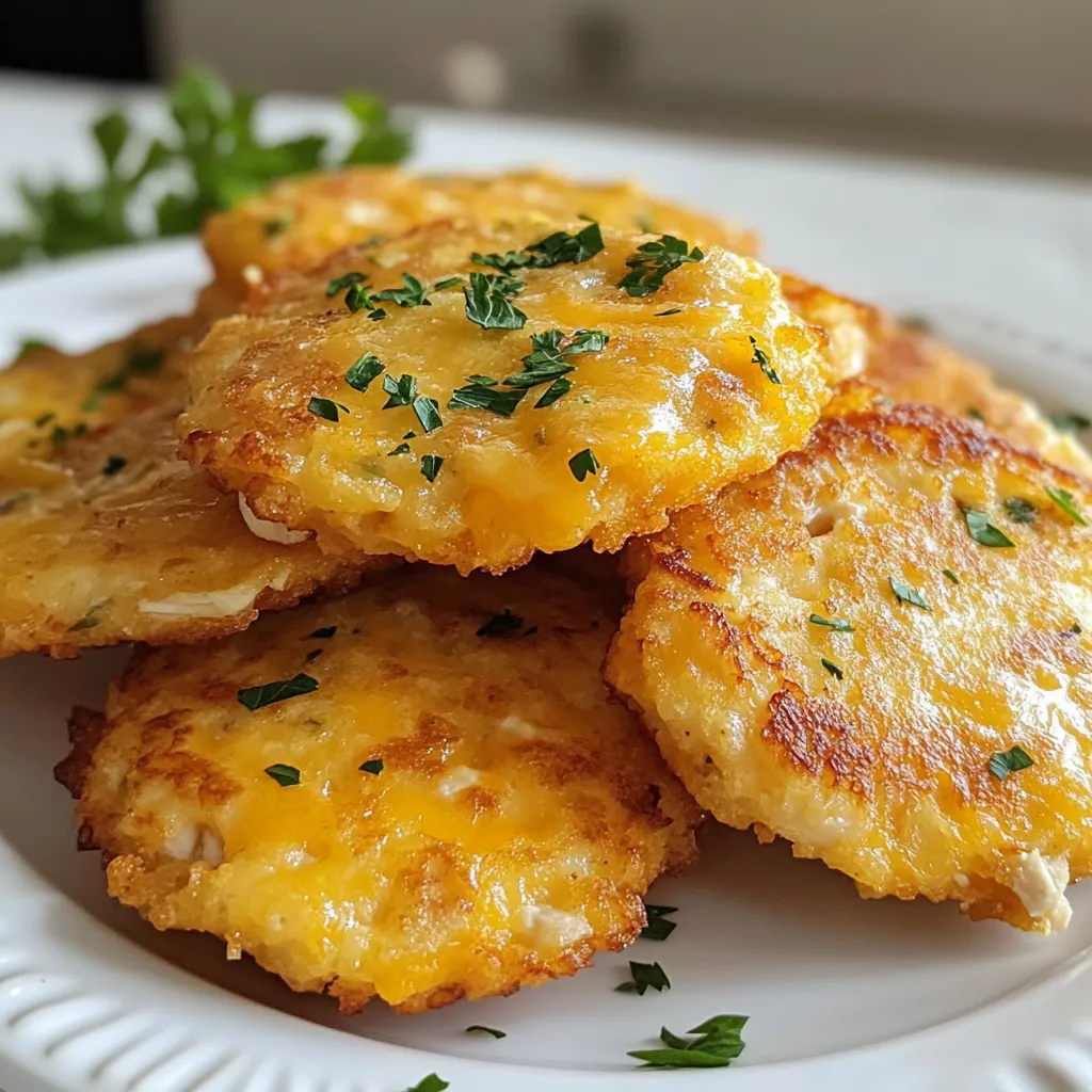 To make cheesy chicken fritters, gather these items: - 2 cups cooked chicken, shredded - 1 cup shredded cheddar cheese - 1/2 cup all-purpose flour - 1/2 cup breadcrumbs - 1/4 cup grated Parmesan cheese - 2 large eggs - 2 green onions, finely chopped - 1 teaspoon garlic powder - 1 teaspoon onion powder - Salt and pepper to taste - Olive oil, for frying These ingredients create a tasty and crunchy snack. The chicken gives protein, while the cheese adds a creamy touch. You can swap some ingredients if needed. Here are a few ideas: - Use cooked turkey instead of chicken for a different flavor. - Swap cheddar cheese for mozzarella or pepper jack for extra spice. - Replace breadcrumbs with crushed cornflakes for a crunchier texture. - Use whole wheat flour instead of all-purpose flour for a healthier option. These changes keep the dish exciting and can fit your pantry items. When you shop for ingredients, look for the best quality: - Choose fresh chicken from a trusted source. Cooked rotisserie chicken works well. - Select block cheese and shred it yourself for better taste. Pre-shredded cheese often has additives. - Look for breadcrumbs that are made from whole grain for added nutrition. - Pick fresh green onions with bright green tops and firm bases. High-quality ingredients make a big difference in flavor and texture. Enjoy your cooking journey! {{ingredient_image_1}} Start by gathering your ingredients. You will need 2 cups of cooked chicken, shredded. I like to use leftover rotisserie chicken for added flavor. Next, get 1 cup of shredded cheddar cheese, 1/2 cup of all-purpose flour, and 1/2 cup of breadcrumbs. These help bind the fritters and give them texture. You will also need 1/4 cup of grated Parmesan cheese and 2 large eggs for richness. Don’t forget 2 green onions, finely chopped, 1 teaspoon of garlic powder, and 1 teaspoon of onion powder. Lastly, add salt and pepper to taste. In a large mixing bowl, combine all the shredded chicken, cheddar cheese, flour, breadcrumbs, Parmesan cheese, and green onions. Mix these well to combine. In a separate bowl, beat the eggs. Add the garlic powder, onion powder, salt, and pepper into the eggs. This adds flavor to the fritters. Now, pour the egg mixture into the chicken mixture. Mix them well until they form a dough-like consistency. This step is crucial for a good texture. Next, heat a non-stick skillet over medium heat. Add enough olive oil to coat the bottom of the pan. You want the oil hot enough to fry but not smoking. While the oil heats, use your hands to form small patties, about the size of your palm. Once the oil is hot, carefully place the patties in the skillet. Make sure not to overcrowd the pan. Fry them in batches if needed. Cook each fritter for about 4-5 minutes on each side. They should turn golden brown and crispy. Adjust the heat if they cook too fast. When they are done, transfer the fritters onto a paper towel-lined plate. This helps absorb any extra oil. To get that perfect crunch, ensure your oil is hot before adding the fritters. If the oil is not hot enough, the fritters will soak up too much oil and become soggy. Also, don’t skip the breadcrumbs; they add a great texture and crunch. If you want an extra crispy finish, you can double coat the fritters. First, coat them in flour, then dip them in egg, and finally coat again in breadcrumbs before frying. For serving, enjoy these warm with your favorite dipping sauce, such as ranch or spicy aioli. A sprinkle of chopped parsley on top can also add a fresh touch! To get that golden, crispy outside on your fritters, heat the oil well. Use a non-stick skillet and coat it with olive oil. Test the oil by dropping a tiny bit of the batter in. If it sizzles, your oil is ready. Fry in batches to avoid overcrowding. This keeps the oil hot and helps them fry evenly. If you want a softer fritter, add a bit more flour. For a crunchier bite, increase the breadcrumbs. You can also play with flavors. Try adding herbs like parsley or basil for freshness. Adjust the garlic and onion powders to match your taste. Remember, seasoning is key! These fritters shine when served warm. Pair them with ranch or spicy aioli for dipping. A sprinkle of chopped parsley adds a nice touch. You can also serve them with a side salad for a balanced meal. Enjoy your fritters while they’re fresh for the best flavor! Pro Tips Use Leftover Chicken: These fritters are perfect for using up leftover rotisserie chicken, which adds great flavor and saves time. Adjust the Seasoning: Feel free to tweak the spices according to your taste; adding smoked paprika or cayenne pepper can give them an extra kick! Check Oil Temperature: Make sure the oil is hot enough before adding the patties; a drop of batter should sizzle immediately when it hits the oil. Experiment with Cheese: Try using different cheeses like pepper jack or mozzarella for a unique flavor twist in your fritters. {{image_2}} You can make your cheesy chicken fritters even better by adding veggies. Chop up some bell peppers, zucchini, or spinach. They add color and taste. Fresh herbs like parsley or cilantro also work great. Just mix them in with the chicken. This gives you more flavor and makes the fritters even healthier. While cheddar cheese is a classic choice, feel free to switch it up. You can use mozzarella for a milder taste. Feta cheese adds a salty kick and pairs well with herbs. If you want something sharp, try aged gouda. Mix and match to find your favorite combo. The right cheese can change the whole dish. You don’t have to fry your fritters. You can use an air fryer for a lighter option. Set it to 375°F and cook for about 10-12 minutes. Flip halfway through for even crispiness. If you prefer the oven, preheat it to 400°F. Place fritters on a baking sheet and cook for 15-20 minutes. Both methods yield yummy, crispy fritters with less oil. To keep your cheesy chicken fritters fresh, store them in an airtight container. Place a paper towel at the bottom to soak up any moisture. This will help maintain their crispiness. Keep the container in the fridge. They will last for about three days. When you're ready to enjoy the leftovers, reheat them for the best taste. Use a skillet over medium heat. Add a bit of olive oil to keep them crispy. Heat each side for about two to three minutes. You can also use an oven. Preheat it to 350°F (175°C) and bake for about 10 minutes. This method will make them warm and crispy again. If you want to save fritters for a longer time, freezing is a great option. First, let them cool completely. Then, place them on a baking sheet in a single layer. Freeze them for about two hours. Once frozen, transfer them to a freezer-safe bag. Mark the date on the bag. They can stay good for up to three months. When you’re ready to eat, thaw them in the fridge overnight before reheating. No, you should not use raw chicken. This recipe needs cooked chicken. You can use leftover chicken or rotisserie chicken. Cooked chicken makes the fritters tender and tasty. Raw chicken will not cook evenly in the fritters. Always ensure your chicken is fully cooked before mixing it into the batter. To make these fritters healthier, you can try a few simple swaps: - Use whole wheat flour instead of all-purpose flour. - Replace some of the cheese with chopped vegetables like spinach or bell peppers. - Use a non-stick spray instead of oil for frying. - Bake the fritters instead of frying them. Just place them on a baking sheet and bake at 400°F for about 20 minutes, flipping halfway through. These changes keep the flavor while cutting down on fat and calories. You have many options for dipping sauces! Here are some great choices: - Ranch dressing for a classic taste. - Spicy aioli for a kick. - Honey mustard for sweetness. - Barbecue sauce for a smoky flavor. These sauces will enhance the deliciousness of your cheesy chicken fritters! You’ve learned about the best ingredients and how to prepare tasty chicken fritters. Plus, I shared tips for frying and serving them. By substituting ingredients, you can make these fritters your own. Variations can boost flavor and freshness. Finally, proper storage ensures your fritters stay delicious for days. With these tips, you can create great meals for family and friends. Enjoy your cooking journey and make it fun!