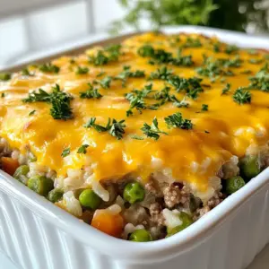 For this tasty dish, you will need: - 1 lb ground beef - 1 cup uncooked long-grain rice - 1 can (10.5 oz) condensed cheddar cheese soup - 2 cups beef broth - 1 medium onion, diced - 2 cloves garlic, minced - 1 cup shredded cheddar cheese - 1 cup frozen mixed vegetables (peas, carrots, corn) These ingredients form the base of your casserole. The ground beef adds flavor and protein. The rice cooks in the broth, soaking up all the savory goodness. The cheddar cheese soup helps create a creamy texture, while the mixed vegetables add color and nutrients. You can make this dish your own by adding optional ingredients. Here are some ideas: - Bell peppers, diced - Mushrooms, sliced - Cooked bacon, crumbled - Hot sauce for a kick Feel free to get creative! Adding these ingredients can enhance the flavor and make it more exciting. To really boost the taste of your casserole, consider these seasonings: - 1 teaspoon onion powder - 1 teaspoon garlic powder - Salt and pepper to taste - Fresh herbs like parsley or thyme These seasonings will elevate the dish. You can adjust them based on your taste. Adding fresh herbs right before serving gives a nice touch. {{ingredient_image_1}} To start, preheat your oven to 350°F (175°C). This helps cook your casserole evenly. Next, grab a 9x13 inch casserole dish and grease it. I use a bit of olive oil for this. Now, in a large skillet, heat one tablespoon of olive oil over medium heat. Add one diced medium onion and cook until it looks clear, about five minutes. This step adds flavor. Then, add two minced garlic cloves. Stir for about one minute until you smell the garlic. Next, it’s time to cook the ground beef. Add one pound of ground beef to the skillet. Use a spoon to break it apart as it cooks. Cook until it turns brown. This should take about five to seven minutes. If there’s too much grease, drain it. This keeps your casserole from being greasy. Once the beef is cooked, it’s time to mix in the other ingredients. In the skillet, stir in one can of condensed cheddar cheese soup and two cups of beef broth. Then, add one cup of uncooked long-grain rice, one teaspoon of onion powder, one teaspoon of garlic powder, and salt and pepper to taste. Mix everything well. Now, gently fold in one cup of frozen mixed vegetables and half of the shredded cheddar cheese. Pour this mixture into your prepared casserole dish. Spread it evenly across the bottom. Top the dish with the remaining cheese. Cover the casserole dish with foil. Bake it in the oven for 30 minutes. After that, remove the foil and bake for another 15 to 20 minutes. You want the cheese to bubble and the rice to cook through. Once done, let it cool for five minutes before serving. This makes it easier to cut and serve. Enjoy your cheesy hamburger rice casserole! To get fluffy rice, start with rinsing the uncooked rice. Rinsing removes excess starch. This step helps keep the rice from getting sticky. When cooking, use the right amount of beef broth. The broth adds flavor while cooking the rice. Stir the mixture well but gently. This helps keep the rice grains separate. Cover the casserole with foil while baking to trap moisture. This way, the rice cooks evenly. To speed up your prep time, chop the onion and garlic ahead of time. You can do this the night before. Use frozen mixed veggies to save time. They are already washed and cut. You can also cook the ground beef in bulk. Then, store it in the fridge. This way, it’s ready when you need it. Prepare the casserole base in advance, too. You can assemble it and bake later. This makes it easy for busy nights. To add more flavor, try mixing in some spices. A pinch of paprika or cumin can give a nice kick. You might also add diced bell peppers or mushrooms. These can enhance the texture and taste. For a creamier dish, stir in some sour cream or cream cheese. You can even sprinkle some crispy bacon on top before serving. This gives a crunchy texture and rich flavor. Pro Tips Use Lean Ground Beef: Opt for lean ground beef to reduce grease in the casserole and create a healthier dish. Customize Vegetables: Feel free to use fresh vegetables or your favorite frozen mix to personalize the dish to your taste. Make it Spicy: Add a pinch of red pepper flakes or a dash of hot sauce for a flavorful kick if you enjoy a bit of heat. Leftover-Friendly: This casserole reheats well, so make extra for delicious leftovers that can be enjoyed throughout the week. {{image_2}} You can make this dish meat-free by swapping the ground beef. Use 1 can of black beans or lentils for protein. These options add great texture and flavor. You can also add chopped mushrooms for an earthy taste. Replace the beef broth with vegetable broth to keep it vegetarian-friendly. Don't forget to add more mixed vegetables for extra nutrients! To make this casserole gluten-free, pick gluten-free broth and a gluten-free cheese soup. You can also use quinoa instead of rice. Quinoa cooks well and adds a nutty flavor. Always check labels to ensure all ingredients are gluten-free. This way, everyone can enjoy this comforting dish. If you like heat, add diced jalapeños or crushed red pepper flakes. Mix these in with the ground beef to release their flavors. You can also use pepper jack cheese for a spicy twist. For an extra kick, serve with hot sauce on the side. These small changes make the dish exciting and full of flavor! To store your Cheesy Hamburger Rice Casserole, let it cool first. Place it in an airtight container. You can keep it in the fridge for up to three days. If you have a lot of leftovers, divide them into smaller portions. This makes it easy to grab and reheat later. When you are ready to enjoy the leftovers, preheat your oven to 350°F (175°C). Place the casserole in an oven-safe dish. Cover it with foil to keep it moist. Heat for about 20-25 minutes, or until it is hot all the way through. You can also reheat portions in the microwave. Use a microwave-safe dish and heat in 1-minute intervals. If you want to save your casserole for later, freezing is a great option. Allow it to cool completely before freezing. Use a freezer-safe container or wrap it tightly in plastic wrap and foil. It can stay fresh in the freezer for up to three months. To reheat, thaw it in the fridge overnight. Then, bake it as you would with leftovers. Yes, you can use brown rice. It adds a nice texture. Brown rice takes longer to cook, so adjust the time. I suggest cooking it partially before mixing it in. This way, it will be tender and absorb the flavors well. To make it dairy-free, swap the cheese soup for a dairy-free version. You can also use plant-based cheese. Check labels for vegan options. This way, you keep the creamy texture without dairy. This casserole goes well with a fresh side salad. You can also serve garlic bread or steamed veggies. These sides add balance to the meal and enhance your dining experience. Enjoy! You learned about the main ingredients for a cheesy hamburger rice casserole and how to customize it. I covered step-by-step instructions for making a perfect casserole, including cooking ground beef and baking for great cheese. I shared tips for fluffy rice and meal prep, plus ways to elevate flavors. We explored variations like vegetarian and gluten-free options. Finally, I discussed storage and reheating tips. This dish is fun to make and enjoy. Get creative with ingredients and flavors!