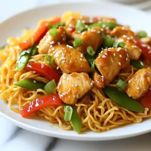 - 400g chicken breast, thinly sliced - 300g egg noodles - 4 cloves garlic, minced - 2 tablespoons fresh ginger, grated - 1 tablespoon sesame oil - 3 tablespoons soy sauce - 2 tablespoons honey - 1 tablespoon rice vinegar - 1 tablespoon cornstarch (mixed with 2 tablespoons water) - 1 red bell pepper, sliced - 1 cup snap peas - 2 green onions, chopped - Sesame seeds for garnish - Salt and pepper to taste Gather these fresh ingredients for your Sticky Garlic Chicken Noodles. The chicken and noodles form the base of this dish. The garlic and ginger bring a lovely aroma. The sauces add depth and sweetness. The vegetables add color and crunch. Use the garnishes for a beautiful finish. Each part has a role in making this dish tasty and fun. {{ingredient_image_1}} - Bring a large pot of salted water to a boil. - Cook the egg noodles according to package instructions. First, I fill a big pot with water and add salt. This helps the noodles taste better. When the water boils, I add the egg noodles. I cook them until they are al dente, which means they are firm but not hard. After that, I drain them and toss them with a little sesame oil. This helps keep the noodles from sticking together. - Heat sesame oil in a frying pan or wok. - Season and cook sliced chicken until golden brown. In a large frying pan or wok, I heat sesame oil over medium-high heat. This oil gives a nice flavor. I add the sliced chicken and season it with salt and pepper. I cook the chicken for about 5 to 7 minutes. I want it to turn a pretty golden brown color. Once it's cooked, I take it out of the pan and set it aside. - Add minced garlic and grated ginger to the pan. - Stir-fry sliced red bell pepper and snap peas until tender. Next, I add minced garlic and grated ginger to the same pan. I stir-fry them for about 30 seconds until they smell amazing. Then, I toss in the sliced red bell pepper and snap peas. I stir-fry for another 2 to 3 minutes. I want the veggies to be tender but still crisp. - Whisk together soy sauce, honey, rice vinegar, and cornstarch mixture. In a small bowl, I whisk together soy sauce, honey, rice vinegar, and cornstarch mixed with water. This sauce will make everything sticky and tasty. I pour this sauce into the pan with the veggies and let it bubble a bit. - Return cooked chicken to the pan and toss with sauce. - Simmer for the sauce to thicken. After the sauce is bubbling, I add the cooked chicken back to the pan. I toss everything together so the chicken is nicely coated in the sauce. I let it simmer for a couple of minutes. This helps the sauce thicken up. - Add cooked egg noodles and toss until fully coated. Finally, I add the cooked egg noodles to the pan. I gently toss everything together. I want to make sure the noodles are fully coated in that yummy sauce. It's time to serve this delicious meal! To boost the taste of your Sticky Garlic Chicken Noodles, try adding more spices. A pinch of red pepper flakes can give it a nice kick. You could also mix in some crushed peanuts for a fun crunch. For marinating chicken, use soy sauce, garlic, and ginger. Let it marinate for at least 30 minutes. This way, the flavors seep in, making your chicken taste great. When stir-frying, keep your pan hot but not smoking. This helps your chicken cook evenly. Don’t overcrowd the pan; cook in batches if needed. This keeps the chicken tender and juicy. To prevent noodles from sticking, toss them with a little sesame oil right after draining. Make sure to stir them often while cooking. Plating can make your dish stand out. Use a large white plate to show off the colors. Pile the noodles high and layer the chicken and veggies on top. For garnishing, sprinkle chopped green onions and sesame seeds over the dish. This adds color and a touch of elegance. A few cilantro leaves can also make it pop! Pro Tips Marinate the Chicken: For extra flavor, marinate the chicken in soy sauce, ginger, and garlic for at least 30 minutes before cooking. Use Fresh Ingredients: Fresh garlic and ginger provide a more vibrant flavor compared to dried versions, enhancing the overall dish. Adjust Sauce Consistency: If you prefer a thicker sauce, add a bit more cornstarch mixed with water during the simmering step. Vegetable Variations: Feel free to substitute the snap peas and red bell pepper with your favorite vegetables like broccoli or carrots. {{image_2}} You can switch up the protein in this dish easily. If you want shrimp, use about 400g of peeled and deveined shrimp. Cook them just until they turn pink. For beef, thinly slice 400g of flank steak. Stir-fry it for a short time to keep it tender. If you prefer a plant-based option, use 400g of firm tofu. Be sure to press out the water and cube it. Sauté the tofu until it's golden brown for the best texture. Each of these options will bring a unique flavor to your sticky garlic chicken noodles. Feel free to customize the veggies based on what you love or have on hand. Broccoli, carrots, or bok choy work great in this dish. For a seasonal twist, try using zucchini in the summer or butternut squash in the fall. You can also toss in some baby corn or mushrooms for extra texture. The key is to keep the vegetables colorful and crisp. This will enhance both taste and looks. To make gluten-free sticky garlic chicken noodles, swap regular soy sauce for tamari. This will keep the flavor while avoiding gluten. For the noodles, look for gluten-free egg noodles or rice noodles. Be sure to check the package for cooking times. Everything else in the recipe remains the same. You’ll still enjoy that delicious sticky sauce without any gluten. Store leftovers in an airtight container. This keeps them fresh and tasty. Make sure to cool the chicken noodles before sealing. They can last in the fridge for up to three days. When you're ready to eat, just take them out and enjoy! Reheat your sticky garlic chicken noodles in a pan. This method keeps the flavors strong. Add a splash of water or soy sauce to help with moisture. Stir over low heat until warm. You can also use a microwave, but check every 30 seconds to avoid overcooking. Yes, you can freeze sticky garlic chicken noodles! To prepare, let them cool completely. Then, place them in a freezer-safe bag. Remove as much air as possible to avoid freezer burn. They can last for up to three months. When ready to eat, thaw in the fridge overnight before reheating. To spice up your Sticky Garlic Chicken Noodles, you can use chilis or hot sauce. Here are some tips: - Add fresh chilis: Slice fresh red or green chilis and toss them in when you cook the garlic. - Use chili flakes: Sprinkle red chili flakes into the sauce for a quick kick. - Add a dash of hot sauce: Mix in your favorite hot sauce when combining the ingredients. These options help you control the heat while keeping the flavors balanced. Pairing side dishes can enhance your meal. Here are some tasty options: - Steamed broccoli: Its crunch and flavor work well with the noodles. - Crispy egg rolls: They add a nice texture and flavor contrast. - Cucumber salad: A light salad can balance the rich taste of the chicken. Each side dish brings something special to the table. Yes, Sticky Garlic Chicken Noodles are great for meal prep! Here are my recommendations: - Make a double batch: Cook more to have leftovers for the week. - Store properly: Use airtight containers to keep the noodles fresh. - Reheat gently: Warm them on the stove with a splash of water to keep them moist. Meal prepping makes it easy to enjoy this dish throughout the week. This guide has outlined how to make Sticky Garlic Chicken Noodles step-by-step. You learned about key ingredients like tender chicken, fresh veggies, and flavorful sauces. Cooking techniques such as stir-frying and noodle preparation ensure great taste. Remember, you can customize this dish with different proteins and veggies. By following these tips, you'll impress your family and friends. Enjoy your delicious meal and feel proud of your cooking skills!
