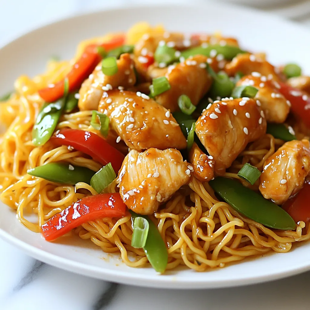 - 400g chicken breast, thinly sliced - 300g egg noodles - 4 cloves garlic, minced - 2 tablespoons fresh ginger, grated - 1 tablespoon sesame oil - 3 tablespoons soy sauce - 2 tablespoons honey - 1 tablespoon rice vinegar - 1 tablespoon cornstarch (mixed with 2 tablespoons water) - 1 red bell pepper, sliced - 1 cup snap peas - 2 green onions, chopped - Sesame seeds for garnish - Salt and pepper to taste Gather these fresh ingredients for your Sticky Garlic Chicken Noodles. The chicken and noodles form the base of this dish. The garlic and ginger bring a lovely aroma. The sauces add depth and sweetness. The vegetables add color and crunch. Use the garnishes for a beautiful finish. Each part has a role in making this dish tasty and fun. {{ingredient_image_1}} - Bring a large pot of salted water to a boil. - Cook the egg noodles according to package instructions. First, I fill a big pot with water and add salt. This helps the noodles taste better. When the water boils, I add the egg noodles. I cook them until they are al dente, which means they are firm but not hard. After that, I drain them and toss them with a little sesame oil. This helps keep the noodles from sticking together. - Heat sesame oil in a frying pan or wok. - Season and cook sliced chicken until golden brown. In a large frying pan or wok, I heat sesame oil over medium-high heat. This oil gives a nice flavor. I add the sliced chicken and season it with salt and pepper. I cook the chicken for about 5 to 7 minutes. I want it to turn a pretty golden brown color. Once it's cooked, I take it out of the pan and set it aside. - Add minced garlic and grated ginger to the pan. - Stir-fry sliced red bell pepper and snap peas until tender. Next, I add minced garlic and grated ginger to the same pan. I stir-fry them for about 30 seconds until they smell amazing. Then, I toss in the sliced red bell pepper and snap peas. I stir-fry for another 2 to 3 minutes. I want the veggies to be tender but still crisp. - Whisk together soy sauce, honey, rice vinegar, and cornstarch mixture. In a small bowl, I whisk together soy sauce, honey, rice vinegar, and cornstarch mixed with water. This sauce will make everything sticky and tasty. I pour this sauce into the pan with the veggies and let it bubble a bit. - Return cooked chicken to the pan and toss with sauce. - Simmer for the sauce to thicken. After the sauce is bubbling, I add the cooked chicken back to the pan. I toss everything together so the chicken is nicely coated in the sauce. I let it simmer for a couple of minutes. This helps the sauce thicken up. - Add cooked egg noodles and toss until fully coated. Finally, I add the cooked egg noodles to the pan. I gently toss everything together. I want to make sure the noodles are fully coated in that yummy sauce. It's time to serve this delicious meal! To boost the taste of your Sticky Garlic Chicken Noodles, try adding more spices. A pinch of red pepper flakes can give it a nice kick. You could also mix in some crushed peanuts for a fun crunch. For marinating chicken, use soy sauce, garlic, and ginger. Let it marinate for at least 30 minutes. This way, the flavors seep in, making your chicken taste great. When stir-frying, keep your pan hot but not smoking. This helps your chicken cook evenly. Don’t overcrowd the pan; cook in batches if needed. This keeps the chicken tender and juicy. To prevent noodles from sticking, toss them with a little sesame oil right after draining. Make sure to stir them often while cooking. Plating can make your dish stand out. Use a large white plate to show off the colors. Pile the noodles high and layer the chicken and veggies on top. For garnishing, sprinkle chopped green onions and sesame seeds over the dish. This adds color and a touch of elegance. A few cilantro leaves can also make it pop! Pro Tips Marinate the Chicken: For extra flavor, marinate the chicken in soy sauce, ginger, and garlic for at least 30 minutes before cooking. Use Fresh Ingredients: Fresh garlic and ginger provide a more vibrant flavor compared to dried versions, enhancing the overall dish. Adjust Sauce Consistency: If you prefer a thicker sauce, add a bit more cornstarch mixed with water during the simmering step. Vegetable Variations: Feel free to substitute the snap peas and red bell pepper with your favorite vegetables like broccoli or carrots. {{image_2}} You can switch up the protein in this dish easily. If you want shrimp, use about 400g of peeled and deveined shrimp. Cook them just until they turn pink. For beef, thinly slice 400g of flank steak. Stir-fry it for a short time to keep it tender. If you prefer a plant-based option, use 400g of firm tofu. Be sure to press out the water and cube it. Sauté the tofu until it's golden brown for the best texture. Each of these options will bring a unique flavor to your sticky garlic chicken noodles. Feel free to customize the veggies based on what you love or have on hand. Broccoli, carrots, or bok choy work great in this dish. For a seasonal twist, try using zucchini in the summer or butternut squash in the fall. You can also toss in some baby corn or mushrooms for extra texture. The key is to keep the vegetables colorful and crisp. This will enhance both taste and looks. To make gluten-free sticky garlic chicken noodles, swap regular soy sauce for tamari. This will keep the flavor while avoiding gluten. For the noodles, look for gluten-free egg noodles or rice noodles. Be sure to check the package for cooking times. Everything else in the recipe remains the same. You’ll still enjoy that delicious sticky sauce without any gluten. Store leftovers in an airtight container. This keeps them fresh and tasty. Make sure to cool the chicken noodles before sealing. They can last in the fridge for up to three days. When you're ready to eat, just take them out and enjoy! Reheat your sticky garlic chicken noodles in a pan. This method keeps the flavors strong. Add a splash of water or soy sauce to help with moisture. Stir over low heat until warm. You can also use a microwave, but check every 30 seconds to avoid overcooking. Yes, you can freeze sticky garlic chicken noodles! To prepare, let them cool completely. Then, place them in a freezer-safe bag. Remove as much air as possible to avoid freezer burn. They can last for up to three months. When ready to eat, thaw in the fridge overnight before reheating. To spice up your Sticky Garlic Chicken Noodles, you can use chilis or hot sauce. Here are some tips: - Add fresh chilis: Slice fresh red or green chilis and toss them in when you cook the garlic. - Use chili flakes: Sprinkle red chili flakes into the sauce for a quick kick. - Add a dash of hot sauce: Mix in your favorite hot sauce when combining the ingredients. These options help you control the heat while keeping the flavors balanced. Pairing side dishes can enhance your meal. Here are some tasty options: - Steamed broccoli: Its crunch and flavor work well with the noodles. - Crispy egg rolls: They add a nice texture and flavor contrast. - Cucumber salad: A light salad can balance the rich taste of the chicken. Each side dish brings something special to the table. Yes, Sticky Garlic Chicken Noodles are great for meal prep! Here are my recommendations: - Make a double batch: Cook more to have leftovers for the week. - Store properly: Use airtight containers to keep the noodles fresh. - Reheat gently: Warm them on the stove with a splash of water to keep them moist. Meal prepping makes it easy to enjoy this dish throughout the week. This guide has outlined how to make Sticky Garlic Chicken Noodles step-by-step. You learned about key ingredients like tender chicken, fresh veggies, and flavorful sauces. Cooking techniques such as stir-frying and noodle preparation ensure great taste. Remember, you can customize this dish with different proteins and veggies. By following these tips, you'll impress your family and friends. Enjoy your delicious meal and feel proud of your cooking skills!