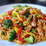 - 300g egg noodles - 2 chicken breasts, thinly sliced - 2 tablespoons vegetable oil - 1 cup mixed bell peppers, julienned - 1 cup broccoli florets - 3 green onions, chopped - 2 cloves garlic, minced - 1 tablespoon ginger, grated - 1/4 cup low-sodium soy sauce - 3 tablespoons honey - 1 tablespoon rice vinegar - 1 teaspoon sesame oil - Sesame seeds for garnish When I make Teriyaki Chicken Noodles, I love how fresh and bright the flavors are. Each ingredient plays a role. The egg noodles are soft and comforting. Thinly sliced chicken adds protein and a hearty feel. The vegetable oil helps everything cook well and stay juicy. I use mixed bell peppers for color and sweetness. Broccoli florets bring a nice crunch. Green onions add a mild onion flavor. Garlic and ginger boost the dish with warmth and depth. The sauce is what ties it all together. Low-sodium soy sauce gives a savory base. Honey adds a sweet touch, balancing the saltiness. Rice vinegar brings a hint of tang. Finally, sesame oil adds a nutty finish. Don't forget the sesame seeds! They add a lovely crunch and look great on top. Each ingredient makes this dish special and quick to prepare. You can find everything at your local store, making it easy to whip up this meal anytime. {{ingredient_image_1}} To cook the egg noodles, bring a pot of water to a boil. Add the noodles and cook them until soft, following the package instructions. Once done, drain the noodles and set them aside. This step is key to getting a tasty meal. In a large skillet or wok, heat the vegetable oil over medium-high heat. Add the sliced chicken to the skillet. Cook the chicken for about 5-7 minutes until it turns brown and is cooked through. This adds a nice flavor. Next, stir in the minced garlic and grated ginger. Cook these for another 1-2 minutes until they smell good. Now, it’s time to add the fun part. Toss in the mixed bell peppers and broccoli florets. Stir-fry them for about 4-5 minutes. You want them to be tender but still crisp. This keeps the dish fresh and bright. In a small bowl, mix together the soy sauce, honey, rice vinegar, and sesame oil. Pour this sauce over the chicken and vegetables in the skillet. Let it simmer for 2-3 minutes. This step helps all the flavors blend well together. Finally, add the cooked egg noodles to the skillet. Toss everything together until the noodles are coated in the sauce. Cook for an additional 2 minutes to make sure everything is heated through. For the finishing touch, stir in the chopped green onions. Remove the skillet from heat and sprinkle sesame seeds on top. Enjoy your tasty Teriyaki Chicken Noodles! - For perfect chicken, slice it thinly. This helps it cook evenly. - Cook the chicken until it is browned. This adds flavor and texture. - When adding vegetables, keep the heat high. This helps them stay crisp. - Stir-fry the bell peppers and broccoli quickly. Aim for 4-5 minutes of cooking. - Want more flavor? Try adding teriyaki sauce or sweet chili sauce. - If you like heat, add red pepper flakes. Start with a pinch and adjust to taste. - Garnish with sesame seeds for a nice finish. They add crunch and look great. - For plating, use a wide bowl. This showcases the colorful noodles and veggies. Pro Tips Use Fresh Ingredients: Fresh vegetables and chicken will enhance the flavor and texture of your dish significantly. Customize Your Vegetables: Feel free to add your favorite vegetables like snap peas or carrots for added crunch and color. Perfect Your Sauce: Adjust the balance of soy sauce and honey to your taste; more honey for sweetness or more soy for saltiness. Don’t Overcook the Noodles: Make sure to cook the noodles just until al dente, as they will continue to cook in the skillet. {{image_2}} For a vegetarian twist on teriyaki chicken noodles, you can swap the chicken. Use firm tofu or tempeh instead. Both options provide a similar texture and absorb flavors well. Add more veggies to make this dish exciting. Consider using: - Carrots, sliced thin - Snap peas for crunch - Mushrooms for umami flavor Mix these with the bell peppers and broccoli. Stir-fry them until they’re tender but still crisp. If you need a gluten-free meal, choose gluten-free noodles. Rice noodles or quinoa noodles work great. They cook quickly and take on flavors nicely. Adjust the sauce too. Use tamari instead of soy sauce. It has a similar taste but is gluten-free. Check your honey for gluten-free labeling if needed. You can enhance the dish by adding shrimp or tofu for extra protein. If you use shrimp, cook them for about 3-4 minutes until they turn pink. For tofu, cube it and pan-fry until golden, about 5-7 minutes. Adjust cooking times to ensure everything is cooked through. Enjoy your delicious teriyaki chicken noodles with these variations! Store any leftover Teriyaki Chicken Noodles in an airtight container. Make sure it cools to room temperature first. Keep it in the fridge. It will last about 3 to 4 days. Yes, you can freeze Teriyaki Chicken Noodles. Use a freezer-safe container. Divide it into portions for easy thawing. Make sure to leave some space for the noodles to expand. For reheating, the best method is to use a skillet. Add a splash of water to help steam the noodles. Heat over medium-low. Stir gently to avoid mushy noodles. You can also use a microwave. Heat in short bursts, stirring in between. This helps keep the noodles firm. It takes about 25 minutes to make this dish. You’ll spend 10 minutes prepping the ingredients. The cooking time is around 15 minutes. This quick meal fits perfectly into a busy day. Yes, you can use other noodles. Rice noodles or udon noodles work well. You can also try soba noodles for a nutty flavor. Just remember to adjust the cooking time based on the noodle type. This dish is not spicy. The flavors come from soy sauce, honey, and ginger. If you want some heat, add red pepper flakes or sriracha. Adjust the amount to fit your taste. Yes, you can make this dish ahead. Cook it and store it in the fridge for up to three days. Reheat it on the stove or in the microwave. Just add a splash of water to keep it moist. Serve these noodles with steamed rice or a light salad. You could also enjoy them with egg rolls or spring rolls. A refreshing drink like iced tea pairs nicely too. In this post, we covered how to make delicious Teriyaki Chicken Noodles. We went through the ingredients, cooking steps, and tips for perfect results. Remember, you can switch ingredients for your taste, like using shrimp or tofu. Store leftovers in the fridge or freeze them for later. Meal prep can save you time and effort during busy weeks. Enjoy creating this tasty dish and share it with friends and family. Simple, quick, and fun—it’s a meal sure to impress!
