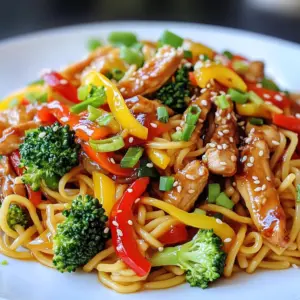 - 300g egg noodles - 2 chicken breasts, thinly sliced - 2 tablespoons vegetable oil - 1 cup mixed bell peppers, julienned - 1 cup broccoli florets - 3 green onions, chopped - 2 cloves garlic, minced - 1 tablespoon ginger, grated - 1/4 cup low-sodium soy sauce - 3 tablespoons honey - 1 tablespoon rice vinegar - 1 teaspoon sesame oil - Sesame seeds for garnish When I make Teriyaki Chicken Noodles, I love how fresh and bright the flavors are. Each ingredient plays a role. The egg noodles are soft and comforting. Thinly sliced chicken adds protein and a hearty feel. The vegetable oil helps everything cook well and stay juicy. I use mixed bell peppers for color and sweetness. Broccoli florets bring a nice crunch. Green onions add a mild onion flavor. Garlic and ginger boost the dish with warmth and depth. The sauce is what ties it all together. Low-sodium soy sauce gives a savory base. Honey adds a sweet touch, balancing the saltiness. Rice vinegar brings a hint of tang. Finally, sesame oil adds a nutty finish. Don't forget the sesame seeds! They add a lovely crunch and look great on top. Each ingredient makes this dish special and quick to prepare. You can find everything at your local store, making it easy to whip up this meal anytime. {{ingredient_image_1}} To cook the egg noodles, bring a pot of water to a boil. Add the noodles and cook them until soft, following the package instructions. Once done, drain the noodles and set them aside. This step is key to getting a tasty meal. In a large skillet or wok, heat the vegetable oil over medium-high heat. Add the sliced chicken to the skillet. Cook the chicken for about 5-7 minutes until it turns brown and is cooked through. This adds a nice flavor. Next, stir in the minced garlic and grated ginger. Cook these for another 1-2 minutes until they smell good. Now, it’s time to add the fun part. Toss in the mixed bell peppers and broccoli florets. Stir-fry them for about 4-5 minutes. You want them to be tender but still crisp. This keeps the dish fresh and bright. In a small bowl, mix together the soy sauce, honey, rice vinegar, and sesame oil. Pour this sauce over the chicken and vegetables in the skillet. Let it simmer for 2-3 minutes. This step helps all the flavors blend well together. Finally, add the cooked egg noodles to the skillet. Toss everything together until the noodles are coated in the sauce. Cook for an additional 2 minutes to make sure everything is heated through. For the finishing touch, stir in the chopped green onions. Remove the skillet from heat and sprinkle sesame seeds on top. Enjoy your tasty Teriyaki Chicken Noodles! - For perfect chicken, slice it thinly. This helps it cook evenly. - Cook the chicken until it is browned. This adds flavor and texture. - When adding vegetables, keep the heat high. This helps them stay crisp. - Stir-fry the bell peppers and broccoli quickly. Aim for 4-5 minutes of cooking. - Want more flavor? Try adding teriyaki sauce or sweet chili sauce. - If you like heat, add red pepper flakes. Start with a pinch and adjust to taste. - Garnish with sesame seeds for a nice finish. They add crunch and look great. - For plating, use a wide bowl. This showcases the colorful noodles and veggies. Pro Tips Use Fresh Ingredients: Fresh vegetables and chicken will enhance the flavor and texture of your dish significantly. Customize Your Vegetables: Feel free to add your favorite vegetables like snap peas or carrots for added crunch and color. Perfect Your Sauce: Adjust the balance of soy sauce and honey to your taste; more honey for sweetness or more soy for saltiness. Don’t Overcook the Noodles: Make sure to cook the noodles just until al dente, as they will continue to cook in the skillet. {{image_2}} For a vegetarian twist on teriyaki chicken noodles, you can swap the chicken. Use firm tofu or tempeh instead. Both options provide a similar texture and absorb flavors well. Add more veggies to make this dish exciting. Consider using: - Carrots, sliced thin - Snap peas for crunch - Mushrooms for umami flavor Mix these with the bell peppers and broccoli. Stir-fry them until they’re tender but still crisp. If you need a gluten-free meal, choose gluten-free noodles. Rice noodles or quinoa noodles work great. They cook quickly and take on flavors nicely. Adjust the sauce too. Use tamari instead of soy sauce. It has a similar taste but is gluten-free. Check your honey for gluten-free labeling if needed. You can enhance the dish by adding shrimp or tofu for extra protein. If you use shrimp, cook them for about 3-4 minutes until they turn pink. For tofu, cube it and pan-fry until golden, about 5-7 minutes. Adjust cooking times to ensure everything is cooked through. Enjoy your delicious teriyaki chicken noodles with these variations! Store any leftover Teriyaki Chicken Noodles in an airtight container. Make sure it cools to room temperature first. Keep it in the fridge. It will last about 3 to 4 days. Yes, you can freeze Teriyaki Chicken Noodles. Use a freezer-safe container. Divide it into portions for easy thawing. Make sure to leave some space for the noodles to expand. For reheating, the best method is to use a skillet. Add a splash of water to help steam the noodles. Heat over medium-low. Stir gently to avoid mushy noodles. You can also use a microwave. Heat in short bursts, stirring in between. This helps keep the noodles firm. It takes about 25 minutes to make this dish. You’ll spend 10 minutes prepping the ingredients. The cooking time is around 15 minutes. This quick meal fits perfectly into a busy day. Yes, you can use other noodles. Rice noodles or udon noodles work well. You can also try soba noodles for a nutty flavor. Just remember to adjust the cooking time based on the noodle type. This dish is not spicy. The flavors come from soy sauce, honey, and ginger. If you want some heat, add red pepper flakes or sriracha. Adjust the amount to fit your taste. Yes, you can make this dish ahead. Cook it and store it in the fridge for up to three days. Reheat it on the stove or in the microwave. Just add a splash of water to keep it moist. Serve these noodles with steamed rice or a light salad. You could also enjoy them with egg rolls or spring rolls. A refreshing drink like iced tea pairs nicely too. In this post, we covered how to make delicious Teriyaki Chicken Noodles. We went through the ingredients, cooking steps, and tips for perfect results. Remember, you can switch ingredients for your taste, like using shrimp or tofu. Store leftovers in the fridge or freeze them for later. Meal prep can save you time and effort during busy weeks. Enjoy creating this tasty dish and share it with friends and family. Simple, quick, and fun—it’s a meal sure to impress!