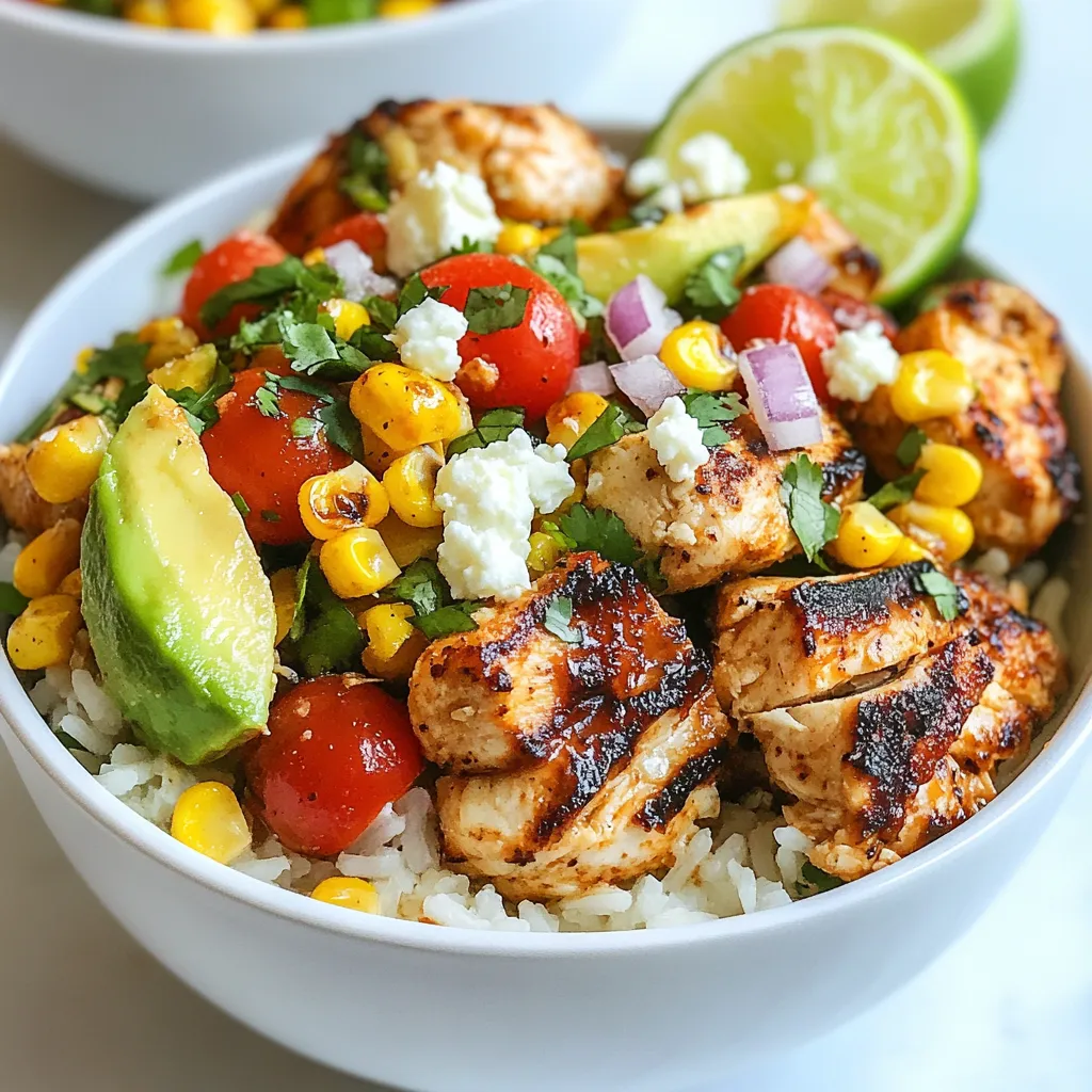 - 2 cups cooked jasmine rice - 1 lb boneless, skinless chicken breasts - 1 cup corn kernels - 1 cup cherry tomatoes - 1 avocado - 1/4 cup red onion - 1/4 cup fresh cilantro - 1 lime - 1 teaspoon chili powder - 1 teaspoon smoked paprika - Salt and pepper - 2 tablespoons olive oil - 1/4 cup crumbled feta cheese (optional) In this recipe, I use jasmine rice. It gives a nice aroma. The chicken is boneless and skinless, which makes it easy to cook. I also love using fresh corn. You can use frozen or canned corn if that's what you have. Cherry tomatoes add a sweet touch. They burst with flavor when cooked. The avocado gives a creamy texture. Red onion adds a nice crunch and bite. Fresh cilantro brings a bright taste. For the seasonings, I keep it simple. Chili powder adds heat, and smoked paprika gives a deep flavor. Salt and pepper help bring all the tastes together. Olive oil keeps the chicken moist. If you like feta cheese, it adds a tangy finish. Gather these ingredients, and you're ready to start cooking. Each one plays a role in making this dish delicious. {{ingredient_image_1}} To make the marinade, mix olive oil, chili powder, smoked paprika, lime juice, salt, and pepper in a bowl. This blend adds flavor and keeps the chicken juicy. Dice the chicken breasts into bite-sized pieces. Pour the marinade over the chicken and stir well to coat all pieces. Let it sit for 15 to 20 minutes. This step helps the chicken soak up all those delicious flavors. Heat a large skillet over medium heat. Add the corn kernels to the skillet. Sauté for about 3 to 4 minutes. You want the corn to get a nice char. This adds a sweet, smoky flavor to your dish. Stir the corn occasionally to prevent burning. Once charred, remove the corn from the skillet and set it aside. In the same skillet, add the marinated chicken. Cook for 5 to 7 minutes. Stir occasionally to ensure even cooking. You want the chicken to be golden brown and fully cooked. Use a meat thermometer if you want to check that the internal temperature reaches 165°F. This step ensures safety and the best taste. In a large bowl, combine the cooked jasmine rice, sautéed corn, halved cherry tomatoes, diced avocado, and finely chopped red onion. Toss gently to mix all ingredients without smashing the avocado. Portion the rice mixture into individual bowls. Top each bowl with the cooked chicken. Finish with fresh cilantro and crumbled feta cheese if you like. Serve with lime wedges on the side for an extra zing! To keep your chicken juicy, marinate it well. Use olive oil and spices to coat each piece. Let it sit for at least 15 minutes. This adds flavor and moisture. Cook it on medium heat to avoid dryness. Stir often while cooking for even results. If you want alternatives to jasmine rice, try brown rice or quinoa. Both options add different textures and flavors. Brown rice has a nutty taste, while quinoa is light and fluffy. Each choice brings its own health benefits. When serving the rice bowl, use colorful bowls. This makes the meal pop visually. Layer each ingredient neatly for a beautiful look. Start with rice, then add chicken, corn, and veggies on top. For garnishing, sprinkle chopped cilantro and crumbled feta cheese. The cilantro adds freshness, and feta gives a nice salty touch. You can also add lime wedges on the side. This adds a zesty kick. To change the spice level, add more chili powder or smoked paprika. You can also mix in some cayenne for heat. Taste as you go to find what you like best. For extra toppings, consider adding sliced jalapeños or pickled onions. These add crunch and zing. You could also try crunched tortilla chips for texture. Each addition makes the dish more fun and unique. Pro Tips Marinate for Maximum Flavor: Allowing the chicken to marinate for at least 20 minutes enhances the flavor significantly. For even better results, marinate it overnight in the refrigerator. Perfectly Charred Corn: To achieve a smoky flavor, ensure the corn is slightly charred. If using frozen corn, make sure to thaw it first for better caramelization. Avocado Ripeness: Choose a ripe avocado for the best creamy texture. It should yield slightly when pressed. If it's not ripe, you can place it in a paper bag for a day or two. Customizable Toppings: Feel free to customize the toppings based on your preference. Add jalapeños for heat or a dollop of sour cream for creaminess. {{image_2}} You can make this dish meat-free by using plant-based protein. Try tofu or tempeh. These options soak up flavors well. For added taste, marinate them like the chicken. You can also add vegetables like bell peppers, zucchini, or mushrooms. They bring texture and color to your bowl. Switching rice types can change your meal. Try brown rice for more fiber. It has a nuttier taste and chewy texture. Quinoa is another great option. It is protein-rich and has a light, fluffy texture. Both alternatives pair well with the other ingredients. You can give this bowl a fun twist. For a Southwest flavor, add cumin and lime zest. It gives a bright, zesty kick. If you want a Mediterranean vibe, try oregano and lemon juice. You can also experiment with different seasonings like garlic powder or smoked salt. Each change makes for a unique dish. To keep your Street Corn Chicken Rice Bowl fresh, store it in an airtight container. Place it in the fridge within two hours of cooking. Make sure it cools down first. This way, it stays safe to eat. The rice bowl stays fresh for about three to four days. After that, the quality may drop, and it might not taste as good. When reheating, you have a few good options. The microwave works well, just heat in short bursts. Stir it often to get even warmth. You can also use a skillet on low heat. This method helps keep the rice bowl from getting soggy. Add a splash of water if it seems dry. Yes, you can freeze this dish! To do this, let it cool completely. Then, pack it into a freezer-safe container. Be sure to leave some space for expansion. It stays good for about three months. When you’re ready to eat, thaw it in the fridge overnight before reheating. This keeps the taste fresh and the texture nice. You can replace chicken with several options: - Tofu: Firm tofu works great. Press it, then cube and fry. - Shrimp: Quick to cook and adds a nice flavor. - Beans: Black beans or chickpeas are tasty and filling. - Tempeh: A great plant-based protein that soaks up flavors well. These choices keep your meal tasty and satisfying. They also make the dish friendly for different diets. Yes, you can prep this meal in advance. Here are some tips: - Cook the rice: You can make jasmine rice a day before. Store it in the fridge. - Marinate chicken: Marinate chicken and keep it in the fridge for up to 24 hours. - Chop veggies: Prepare corn, tomatoes, avocado, and onions ahead. Store them in separate containers. This way, you save time and can enjoy a quick meal later. To spice things up, try these ideas: - Add more chili powder: Increase the amount to your taste. - Cayenne pepper: A little goes a long way for heat. - Hot sauce: Drizzle it on top when serving for an extra kick. - Jalapeños: Fresh or pickled jalapeños add a nice touch of spice. These options let you customize the heat level to match your style. This blog post covered a tasty rice bowl packed with flavors and nutrients. We explored the main ingredients, cooking techniques, and ways to adjust flavors. You learned about vegetarian options and how to store leftovers effectively. Try crafting your own version of this dish. Feel free to mix up the ingredients to fit your taste. Enjoy cooking and making healthy meals that satisfy your cravings!