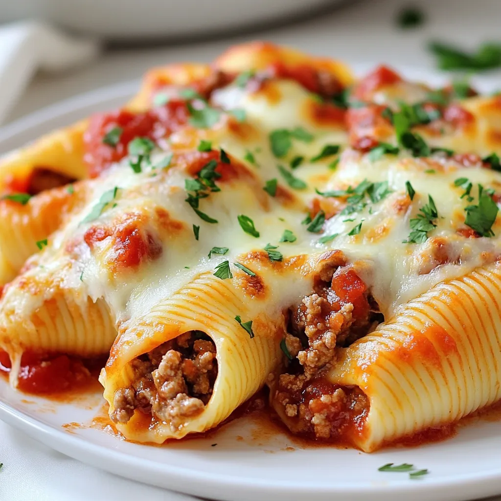 To make Beef Ricotta Stuffed Shells, gather these ingredients: - 18 large pasta shells - 1 pound ground beef - 1 cup ricotta cheese - 1 cup shredded mozzarella cheese, divided - 1/2 cup grated Parmesan cheese - 1/2 cup fresh spinach, chopped - 1 egg, beaten - 2 cups marinara sauce - 2 cloves garlic, minced - 1 teaspoon dried oregano - 1 teaspoon dried basil - Salt and pepper to taste - Fresh parsley, chopped (for garnish) Each ingredient plays a key role in the dish. The pasta shells hold the hearty filling. Ground beef adds protein and flavor. Ricotta cheese gives a creamy texture. Mozzarella and Parmesan add richness. Spinach brings a fresh taste. The egg helps bind the filling together. Marinara sauce adds a zesty kick. Garlic, oregano, and basil enhance the overall flavor. Using fresh spinach makes a big difference. It adds color and nutrients. Salt and pepper balance the flavors. Finally, fresh parsley gives a bright finish to the dish. This mix of flavors and textures creates a warm and inviting meal for your family. {{ingredient_image_1}} - Preheat the oven to 375°F (190°C). - Cook the pasta shells according to package instructions. - Drain and set aside to cool slightly. - Sauté minced garlic in olive oil. - Add and cook ground beef until browned. - Season with salt, pepper, oregano, and basil. - Mix cooled beef with ricotta, mozzarella, Parmesan, spinach, and egg. - Fill each pasta shell with the mixture. - Bake the stuffed shells covered for 25 minutes, then uncovered for 10-15 minutes until bubbly and golden. I love making Beef Ricotta Stuffed Shells. They bring warmth to the table. First, preheat your oven to 375°F (190°C). This is key for a nice bake. Next, cook the pasta shells as per the package. You want them al dente, not mushy. Once cooked, drain them and let them cool a bit. While the shells cool, let’s cook the filling. Heat some olive oil in a skillet over medium heat. Add minced garlic and sauté it until fragrant. Then, add the ground beef. Break it apart with a spoon. Cook it until it turns brown, about 5 to 7 minutes. Season it with salt, pepper, oregano, and basil. This mix gives the beef great flavor. After cooking, let the beef cool slightly. In a big bowl, mix the beef with ricotta, half the mozzarella, Parmesan, chopped spinach, and the beaten egg. Stir until everything is well combined. Now comes the fun part—filling the shells! Use a spoon to stuff each shell with the beef and cheese mix. They should be full, but not overflowing. Take a large baking dish and spread one cup of marinara sauce on the bottom. Place the stuffed shells in the dish. Pour the rest of the marinara sauce over the shells. Top with the remaining mozzarella cheese. Cover the dish with aluminum foil and bake it for 25 minutes. This keeps the moisture in. After that, remove the foil and bake for another 10 to 15 minutes. This helps the cheese get bubbly and golden. When it's done, garnish with fresh parsley. Now you have a hearty family dinner delight! - Ensure pasta shells are al dente. This gives them the right texture. - Let the beef mixture cool slightly before mixing in cheese and egg. This helps keep the filling creamy. - Serve with extra Parmesan on top for added flavor. - Pair with garlic bread for a tasty side. - Garnish with fresh parsley for a pop of color. - If the shells tear during filling, use a spoon to gently guide the filling in. - To keep stuffed shells from drying out while baking, cover them with foil until the end. This traps moisture inside. Pro Tips Cook Pasta Al Dente: Ensure that the pasta shells are cooked al dente to prevent them from becoming too soft when baked. Use Fresh Herbs: Fresh herbs can elevate the flavors in your filling; consider adding fresh oregano or basil for a vibrant taste. Customize the Filling: Feel free to add other ingredients like mushrooms or bell peppers to the beef and ricotta mixture for extra flavor and nutrition. Rest Before Serving: Let the stuffed shells sit for a few minutes after baking. This helps the filling set and makes them easier to serve. {{image_2}} You can easily swap ground beef for turkey or chicken. This change makes the dish lighter. You can also try different cheeses. Feta or cottage cheese can add a nice twist. They give a different flavor and texture to the filling. If you need a gluten-free option, use alternative pasta. There are many tasty gluten-free pasta types available. For a vegetarian option, replace the beef with mushrooms or lentils. Both choices add great flavor and protein to the dish. Add spices to boost flavor. A pinch of red pepper flakes can add heat. You can also try unique spices like smoked paprika or cumin. Adding vegetables can enhance the taste. Bell peppers or zucchini blend well and add color. This way, you make your meal even healthier and more delicious. To keep your Beef Ricotta Stuffed Shells fresh, store them in the refrigerator. Place them in an airtight container. You can also cover them tightly with plastic wrap. They will stay good for up to three days. For long-term storage, you can freeze them. Before freezing, let the dish cool completely. Wrap the dish in foil, then place it in a freezer-safe bag. This method helps prevent freezer burn. When you are ready to enjoy the leftovers, reheating is key. The best way to reheat is in the oven. Preheat the oven to 350°F (175°C). Place the stuffed shells in an oven-safe dish. Cover with foil to keep them moist. Heat for about 20 minutes or until they are warm. If you want gooey cheese, add a splash of marinara sauce on top before reheating. This keeps the cheese from drying out. Cooked Beef Ricotta Stuffed Shells last in the fridge for three to four days. If you freeze them, they can last for up to three months. When you are ready to eat, thaw them overnight in the fridge. After thawing, reheat them as mentioned above. This way, you’ll enjoy a meal that tastes fresh and delicious. Can I prepare stuffed shells in advance? Yes, you can prepare stuffed shells ahead of time. Just fill the shells and place them in your baking dish. Cover the dish and store it in the fridge for up to 24 hours. When ready to bake, just add a few extra minutes to the cooking time. What sides pair well with Beef Ricotta Stuffed Shells? Here are some great sides to serve: - Garlic bread - Mixed green salad - Roasted vegetables - Steamed broccoli How to avoid soggy shells? To avoid soggy shells, cook them al dente. This means they should still be firm when you take them out. Rinse the shells with cold water after cooking to stop the cooking process. Can I use homemade marinara sauce? Yes, homemade marinara sauce works great. It adds a fresh flavor to the dish. Just make sure it is thick enough to coat the shells without making them soggy. What can I use instead of ricotta cheese? You can use cottage cheese or cream cheese. For a lighter option, Greek yogurt works well too. Just blend it until smooth for the best texture. How to make the dish dairy-free? To make it dairy-free, use dairy-free ricotta or cashew cheese. You can also skip the cheese and add more spinach or mushrooms for texture. Making Beef Ricotta Stuffed Shells is simple and fun. We covered all the steps, from cooking the pasta to baking them to golden perfection. I shared tips for avoiding soggy shells and ways to modify the recipe based on your needs. Try different meats or make it vegetarian to fit your taste. Enjoy these tasty shells, whether for a dinner party or a cozy night in. Remember, good food brings everyone together. Happy cooking!