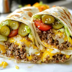 - 1 lb ground beef - 4 large flour tortillas - 1 cup shredded lettuce - 1 cup diced tomatoes - 1 cup cheddar cheese, shredded - 1/2 cup pickles, sliced These main ingredients create the heart of your Big Mac Wrap. The ground beef gives it that classic flavor. Using large flour tortillas acts as the perfect wrap. Fresh lettuce and tomatoes add crunch and color. The cheese brings it all together, while pickles add a zesty kick. - 1 tablespoon onion powder - 1 tablespoon garlic powder - 1 tablespoon salt - 1 tablespoon pepper Seasonings make your Big Mac Wrap pop with flavor. Onion and garlic powders enhance the beef. Salt and pepper balance everything, making each bite tasty. Proper seasoning is key for a great meal. - 1/2 cup Thousand Island dressing - Optional: pepper jack cheese - Optional: 1 tablespoon sesame seeds (for garnish) Thousand Island dressing ties the wrap together. It gives a creamy and tangy taste. If you want a spicy twist, add pepper jack cheese. Sprinkling sesame seeds on top adds a fun touch and extra crunch. Enjoy your Big Mac Wraps with these special components for a delightful meal! {{ingredient_image_1}} First, I heat a large skillet over medium heat. Once hot, I add 1 pound of ground beef. I break it apart with a spatula. I cook it until the beef is brown, about 5 to 7 minutes. This step is key to getting great flavor. After browning, I drain any excess fat from the skillet. Next, I add 1 tablespoon of onion powder, 1 tablespoon of garlic powder, 1 tablespoon of salt, and 1 tablespoon of pepper. I stir it well and let it cook for 2 more minutes. This adds depth to the meat and makes it taste just like a Big Mac. Now, it's time to assemble the wraps. I lay out a large flour tortilla on a clean surface. I spread a generous tablespoon of Thousand Island dressing right in the center. This sauce gives the wrap its classic taste. On top of the dressing, I add about 1/4 cup of the beef mixture. Then, I layer on 1 cup of shredded lettuce, 1 cup of diced tomatoes, 1 cup of shredded cheddar cheese, and 1/2 cup of sliced pickles. Each layer adds its own burst of flavor, making the wrap fun to eat! To fold the wrap, I first tuck in the sides of the tortilla. Then, I roll it up tightly from the bottom. This keeps all the delicious filling inside. I repeat this process for the remaining tortillas and filling. For a nice touch, I sprinkle sesame seeds on top of the wraps. This step is optional but adds a nice crunch. Finally, I serve the wraps right away or wrap them in foil for later. Cutting the wraps in half and serving with extra dressing makes for a great presentation! To make the best Big Mac wraps, ensure your beef is cooked right. Brown the ground beef in a skillet over medium heat. This takes about 5 to 7 minutes. Break it up with a spatula as it cooks. Once browned, drain any fat. Add onion powder, garlic powder, salt, and pepper. Stir for 2 minutes. This makes the beef tasty. After cooking, cool the mixture before assembly. Let it sit for a few minutes. This step helps keep your wraps from becoming soggy. Cutting the wraps makes them fun to eat. Slice them in half diagonally. This not only looks nice but also makes it easy to dip. Serve with extra Thousand Island dressing for dipping. Place the wraps on a colorful plate. Add some fresh greens around them for extra color. To keep wraps fresh, store them in foil. This helps prevent them from drying out. You can also place them in an airtight container. If you have leftovers, eat them within two days. For reheating, use a microwave or an oven. If using a microwave, heat for about 30 seconds. For the oven, preheat to 350°F and heat for about 10 minutes. This keeps the wrap warm and tasty. Pro Tips Use Lean Ground Beef: Opt for lean ground beef (at least 85% lean) to reduce excess grease and create a healthier wrap. Customize Your Veggies: Feel free to add or substitute veggies like diced onions, jalapeños, or bell peppers for extra flavor and crunch. Warm the Tortillas: Slightly warm the tortillas in a dry skillet before assembling; this makes them more pliable and easier to roll without tearing. Chill Before Serving: For a refreshing twist, chill the assembled wraps in the fridge for 15-30 minutes before serving to enhance the flavors. {{image_2}} You can make Big Mac Wraps meat-free. Start by substituting ground beef with plant-based meat. This swap gives you a similar taste and texture. You can use veggie crumbles or lentils for a healthy twist. Next, add extra veggies. Try bell peppers, carrots, or cucumbers. These will add crunch and color to your wrap, making it even more fun. For a low-carb version, use lettuce wraps instead of flour tortillas. This keeps the wrap fresh and light. Romaine or iceberg lettuce works best. You can also try alternative sauces. Instead of Thousand Island, use a creamy ranch or a zesty salsa. These options can give the wrap a new flavor while keeping it healthy. To spice things up, add spices for heat. A pinch of cayenne or chili powder can make your wrap exciting. If you love cheese, explore different cheese options. Swap cheddar for pepper jack or mozzarella for a new taste. These small changes can elevate your Big Mac Wraps to a whole new level. A Big Mac Wrap is fun and tasty, but it also packs some calories. Each serving has about 450 calories. Here’s how the macronutrients break down: - Protein: 25 grams - Carbohydrates: 35 grams - Fat: 25 grams This wrap gives you a good amount of protein, thanks to the beef and cheese. You’ll also get some carbs from the tortillas, which provide energy. When you compare a Big Mac Wrap to a traditional Big Mac, there are some key differences. A Big Mac has more calories and saturated fat. The wrap uses less beef and skips the extra bun, making it lighter. If you want to make it healthier, consider these tips: - Use lean ground turkey or chicken instead of beef. - Choose whole wheat tortillas for more fiber. - Add more veggies like spinach or bell peppers. These swaps can help you enjoy the flavors while keeping it healthier. The Big Mac Wrap contains some common allergens. Here’s what to watch out for: - Beef: A common allergen for those with beef allergies. - Dairy: Cheddar cheese can cause issues for those with lactose intolerance. - Gluten: Flour tortillas contain gluten, which can affect those with celiac disease. If you need to modify the wrap, consider these options: - Use a dairy-free cheese or skip the cheese. - Choose gluten-free tortillas to avoid gluten. - Use a plant-based meat for those avoiding animal products. These modifications can help you enjoy the wrap safely! A Big Mac Wrap is a fun twist on the classic Big Mac. It takes all the great flavors and wraps them in a soft tortilla. You get ground beef, cheese, lettuce, tomatoes, pickles, and that special sauce all rolled up neatly. This wrap is easy to eat and packed with flavor. It makes a great meal or snack for any time. The Big Mac Wrap has some key differences from the traditional Big Mac. The wrap uses flour tortillas instead of a bun. This makes it easier to hold and eat. The taste is similar but feels lighter. You still get the seasoned beef and that famous Thousand Island dressing. The fresh veggies add crunch, making each bite exciting. Overall, it offers a new way to enjoy the same classic flavors. At some McDonald's, you may find Big Mac Wraps on the menu. However, they are not always available everywhere. The best way to enjoy them is to make them at home! You can follow the simple recipe I shared. This way, you control the ingredients and make as many as you like. Plus, it’s a fun cooking project for the whole family. Big Mac Wraps combine familiar flavors with a fun twist. We covered the main ingredients, key seasonings, and the step-by-step process. Cooking the beef mixture is simple, and assembling is easy. The tips and variations help you make the wraps your own. These wraps can be a tasty treat or meal. You can enjoy them with friends or on your own. Try different flavors or healthier choices. No matter how you make them, Big Mac Wraps are sure to please. Enjoy making and sharing these delightful wraps!