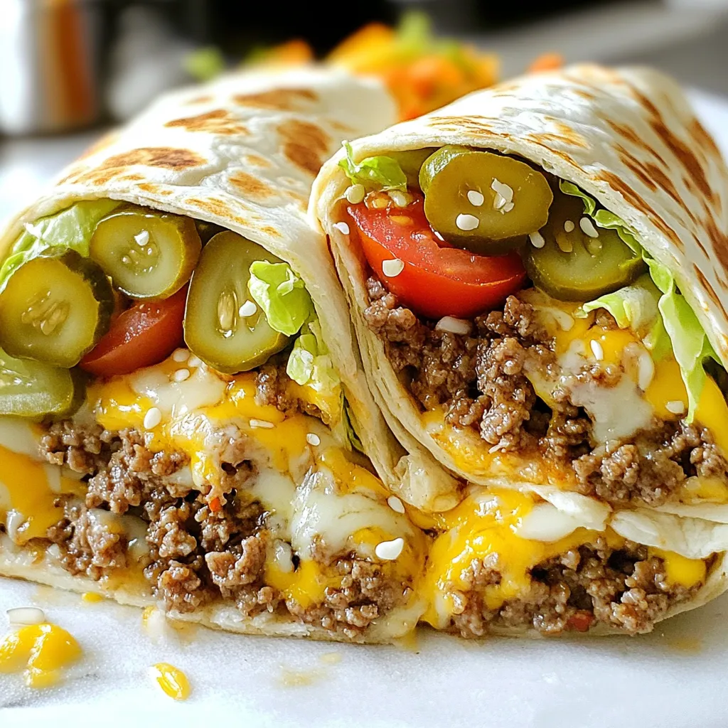 - 1 lb ground beef - 4 large flour tortillas - 1 cup shredded lettuce - 1 cup diced tomatoes - 1 cup cheddar cheese, shredded - 1/2 cup pickles, sliced These main ingredients create the heart of your Big Mac Wrap. The ground beef gives it that classic flavor. Using large flour tortillas acts as the perfect wrap. Fresh lettuce and tomatoes add crunch and color. The cheese brings it all together, while pickles add a zesty kick. - 1 tablespoon onion powder - 1 tablespoon garlic powder - 1 tablespoon salt - 1 tablespoon pepper Seasonings make your Big Mac Wrap pop with flavor. Onion and garlic powders enhance the beef. Salt and pepper balance everything, making each bite tasty. Proper seasoning is key for a great meal. - 1/2 cup Thousand Island dressing - Optional: pepper jack cheese - Optional: 1 tablespoon sesame seeds (for garnish) Thousand Island dressing ties the wrap together. It gives a creamy and tangy taste. If you want a spicy twist, add pepper jack cheese. Sprinkling sesame seeds on top adds a fun touch and extra crunch. Enjoy your Big Mac Wraps with these special components for a delightful meal! {{ingredient_image_1}} First, I heat a large skillet over medium heat. Once hot, I add 1 pound of ground beef. I break it apart with a spatula. I cook it until the beef is brown, about 5 to 7 minutes. This step is key to getting great flavor. After browning, I drain any excess fat from the skillet. Next, I add 1 tablespoon of onion powder, 1 tablespoon of garlic powder, 1 tablespoon of salt, and 1 tablespoon of pepper. I stir it well and let it cook for 2 more minutes. This adds depth to the meat and makes it taste just like a Big Mac. Now, it's time to assemble the wraps. I lay out a large flour tortilla on a clean surface. I spread a generous tablespoon of Thousand Island dressing right in the center. This sauce gives the wrap its classic taste. On top of the dressing, I add about 1/4 cup of the beef mixture. Then, I layer on 1 cup of shredded lettuce, 1 cup of diced tomatoes, 1 cup of shredded cheddar cheese, and 1/2 cup of sliced pickles. Each layer adds its own burst of flavor, making the wrap fun to eat! To fold the wrap, I first tuck in the sides of the tortilla. Then, I roll it up tightly from the bottom. This keeps all the delicious filling inside. I repeat this process for the remaining tortillas and filling. For a nice touch, I sprinkle sesame seeds on top of the wraps. This step is optional but adds a nice crunch. Finally, I serve the wraps right away or wrap them in foil for later. Cutting the wraps in half and serving with extra dressing makes for a great presentation! To make the best Big Mac wraps, ensure your beef is cooked right. Brown the ground beef in a skillet over medium heat. This takes about 5 to 7 minutes. Break it up with a spatula as it cooks. Once browned, drain any fat. Add onion powder, garlic powder, salt, and pepper. Stir for 2 minutes. This makes the beef tasty. After cooking, cool the mixture before assembly. Let it sit for a few minutes. This step helps keep your wraps from becoming soggy. Cutting the wraps makes them fun to eat. Slice them in half diagonally. This not only looks nice but also makes it easy to dip. Serve with extra Thousand Island dressing for dipping. Place the wraps on a colorful plate. Add some fresh greens around them for extra color. To keep wraps fresh, store them in foil. This helps prevent them from drying out. You can also place them in an airtight container. If you have leftovers, eat them within two days. For reheating, use a microwave or an oven. If using a microwave, heat for about 30 seconds. For the oven, preheat to 350°F and heat for about 10 minutes. This keeps the wrap warm and tasty. Pro Tips Use Lean Ground Beef: Opt for lean ground beef (at least 85% lean) to reduce excess grease and create a healthier wrap. Customize Your Veggies: Feel free to add or substitute veggies like diced onions, jalapeños, or bell peppers for extra flavor and crunch. Warm the Tortillas: Slightly warm the tortillas in a dry skillet before assembling; this makes them more pliable and easier to roll without tearing. Chill Before Serving: For a refreshing twist, chill the assembled wraps in the fridge for 15-30 minutes before serving to enhance the flavors. {{image_2}} You can make Big Mac Wraps meat-free. Start by substituting ground beef with plant-based meat. This swap gives you a similar taste and texture. You can use veggie crumbles or lentils for a healthy twist. Next, add extra veggies. Try bell peppers, carrots, or cucumbers. These will add crunch and color to your wrap, making it even more fun. For a low-carb version, use lettuce wraps instead of flour tortillas. This keeps the wrap fresh and light. Romaine or iceberg lettuce works best. You can also try alternative sauces. Instead of Thousand Island, use a creamy ranch or a zesty salsa. These options can give the wrap a new flavor while keeping it healthy. To spice things up, add spices for heat. A pinch of cayenne or chili powder can make your wrap exciting. If you love cheese, explore different cheese options. Swap cheddar for pepper jack or mozzarella for a new taste. These small changes can elevate your Big Mac Wraps to a whole new level. A Big Mac Wrap is fun and tasty, but it also packs some calories. Each serving has about 450 calories. Here’s how the macronutrients break down: - Protein: 25 grams - Carbohydrates: 35 grams - Fat: 25 grams This wrap gives you a good amount of protein, thanks to the beef and cheese. You’ll also get some carbs from the tortillas, which provide energy. When you compare a Big Mac Wrap to a traditional Big Mac, there are some key differences. A Big Mac has more calories and saturated fat. The wrap uses less beef and skips the extra bun, making it lighter. If you want to make it healthier, consider these tips: - Use lean ground turkey or chicken instead of beef. - Choose whole wheat tortillas for more fiber. - Add more veggies like spinach or bell peppers. These swaps can help you enjoy the flavors while keeping it healthier. The Big Mac Wrap contains some common allergens. Here’s what to watch out for: - Beef: A common allergen for those with beef allergies. - Dairy: Cheddar cheese can cause issues for those with lactose intolerance. - Gluten: Flour tortillas contain gluten, which can affect those with celiac disease. If you need to modify the wrap, consider these options: - Use a dairy-free cheese or skip the cheese. - Choose gluten-free tortillas to avoid gluten. - Use a plant-based meat for those avoiding animal products. These modifications can help you enjoy the wrap safely! A Big Mac Wrap is a fun twist on the classic Big Mac. It takes all the great flavors and wraps them in a soft tortilla. You get ground beef, cheese, lettuce, tomatoes, pickles, and that special sauce all rolled up neatly. This wrap is easy to eat and packed with flavor. It makes a great meal or snack for any time. The Big Mac Wrap has some key differences from the traditional Big Mac. The wrap uses flour tortillas instead of a bun. This makes it easier to hold and eat. The taste is similar but feels lighter. You still get the seasoned beef and that famous Thousand Island dressing. The fresh veggies add crunch, making each bite exciting. Overall, it offers a new way to enjoy the same classic flavors. At some McDonald's, you may find Big Mac Wraps on the menu. However, they are not always available everywhere. The best way to enjoy them is to make them at home! You can follow the simple recipe I shared. This way, you control the ingredients and make as many as you like. Plus, it’s a fun cooking project for the whole family. Big Mac Wraps combine familiar flavors with a fun twist. We covered the main ingredients, key seasonings, and the step-by-step process. Cooking the beef mixture is simple, and assembling is easy. The tips and variations help you make the wraps your own. These wraps can be a tasty treat or meal. You can enjoy them with friends or on your own. Try different flavors or healthier choices. No matter how you make them, Big Mac Wraps are sure to please. Enjoy making and sharing these delightful wraps!