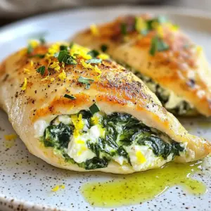 To make delicious spinach stuffed chicken breasts, gather these items: - 4 boneless, skinless chicken breasts - 2 cups fresh spinach, chopped - 1 cup feta cheese, crumbled - 1/4 cup cream cheese, softened - 2 cloves garlic, minced - 1/2 teaspoon red pepper flakes (optional) - 1 tablespoon olive oil - Salt and pepper to taste - 1 teaspoon dried oregano - 1 lemon, zest and juice If you need to swap ingredients, here are some ideas: - Use goat cheese instead of feta for a creamier taste. - Swap cream cheese with ricotta for a lighter filling. - If you don't have fresh spinach, use frozen spinach, but drain it well. - You can replace red pepper flakes with black pepper for less heat. - Try using fresh herbs like parsley or basil instead of oregano for a different flavor. You will need a few simple tools for this recipe: - A sharp knife for slicing the chicken. - A cutting board for safe prep. - A mixing bowl for the filling. - A large oven-safe skillet for cooking and baking. - Toothpicks to secure the chicken if needed. These tools and ingredients will help you create a tasty meal that impresses everyone. Enjoy the process! {{ingredient_image_1}} To start, you will need to gather your ingredients. You need: - 4 boneless, skinless chicken breasts - 2 cups fresh spinach, chopped - 1 cup feta cheese, crumbled - 1/4 cup cream cheese, softened - 2 cloves garlic, minced - 1/2 teaspoon red pepper flakes (optional) - 1 tablespoon olive oil - Salt and pepper to taste - 1 teaspoon dried oregano - 1 lemon, zest and juice First, preheat your oven to 375°F (190°C). This step helps the chicken cook evenly. Next, grab a medium bowl. In this bowl, mix together the chopped spinach, feta cheese, cream cheese, minced garlic, optional red pepper flakes, oregano, lemon zest, and lemon juice. Make sure to season with salt and pepper to taste. This mixture is rich in flavor and will make your chicken shine. Now, take each chicken breast. Use a sharp knife to cut a pocket into the thickest part. Be careful not to cut all the way through. You want to hold the filling inside. Once your chicken is prepared, it's time to stuff it. Take your spinach and feta mixture. Fill each chicken breast pocket generously. If needed, use toothpicks to close the openings. This keeps the filling secure while cooking. Next, heat olive oil in a large oven-safe skillet over medium-high heat. Season the chicken breasts with salt and pepper. Sear each side of the chicken for about 4-5 minutes. Look for a nice golden-brown color; this adds flavor. After searing, transfer the skillet to your preheated oven. Bake the chicken for 20-25 minutes. You want the chicken to reach an internal temperature of 165°F (75°C). This ensures it’s fully cooked and safe to eat. When the chicken is done, remove it from the oven. Let it rest for a few minutes before serving. This resting time allows the juices to settle, making the chicken juicy and tender. For a beautiful presentation, serve the stuffed chicken breasts on a bed of sautéed vegetables or next to roasted potatoes. A drizzle of extra lemon juice adds brightness. Garnish with fresh herbs for a pop of color. Enjoy your meal! To keep your chicken moist, sear it well before baking. Use medium-high heat and a bit of olive oil. This gives the chicken a nice brown crust. Make sure to bake it just until it hits 165°F (75°C). Letting it rest after cooking helps lock in moisture. Add fresh herbs for more taste. Basil or parsley works great. A squeeze of fresh lemon juice before serving brightens up the dish. You could also try different cheeses. Goat cheese or mozzarella can give a new twist to the filling. For a beautiful plate, serve the chicken on a bed of sautéed veggies. Roasted potatoes also make a nice side. Drizzle with extra lemon juice to add shine. Fresh herbs on top add a pop of color and make your meal look gourmet. Pro Tips Don’t Overstuff: Ensure you don’t overfill the chicken breasts to avoid the filling spilling out during cooking. Use Fresh Ingredients: Fresh spinach and high-quality feta will enhance the flavor of the stuffing. Let it Rest: Allow the chicken to rest after cooking to let the juices redistribute for a more tender bite. Experiment with Herbs: Feel free to add other herbs like basil or thyme to the stuffing for a unique twist. {{image_2}} If you want to change the taste, try different cheeses. Cream cheese gives a rich feel. You can swap it with ricotta for a creamier texture. Goat cheese adds a tangy flavor that many love. Mozzarella melts well and makes the chicken gooey. Each cheese brings its own charm. You can mix in some veggies for extra crunch. Bell peppers add sweetness and color. Mushrooms give a nice umami flavor. Chopped artichokes bring a Mediterranean twist. Even sun-dried tomatoes can add a burst of flavor. Just make sure to chop them small so they fit well in the pocket. Baking is great, but you can grill the chicken too. Grilling gives a smoky flavor that is hard to beat. If you prefer a quicker method, try pan-frying. This way, you can cook the chicken faster. You can also use an air fryer for crispy skin without extra oil. Each method offers a tasty twist on the classic dish. Store leftover spinach stuffed chicken breasts in an airtight container. This keeps them fresh. Place the container in the fridge. They will stay good for 3 to 4 days. Make sure to cool the chicken down before sealing. This prevents moisture build-up. You can freeze spinach stuffed chicken breasts for later use. Wrap each chicken breast in plastic wrap. Then, place them in a freezer-safe bag. Be sure to remove as much air as possible. They can last up to 3 months in the freezer. When you are ready, thaw them in the fridge overnight. To reheat, preheat your oven to 350°F (175°C). Place the chicken in an oven-safe dish. Cover it with foil to keep it moist. Heat for about 20 minutes or until warm. You can also use a microwave. Heat on medium power for about 2-3 minutes. Make sure to check the middle is hot. Enjoy your tasty chicken! You can tell when chicken is done by checking the internal temperature. Use a meat thermometer. The chicken should reach 165°F (75°C). If you don’t have a thermometer, cut into the thickest part. The meat should be white and juices should run clear. Avoid pink meat inside. Let the chicken rest for a few minutes before serving. This helps the juices stay inside. Yes, you can use frozen spinach. Just make sure to thaw and drain it well. Squeeze out excess water. This keeps the filling from getting too watery. Frozen spinach is a great time saver. It’s also nutritious and easy to find. You can serve many things with this dish. Here are some ideas: - Sautéed vegetables like zucchini or bell peppers - Roasted potatoes for a hearty side - A fresh salad with lemon vinaigrette - Rice or quinoa for a filling option - Garlic bread for extra flavor Feel free to mix and match your sides! This blog post covered how to make delicious spinach stuffed chicken breasts. We looked at the needed ingredients, tools, and easy steps for cooking. I shared tips to keep the chicken moist and to boost the flavor. You learned about variations and how to store leftovers effectively. In closing, I hope these ideas make your cooking fun and tasty. Enjoy creating your meal with confidence!