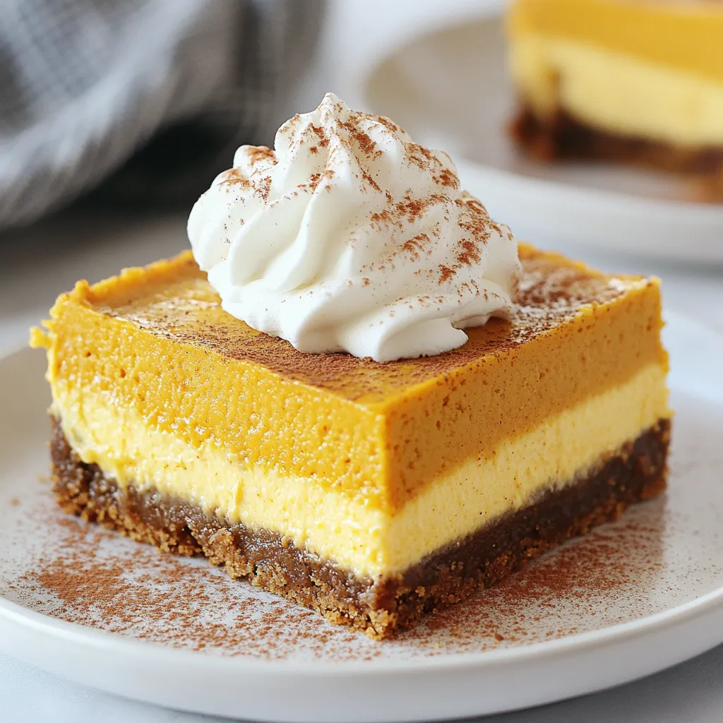 To make pumpkin cheesecake bars, you need a few simple ingredients. Here’s what you will need: - 1 ½ cups graham cracker crumbs - ½ cup unsalted butter, melted - 2 tablespoons sugar - 2 (8 oz) packages cream cheese, softened - ¾ cup sugar - 2 large eggs - 1 cup pumpkin puree - 1 teaspoon vanilla extract - 1 teaspoon ground cinnamon - ½ teaspoon ground nutmeg - ¼ teaspoon ground ginger - ¼ teaspoon salt Each ingredient plays a key role in creating the perfect flavor and texture. The graham cracker crumbs form a tasty crust, while the cream cheese provides creaminess. The pumpkin puree gives a warm and inviting flavor, and the spices add a lovely aroma. Using fresh ingredients will always yield the best results. Make sure your cream cheese is softened for easy mixing. This ensures a smooth filling without lumps. If you want to make these bars gluten-free, simply swap graham cracker crumbs with gluten-free crumbs. This way, everyone can enjoy this delicious treat! {{ingredient_image_1}} - Preheat oven to 350°F (175°C). - Line a 9x9 inch baking dish with parchment paper. This makes it easy to lift the bars out later. - Combine 1 ½ cups graham cracker crumbs, ½ cup melted butter, and 2 tablespoons sugar. - Mix until it looks crumbly. - Press the mixture evenly into the bottom of the baking dish. - Bake for 10 minutes, then take it out and let it cool slightly. - In a large bowl, beat 2 packages of softened cream cheese with ¾ cup sugar until it is smooth. - Add 2 large eggs, one at a time, mixing well after each. - Next, mix in 1 cup pumpkin puree, 1 teaspoon vanilla extract, 1 teaspoon ground cinnamon, ½ teaspoon ground nutmeg, ¼ teaspoon ground ginger, and ¼ teaspoon salt. - Blend until all ingredients are well combined and smooth. - Pour the pumpkin cheesecake mixture over the cooled crust. - Spread it evenly with a spatula. - Bake in the preheated oven for 30-35 minutes. Check for doneness by inserting a toothpick into the center. It should come out clean. - Let the bars cool at room temperature for about 1 hour. - After that, refrigerate them for at least 2 hours to firm up. - Once chilled, lift the parchment paper to remove the bars from the dish and slice into squares. To get the best texture, you need to properly soften your cream cheese. Take it out of the fridge at least 30 minutes before you start. This helps it mix smoothly with the sugar. If your cream cheese is cold, it can lead to lumps in your batter. Next, avoid overmixing the batter. Once you add the eggs, mix just enough to combine. Overmixing can make the bars too airy and cause them to crack while baking. For a delightful touch, you can garnish each bar with whipped cream. A sprinkle of cinnamon adds warmth and beauty. You can also serve these bars with a scoop of vanilla ice cream for a special treat. A cup of coffee or spiced tea pairs nicely with them too. One big mistake is not cooling the crust properly. Make sure to let it cool slightly before adding the filling. If you skip this step, the filling can become too runny. Another common error is overbaking the cheesecake bars. Keep an eye on them as they bake. They should be set in the center but still slightly jiggly. This ensures they remain creamy and delicious. Pro Tips Cool Completely: Make sure to allow the bars to cool completely at room temperature before refrigerating. This helps them set properly and enhances the texture. Use Fresh Spices: For the best flavor, consider using fresh ground spices instead of pre-ground. They can significantly elevate the taste of your cheesecake bars. Chill Longer: If you have the time, let the bars chill overnight. This allows the flavors to meld together beautifully and results in a firmer texture. Garnish Wisely: When serving, top with a dollop of whipped cream and a sprinkle of cinnamon or nutmeg for an extra touch of flavor and presentation. {{image_2}} You can easily change the taste of your pumpkin cheesecake bars. Try adding a drizzle of chocolate or caramel on top. It gives a sweet touch and makes the bars look fancy. You can also mix in nuts or chocolate chips into the filling. This adds a nice crunch and rich flavor. If you need a gluten-free option, use gluten-free graham cracker crumbs for the crust. This way, everyone can enjoy these tasty bars. For a vegan version, swap the cream cheese for a plant-based cream cheese. You can replace the eggs with flaxseed meal mixed with water. This keeps the bars creamy and delicious without using animal products. To change up the flavor, play with the spices. You can add cardamom or cloves for a new taste. If you want a fresh twist, use real pumpkin instead of canned puree. Just roast the pumpkin, then blend it until smooth. This gives your bars a fresh flavor and makes them even more special. To keep your pumpkin cheesecake bars fresh, store them in the refrigerator. Place the bars in an airtight container. If you prefer, you can also wrap them tightly with plastic wrap. This keeps them moist and tasty. If you want to freeze them, slice the bars first. Wrap each slice in plastic wrap, then place them in a freezer-safe bag. This method prevents freezer burn. You can enjoy these bars later on! In the fridge, these bars last about 5 to 7 days. Always check for any signs of spoilage. If you see mold or notice an off smell, it’s best to discard them. Signs that the bars have gone bad include a change in color or texture. If they feel sticky or slimy, do not eat them. If you want to enjoy your bars warm, you can safely reheat them. Use the microwave for quick warming. Place a slice on a microwave-safe plate and heat for about 10 to 15 seconds. Check that it is warm but not too hot. You can also reheat in the oven. Set the oven to 350°F (175°C) and warm for about 5 to 10 minutes. Enjoy them warm, and feel free to add a little whipped cream on top! To slice pumpkin cheesecake bars cleanly, first chill them well. After chilling, lift the bars out using the parchment paper. Use a sharp knife and dip it in hot water before cutting. Wipe the knife with a towel after each cut. This helps prevent the filling from sticking and ensures neat slices. For presentation, serve bars on dessert plates with whipped cream and a sprinkle of cinnamon. Yes, you can make these bars ahead of time. I recommend making them a day before you plan to serve them. This allows the flavors to blend well. After baking, cool them at room temperature, then refrigerate for at least two hours. You can keep them in the fridge for up to four days. If you want to freeze them, wrap each bar tightly in plastic wrap. They can last up to three months in the freezer. If you don’t have pumpkin puree, you can use butternut squash puree. It has a similar texture and flavor. Another option is to use sweet potato puree. Both are great alternatives. You can even make your own puree by roasting pumpkin or squash, then blending it until smooth. Just ensure any substitute is thick and not watery. Absolutely! If you prefer a different crust, you can try an oatmeal crust. Simply mix oats, butter, and brown sugar. Alternatively, you can use a cookie crust made from crushed gingersnaps or chocolate cookies. Each option gives the bars a unique flavor and texture. Just make sure the crust is firm enough to hold the filling. These pumpkin cheesecake bars use simple, tasty ingredients. We covered crust, filling, and baking steps. I shared tips for great texture and delicious garnishes. Variations let you mix things up, while storage info ensures freshness. Enjoy your baking adventure, and share these bars with friends! The joy of making and tasting these treats is all yours. Remember, practice makes perfect. Happy baking!
