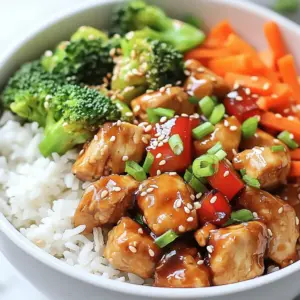 - 2 boneless, skinless chicken breasts, diced - 2 tablespoons soy sauce - 1 tablespoon sesame oil - 1 tablespoon fresh ginger, grated - 2 cloves garlic, minced - 1 cup broccoli florets - 1 carrot, julienned - 1 red bell pepper, sliced - 1 cup cooked jasmine rice - 1 tablespoon rice vinegar - 1 teaspoon honey - 2 green onions, chopped - Sesame seeds for garnish These ingredients create a tasty and colorful chicken bowl. The chicken adds protein, while the veggies bring vitamins. The soy sauce and sesame oil give the dish a rich flavor. - Chopped cilantro - Sliced radishes - Crushed peanuts - Chili flakes - Lime wedges You can add these toppings for more taste and crunch. Each one offers a unique bite and makes your bowl special. - Calories: 350 - Protein: 28g - Carbohydrates: 40g - Fat: 10g - Fiber: 4g This dish gives a good balance of nutrients. It fills you up without weighing you down. Enjoy this meal knowing it is good for you! {{ingredient_image_1}} First, take the diced chicken and put it in a medium bowl. Add the soy sauce and sesame oil. Mix well to coat all the chicken pieces. Let the chicken sit for at least 15 minutes. This step adds great flavor to your dish. While it marinates, you can chop the vegetables. Heat a large skillet or wok over medium-high heat. Once hot, add the marinated chicken. Cook it for about 5 to 7 minutes. You want the chicken to turn golden brown and cook through. Once done, take it out and set it aside. This makes sure the chicken stays juicy. In the same skillet, add the grated ginger and minced garlic. Sauté these for about 30 seconds until you smell their nice aroma. Then, toss in the broccoli, carrot, and red bell pepper. Stir-fry the veggies for about 4 to 5 minutes. You want them tender but still crisp. This keeps them healthy and colorful. Now, return the cooked chicken to the skillet. Pour in the rice vinegar and honey, then stir everything together. Let it cook for an additional 2 to 3 minutes. This helps all the flavors blend. Finally, prepare your bowls. Start with jasmine rice at the bottom. Top it with the chicken and vegetable mix. Garnish with green onions and sesame seeds. Enjoy your delicious meal! To cook jasmine rice, use a 1:1.5 rice-to-water ratio. Rinse the rice with cold water. This helps remove excess starch. Add the rice and water to a pot. Bring it to a boil. Once boiling, lower the heat and cover the pot. Let it simmer for 12-15 minutes. After cooking, let it sit for 5 minutes. Fluff the rice with a fork before serving. This method gives you soft, fragrant jasmine rice. For this chicken bowl, you need simple tools. A large skillet or wok works best for cooking. Use a sharp knife for chopping your veggies. A cutting board makes prep easy. You also need measuring spoons for accuracy. A medium bowl is great for marinating the chicken. Having these tools ready makes cooking smooth and fun. Meal prep saves time and helps with busy days. Cook extra chicken and veggies to use later. Store them in airtight containers. You can keep them in the fridge for up to four days. For jasmine rice, prepare a big batch. It reheats well in the microwave. Think about freezing leftovers for quick meals. This way, you can enjoy your savory chicken bowl anytime! Pro Tips Marinate for Flavor: Allow the chicken to marinate for at least 15 minutes to enhance its flavor, but you can also marinate it for up to 2 hours for a deeper taste. Vegetable Variations: Feel free to substitute or add other vegetables like snap peas, mushrooms, or zucchini for a different texture and flavor profile. Perfect Rice: Use freshly cooked jasmine rice for the best texture. If using leftover rice, reheat it with a splash of water to prevent it from drying out. Garnish for Greatness: Don’t skip the garnish! Chopped green onions and sesame seeds add a fresh and crunchy element to the dish that elevates the flavors. {{image_2}} You can swap chicken for many proteins. Try tofu for a plant-based option. Shrimp also works well if you like seafood. Use beef or pork for a heartier meal. Each protein brings its own taste and texture. Adjust cooking times for different proteins. For shrimp, cook until they turn pink. Tofu should be golden and crispy. If you want to change the veggies, go for it! Bell peppers can be replaced with zucchini or snap peas. Carrots can be swapped for bell pepper or asparagus. Broccoli can be traded for green beans or bok choy. Just make sure to keep the colors bright. This makes your bowl visually appealing and tasty. You can change the flavors of your chicken bowl. For a Mexican twist, use taco seasoning instead of soy sauce. Add black beans and corn for a filling touch. Top with avocado and salsa for freshness. For a Mediterranean flavor, use olive oil and lemon juice. Add olives and feta cheese for a unique taste. Each flavor profile offers a new experience. Be creative and mix things up! After you enjoy your savory Asian chicken bowl, let it cool first. Place leftovers in an airtight container. Make sure to divide the chicken, veggies, and rice if you can. This keeps each part fresh longer. Store the container in the fridge for up to three days. If you want to keep it longer, consider freezing it. When you’re ready to eat your leftovers, take them out of the fridge. You can reheat them in a few ways. Use a microwave for a quick fix. Place the food in a microwave-safe bowl. Heat it for one to two minutes, stirring halfway through. You can also reheat it on the stove. Just add a splash of water or broth to keep it moist. Heat over medium heat until warm. To freeze your chicken bowl, start by letting the food cool completely. Divide it into individual portions. Use freezer-safe bags or containers. Remove as much air as possible to avoid freezer burn. Label each bag or container with the date and contents. You can freeze it for up to three months. When you’re ready to eat, thaw it in the fridge overnight. Then, reheat as mentioned above. This method helps you enjoy a quick and tasty meal anytime! Yes, you can use different types of rice. Brown rice adds a nutty taste. Quinoa is a great gluten-free option. Cauliflower rice is perfect if you want fewer carbs. Each type will give a unique flavor and texture. You can keep leftovers in the fridge for up to three days. Store them in an airtight container. This keeps the chicken and vegetables fresh. Make sure to cool the dish before sealing it. You can try teriyaki sauce for sweetness. Hoisin sauce adds a rich flavor. Peanut sauce brings a creamy texture. Each sauce changes the bowl's taste, so feel free to mix it up. Yes, this recipe is perfect for meal prep. You can cook a big batch and divide it into portions. Store it in the fridge or freezer for quick meals. Just reheat when you're ready to eat. This blog post walked you through making a savory Asian chicken bowl. We covered key ingredients, how to marinate and cook chicken, plus stir-fry veggies. You learned tips for perfect rice, meal prep, and even found variations to try. Remember, cooking should be fun and easy. Enjoy making this dish and adding your own twist. With practice, you'll impress everyone at the table. Happy cooking!