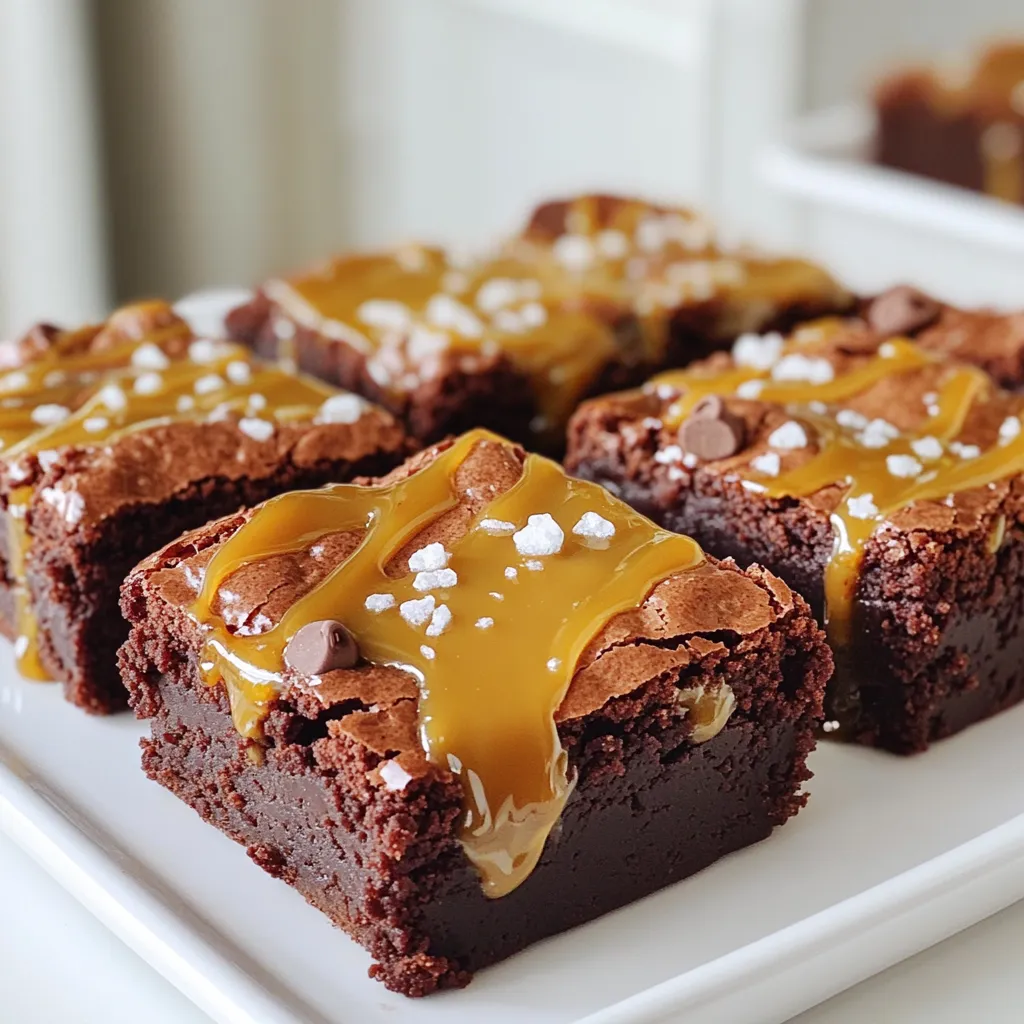 - 1 cup unsalted butter, melted - 2 cups granulated sugar - 4 large eggs - 1 teaspoon vanilla extract - 1 cup all-purpose flour - ½ cup unsweetened cocoa powder - ½ teaspoon baking powder - ½ teaspoon salt - 2 tablespoons instant espresso powder - ½ cup chocolate chips - ½ cup store-bought salted caramel sauce - Flaky sea salt, for garnish When making salted caramel espresso brownies, each ingredient plays a key role. The unsalted butter gives a rich base. Granulated sugar adds sweetness, while eggs provide moisture and structure. Vanilla extract helps round out the flavors. The flour and cocoa powder create a fudgy texture, with the baking powder giving a little lift. Salt balances the sweetness. The espresso powder infuses a bold coffee flavor. Chocolate chips add melty goodness, and the salted caramel sauce brings that sweet, salty twist. - Alternatives for unsalted butter: You can use coconut oil for a dairy-free option. Mashed avocado also works for a healthier fat. - Options for granulated sugar: Brown sugar adds a deeper flavor. You can also try coconut sugar for a more natural sweetener. - Gluten-free flour variations: Almond flour or a gluten-free all-purpose blend can replace regular flour. These options keep the brownies tasty and safe for gluten-sensitive eaters. Choosing the right ingredients makes a big impact on your brownies. Each swap offers a unique taste and texture. Feel free to experiment and find what you love best! First, you need to preheat your oven to 350°F (175°C). This step helps ensure even baking. Next, grease a 9x13-inch baking pan with some butter. You can also line it with parchment paper for easy removal later. This makes serving the brownies much easier. In a large bowl, combine 1 cup of melted butter and 2 cups of granulated sugar. Stir them together until the mixture looks smooth and glossy. Now, add 4 large eggs one at a time, mixing well after each addition. Finally, stir in 1 teaspoon of vanilla extract. This adds a nice flavor to the brownies. In a separate bowl, whisk together 1 cup of all-purpose flour, ½ cup of unsweetened cocoa powder, ½ teaspoon of baking powder, ½ teaspoon of salt, and 2 tablespoons of instant espresso powder. Make sure these dry ingredients are well combined. Gradually add this mixture to your wet ingredients, stirring gently until just combined. Be careful not to overmix, as this can affect the texture. Now, fold in ½ cup of chocolate chips for that extra chocolatey goodness. Pour half of the brownie batter into your prepared baking pan and spread it evenly. Next, drizzle half of the ½ cup of salted caramel sauce over this layer. Use a knife to gently swirl it in. Then, pour the rest of the brownie batter on top, smoothing the surface. Finish by drizzling the remaining salted caramel sauce on top. Swirl it again for a beautiful marbled effect. Place the pan in the preheated oven and bake for 25-30 minutes. To check if they are done, insert a toothpick into the center. It should come out with a few moist crumbs, not wet batter. Once baked, let the brownies cool in the pan for at least 15 minutes before slicing. This helps them set up nicely. Sprinkle with flaky sea salt before serving for a delightful finish. To get fudgy brownies, mix just until combined. Overmixing can make them tough. You want a rich and soft texture. For baking, aim for 25-30 minutes at 350°F (175°C). Use a toothpick to check. If it comes out with a few moist crumbs, they are done. You can add nuts for a crunch. Walnuts or pecans work well. A pinch of espresso powder boosts the coffee flavor. Pair these brownies with a shot of espresso for a great treat. The warm coffee makes the chocolate taste even better. Serve your brownies on a nice platter. Drizzle with extra salted caramel for a sweet touch. A sprinkle of flaky sea salt adds a beautiful look and taste. You can cut them into squares or triangles. Each piece looks great and is easy to serve. {{image_2}} You can make your brownies more fun with different flavors. Try using flavored chocolate chips. You might enjoy mint, orange, or even coffee chocolate chips. These will boost the chocolate taste and add a new twist. You can also infuse your caramel with extracts. A few drops of vanilla or almond extract can make the caramel pop. Just mix these extracts into the caramel sauce before drizzling it on the brownies. If you want a vegan version, swap out the eggs. Use flax eggs instead. Mix one tablespoon of flaxseed meal with three tablespoons of water. Let it sit for a few minutes until it thickens. Replace the butter with coconut oil for a dairy-free option. For low-sugar options, consider using a sugar substitute. Sweeteners like stevia or monk fruit can work well. Be sure to check the conversion ratios for best results. You can change your brownies for the seasons. In fall, add pumpkin spice to the batter. Just mix in one teaspoon of pumpkin pie spice for a cozy flavor. For holidays, think of adding festive toppings. During the winter, sprinkle crushed candy canes on top. For a summer treat, try fresh berries as a garnish. These small changes can make your brownies special for any occasion. To keep your salted caramel espresso brownies fresh, store them in an airtight container. This helps lock in moisture and flavor. You can leave them at room temperature for up to three days. If it’s hot or humid, it’s better to store them in the fridge. This keeps them firm and tasty. If you want to save some brownies for later, freezing is a great option. First, let the brownies cool completely. Then, cut them into squares and wrap each piece in plastic wrap. Place the wrapped brownies in a freezer bag or container. They will stay good for up to three months. When you’re ready to enjoy them, take out the brownies and let them thaw at room temperature. For best texture, you can warm them in the microwave for a few seconds. This brings back that fudgy goodness you love! To check if your brownies are done, use a toothpick. Insert it into the center of the brownies. If it comes out with a few moist crumbs, they are ready. If the toothpick comes out clean, you may have overbaked them. Look for a slightly firm top and a soft center. This shows they are fudgy and perfect. Yes, you can use homemade caramel. Making your own caramel can give you a richer taste. You can control the thickness and flavor better than store-bought options. Homemade caramel can be warm and gooey, which adds to the brownie experience. Just be sure to let it cool slightly before using. Overbaking brownies makes them dry and crumbly. You lose the rich, fudgy texture that makes them special. To avoid this, keep an eye on the timer. Check them a few minutes early. Remember, they continue to cook a bit after you take them out. If your brownies turn out dry, try adding a simple fix. One option is to drizzle some extra caramel sauce on top. This adds moisture and flavor. You can also serve them with ice cream or whipped cream. These toppings will help balance the dryness and add creaminess. These brownies are easy and fun to make. We covered all the key ingredients and how to mix them. You learned tips for great texture, flavor, and presentation. We also explored variations like vegan options and seasonal flavors. Finally, I shared the best ways to store and freeze your brownies. Creating these treats not only brings joy but also allows for personal touches. Keep experimenting with flavors and enjoy the process. Your baking skills will improve, and each batch could become a new favorite.