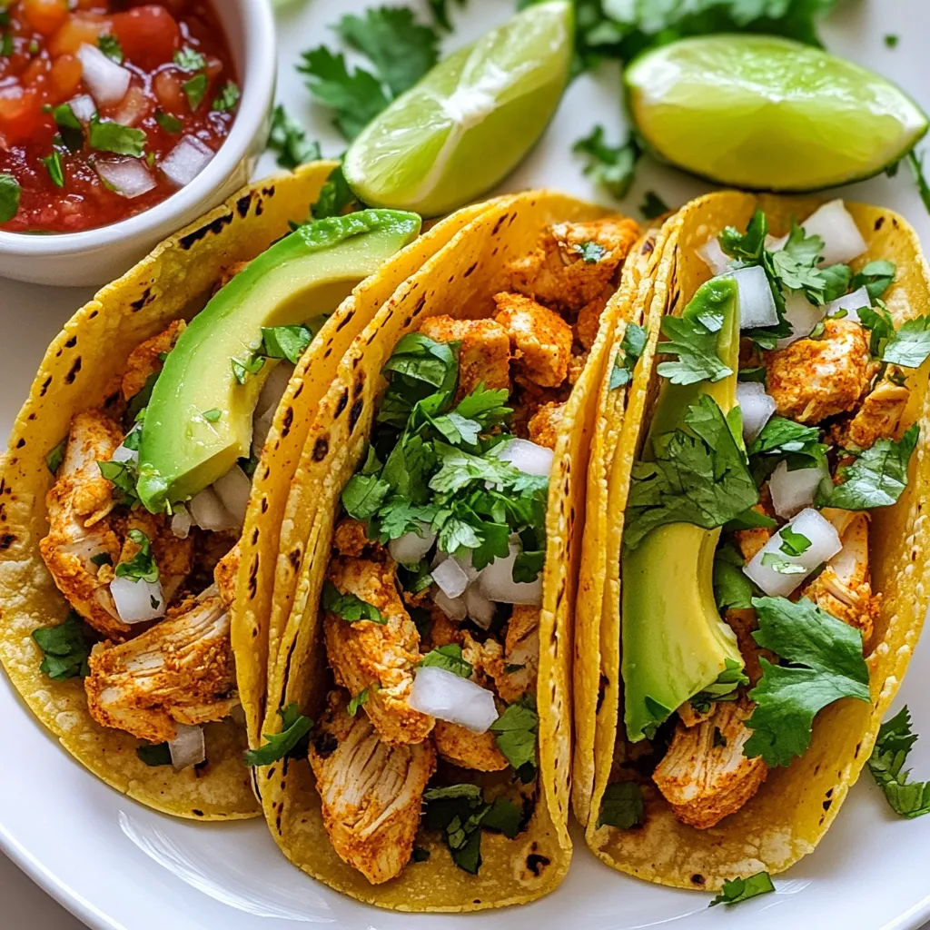 To make these tasty street-style chicken tacos, you need simple, fresh ingredients: - 2 chicken breasts, diced - 1 tablespoon olive oil - 1 teaspoon cumin - 1 teaspoon smoked paprika - 1 teaspoon garlic powder - 1/2 teaspoon salt - 1/2 teaspoon black pepper - 1/2 cup diced onion - 1/2 cup chopped fresh cilantro - 1 jalapeño, finely chopped (optional for heat) - 8 small corn tortillas Adding a few extra ingredients can boost the flavor: - Extra spices like chili powder or oregano - Fresh lime juice for a zesty kick - A pinch of cayenne for heat Toppings and sides make your tacos even better: - 1 cup shredded lettuce - 1 avocado, sliced - Salsa of choice for topping - Lime wedges for squeezing over tacos {{ingredient_image_1}} To prepare the chicken, start by dicing the two chicken breasts into small pieces. This helps them cook evenly. Next, take a medium bowl and add the diced chicken. Pour in one tablespoon of olive oil. Then, sprinkle in one teaspoon each of cumin, smoked paprika, and garlic powder. Add half a teaspoon of salt and black pepper as well. Mix everything well. Coating the chicken with spices makes it flavorful. Heat a skillet over medium-high heat. Once hot, add the seasoned chicken from the bowl. Cook for about 7-10 minutes. Stir occasionally to ensure even cooking. The chicken should be cooked through and have a slight char. After that, add half a cup of diced onion and the jalapeño if you like heat. Stir for another 2 minutes until the onions become soft and clear. Now it's time to assemble the tacos! First, warm the corn tortillas in a dry skillet for about 30 seconds on each side. You can also use a damp cloth and microwave them for 20-30 seconds. Once warm, place a portion of the chicken mixture on each tortilla. Top with shredded lettuce, avocado slices, and chopped cilantro. Finally, serve the tacos with lime wedges and your favorite salsa on the side. Enjoy your tasty creation! To get that true street food taste, use fresh ingredients. Fresh cilantro adds a bright note. Use fresh lime juice for zing. The spices are key too. Cumin and smoked paprika give warmth and depth. Mix these spices well with the chicken. Let the chicken marinate for at least 15 minutes for deeper flavor. One common mistake is overcooking the chicken. This makes it dry. Cook chicken until golden brown and juicy. Don't skip the onion and jalapeño. They add great flavor and texture. Lastly, avoid cold tortillas. Warm tortillas make a big difference in taste and texture. To warm your tortillas, use a dry skillet. Heat each tortilla for about 30 seconds. Flip and repeat. This makes them soft and easy to fold. You can also wrap them in a damp cloth and microwave. Just 20-30 seconds works wonders. Keep them warm in a towel while you finish cooking the chicken. Pro Tips Marinate for Flavor: For even more flavor, marinate the chicken in the spice mixture for at least 30 minutes before cooking. This allows the spices to penetrate the meat better. Use Fresh Ingredients: Fresh cilantro and lime juice will elevate the taste of your tacos significantly. Always opt for fresh produce when possible. Keep Tortillas Warm: To keep your tortillas warm while assembling, wrap them in a clean kitchen towel. This will prevent them from drying out and becoming brittle. Customize Your Toppings: Feel free to customize your toppings based on preference! Add cheese, sour cream, or other veggies for a unique twist on classic chicken tacos. {{image_2}} You can try different proteins for your tacos. Ground beef or pork works great. Shredded chicken also adds a nice touch. If you want something unique, try using shrimp or fish. These options bring different flavors to your meal. Each protein can use the same spices as the chicken. Just adjust your cooking time based on the meat you choose. You can easily make vegetarian or vegan tacos. Use black beans, lentils, or chickpeas for protein. Dice up some bell peppers or zucchini for extra crunch. You can also roast vegetables like sweet potatoes or corn. These add flavor and nutrition. For a vegan option, skip the cheese and sour cream. Instead, use avocado or a cashew cream for a creamy touch. Get creative with your toppings to make your tacos special. Instead of just lettuce, add shredded cabbage for crunch. You can use pickled onions or radishes for a tangy bite. Try different salsas like mango or pineapple for sweetness. A yogurt sauce can also add a nice twist. Experiment with different herbs like mint or dill for fresh flavors. Each topping can change the whole taco experience! After enjoying your street style chicken tacos, you may have some leftovers. To store them, place the chicken and toppings in separate airtight containers. This keeps everything fresh. Store the chicken in the fridge for up to three days. Keep the tortillas wrapped in foil or plastic wrap to avoid drying out. When you're ready to eat your leftovers, reheating is easy. For the chicken, heat a skillet over medium heat. Add the chicken and stir until warm. This keeps the chicken juicy. For the tortillas, warm them in the skillet for about 30 seconds on each side. This makes them soft and ready to fold. If you want to make street style chicken tacos ahead of time, freezing is a great option. Cook the chicken as directed and let it cool. Place the chicken in a freezer-safe bag. Remove air to prevent freezer burn. You can freeze the chicken for up to three months. When you're ready to eat, thaw it in the fridge overnight. Reheat as mentioned before. Enjoy your tasty meal any day! I recommend using boneless, skinless chicken breasts. They cook quickly and stay juicy. You can also use thighs for more flavor. Both options work well in tacos. Just make sure to cut the chicken into small, even pieces. This helps the spices coat the meat evenly. Yes, you can prepare the chicken in advance. Cook it and store it in a container. Keep it in the fridge for up to three days. When ready to serve, just warm the chicken in a skillet. You can also reheat it in the microwave if needed. For these tacos, a fresh pico de gallo is a great choice. It's bright and refreshing. You can also try a spicy salsa verde. This adds a nice kick. If you love heat, go for a mango salsa for sweetness. Each option enhances the flavors of the chicken perfectly. We explored how to make delicious street-style chicken tacos. First, we covered the key ingredients, cooking steps, and helpful tips. Then, we looked at tasty variations and storage methods. For your next taco night, use these ideas to impress family and friends. Remember, less is often more. Stick to fresh flavors and enjoy the process. With practice, you’ll master the art of street tacos. Happy cooking!