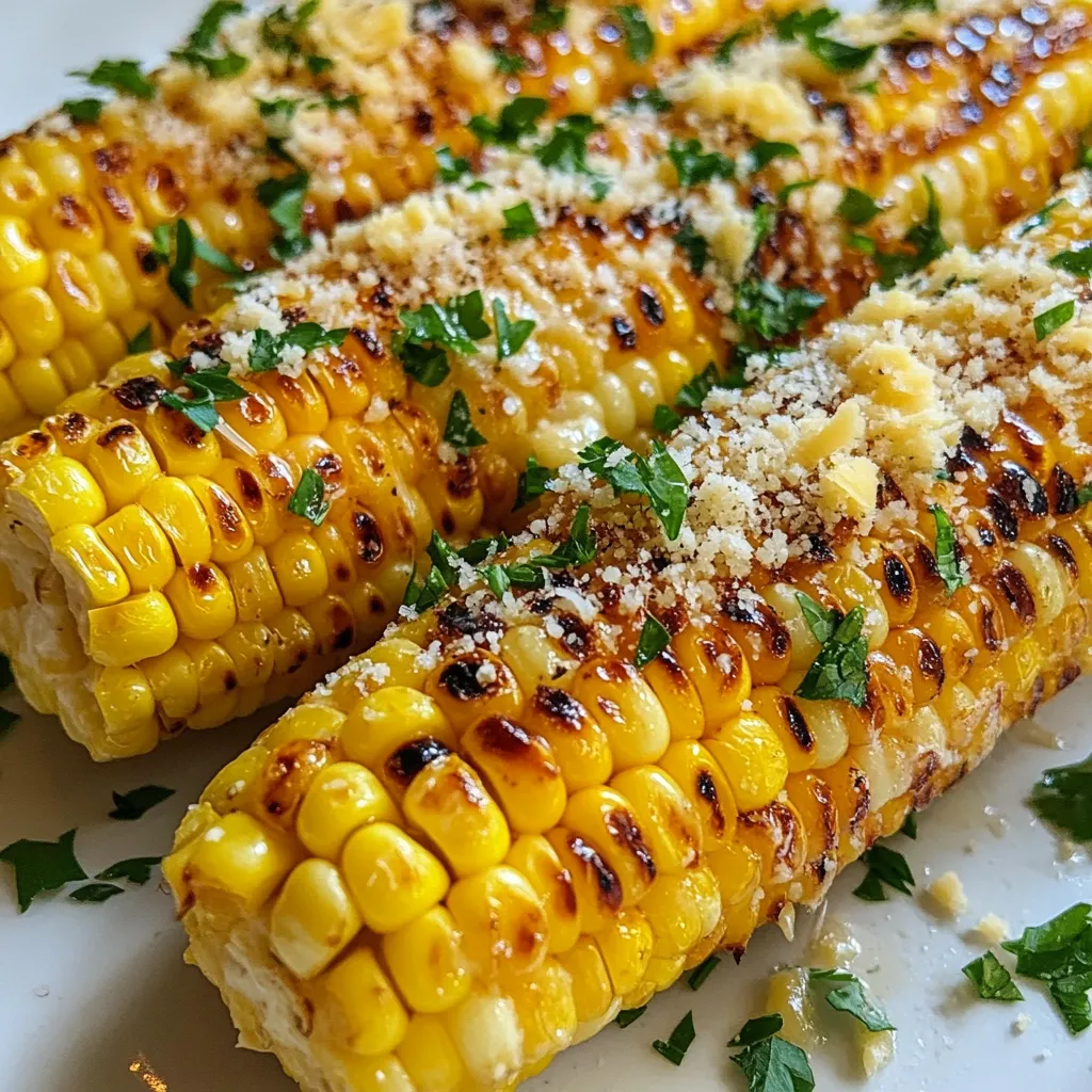 To make Parmesan Corn on the Cob, you need the following items: - 4 ears of fresh corn, husked - 1/2 cup grated Parmesan cheese - 1/2 cup unsalted butter, melted - 1 tablespoon garlic powder - 1 teaspoon smoked paprika - 1/4 teaspoon cayenne pepper (optional) - Salt and black pepper to taste - Fresh parsley, chopped, for garnish You can add a few items to boost the flavor. Consider using: - Lime juice for a zesty kick - Fresh herbs like basil or cilantro - Chili flakes for extra heat These can make your dish even more special. Always choose fresh corn for the best taste. Look for: - Bright green husks that are tightly wrapped - Plump kernels that feel full when you squeeze - A sweet smell, which means it's fresh Fresh corn makes your Parmesan Corn delightful and tasty. {{ingredient_image_1}} Start with fresh corn. Husk four ears of corn, removing all the silky threads. Rinse them under cool water to remove any dirt. Pat them dry with a clean towel. This step helps the butter stick better. Fresh corn adds sweet flavor and crunch, making this dish shine. In a bowl, combine half a cup of melted unsalted butter with garlic powder, smoked paprika, cayenne pepper, salt, and black pepper. Mix well until all ingredients blend. This mixture adds flavor and richness. Taste it and adjust the spices if needed. You want a balance of flavors that will enhance the corn. Preheat your grill to medium-high heat. Brush each ear of corn generously with the butter mixture. Make sure to coat all sides for the best flavor. Place the corn on the grill grates. Grill for 10 to 15 minutes, turning them often. Look for nice grill marks and tender kernels. Once done, remove the corn and sprinkle grated Parmesan cheese over each ear right away. The heat will help melt the cheese. Garnish with fresh parsley for color and flavor. Enjoy this tasty treat! Grilling corn is simple and fun. First, preheat your grill to medium-high heat. This helps cook the corn evenly. Use fresh ears of corn for the best taste. Husk the corn and remove all the silk. Brush each ear with your butter mixture. Place the corn directly on the grill grates. Turn the corn every few minutes. Grill for about 10-15 minutes. Look for tender corn and nice grill marks. To get the cheese to melt just right, sprinkle the Parmesan right after grilling. The heat from the corn will help it melt. Use grated Parmesan for even coverage and quicker melt. This step adds a creamy taste to your corn. If you like extra flavor, try adding some extra cheese on top after the first sprinkle. Serve your Parmesan corn with a sprinkle of fresh parsley for color. This adds a nice touch to your plate. Pair it with grilled meats or fresh salads. It also goes well with summer picnics or BBQs. For a gourmet touch, add a squeeze of lemon juice. This gives a fresh and zesty flavor. Enjoy your corn as a side or a main dish! Pro Tips Choose Fresh Corn: Select ears of corn that are bright green and tightly wrapped in husks. The fresher the corn, the sweeter and more flavorful your dish will be. Grill with Care: Keep an eye on the corn while grilling. Turn it frequently to ensure even cooking and prevent burning. Experiment with Cheese: While Parmesan is delicious, try mixing in other cheeses like feta or cotija for a different flavor profile. Add a Zing: For a more zesty flavor, squeeze fresh lime juice over the corn right before serving to enhance the dish. {{image_2}} You can switch up the cheese for new flavors. Try using feta for a tangy bite. Goat cheese adds a creamy texture. For a stronger taste, use aged cheddar or blue cheese. Each cheese brings its own twist to the dish. Experiment to find your favorite! If you love heat, add more cayenne pepper. You can also use chili powder for a different kick. For a milder version, skip the cayenne and use just smoked paprika. Adjusting spices gives you control over the flavor. Don’t be shy to taste as you go! For a vegetarian version, replace the butter with olive oil. This keeps it rich while staying plant-based. For a vegan option, use vegan butter and dairy-free cheese. There are many great brands that melt well. These swaps make the dish suitable for all diets! After enjoying Parmesan corn on the cob, you may have some left. To keep it fresh, let the corn cool to room temperature. Wrap each ear tightly in plastic wrap or foil. This helps keep moisture in and prevents the corn from drying out. Store the wrapped corn in the fridge. It will last for about 3-4 days. When you’re ready to enjoy the leftovers, I suggest reheating them on the grill or in the oven. For the grill, heat it to medium. Place the corn on the grill for about 5 minutes, turning often. This method keeps the corn juicy. If using the oven, preheat it to 350°F (175°C). Wrap the corn in foil and heat for 10-15 minutes. The cheese melts nicely this way. If you want to save corn for later, freezing is a good option. First, cook the corn as per the recipe. Let it cool completely. Then, wrap each ear in plastic wrap. Place the wrapped corn in a freezer bag. Squeeze out excess air before sealing. You can store it in the freezer for up to 6 months. When you’re ready to eat, thaw it in the fridge overnight and reheat as mentioned. You know corn is done when it is tender. Look for bright yellow kernels. They should also have nice grill marks. Cooking time is about 10-15 minutes. Turn the corn every few minutes for even cooking. If you poke a kernel with a fork, it should feel soft. This shows it is ready to enjoy. Yes, you can make Parmesan corn in the oven. Start by preheating your oven to 400°F (200°C). Husk the corn and place it on a baking sheet. Brush the corn with the butter mixture as you would for grilling. Cover the corn with foil to keep it moist. Bake for about 20-25 minutes. After baking, add the Parmesan cheese while hot. This method yields a tender and tasty corn. You can use many fun seasonings for corn on the cob. Try chili powder for a kick. Italian seasoning adds a nice touch. A squeeze of lime juice freshens up the flavor. You can also mix in some herbs like basil or cilantro. Experiment with different spices to find your favorite combo. The goal is to keep it tasty and exciting! We covered the key ingredients for grilling corn, from the basic ones to flavor enhancers. I shared handy steps for prepping, buttering, and grilling corn. You learned useful grilling tips and variations for cheese and spice levels. Storing leftovers and reheating properly were also discussed. Finally, I answered common questions about grilling corn. With these insights, you can now make the best grilled corn at home. Happy grilling!