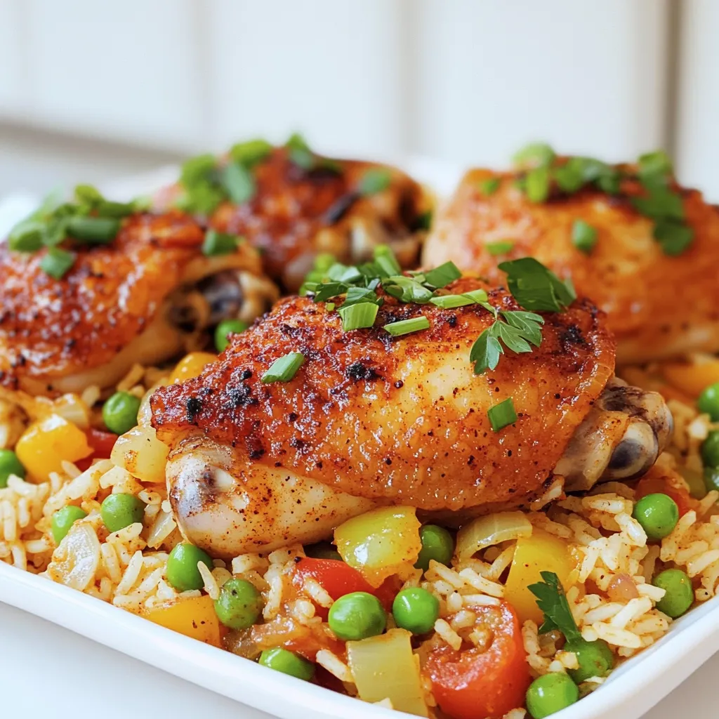 - Chicken thighs and seasoning details - 4 boneless, skinless chicken thighs - 1 tablespoon Cajun seasoning - Vegetables and their preparation - 1 medium onion, diced - 1 bell pepper (red or green), diced - 3 cloves garlic, minced - Rice and broth specifications - 1 cup long-grain rice - 2 cups chicken broth - 1 can (14.5 oz) diced tomatoes, drained - 1 teaspoon smoked paprika - 1/2 teaspoon cayenne pepper (adjust for spice preference) - Salt and pepper to taste - 1 cup frozen peas - 2 green onions, sliced (for garnish) - Fresh parsley, chopped (for garnish) When I cook this dish, I love using chicken thighs. They stay juicy and packed with flavor. Cajun seasoning adds a nice kick, so don’t skip it. For vegetables, I use onion, bell pepper, and garlic. They make the dish colorful and tasty. For the rice, long-grain rice works best. It cooks evenly and absorbs all the flavors. Chicken broth gives it depth, while diced tomatoes add a touch of sweetness. The smoked paprika and cayenne pepper bring the spice. You can adjust the cayenne based on your heat level. Lastly, I always add frozen peas. They add a pop of color and sweetness. For garnish, I like sliced green onions and fresh parsley. They make the dish look beautiful and inviting. Enjoy the vibrant flavors and aromas this dish brings to your table! - Seasoning the chicken thighs: First, take your chicken thighs and rub them with Cajun seasoning. Make sure every inch is covered. This step gives the chicken its bold flavor. - Searing technique for optimal flavor: Heat olive oil in a large skillet over medium-high heat. When the oil is hot, add the seasoned chicken. Sear each side for about five minutes until golden brown. This locks in the juices and adds a nice crust. - Sautéing onions and peppers: After searing, remove the chicken from the skillet. In the same skillet, add diced onion and bell pepper. Sauté them for about three to four minutes. You want them soft but still colorful. - Incorporating garlic for enhanced aroma: Next, add minced garlic to the skillet. Sauté for another minute. This step fills your kitchen with a wonderful aroma and enhances the dish's flavor. - Toasting the rice with vegetables: Now, stir in the long-grain rice. Make sure it gets coated in oil and mixes well with the veggies. Toast the rice for about two minutes. This adds a nutty flavor. - Simmering everything together: Pour in the chicken broth and add drained diced tomatoes, smoked paprika, and cayenne pepper. Stir well. Nestle the chicken back into the skillet, mostly covering it with the broth. Bring to a gentle boil, then lower the heat. Cover and let it simmer for about 20 minutes. The rice will absorb all the flavors and liquid, creating a delicious meal. To change the spice in your dish, you can adjust the cayenne pepper. If you want less heat, use only a pinch. For more spice, add a teaspoon or more. You can also try other spices like chili powder or hot sauce for extra kick. To make sure your rice cooks evenly, stir it well when you add it to the pot. This helps prevent clumping. After the rice is done, fluff it gently with a fork. This makes it light and airy, perfect for soaking up the flavors. A large, deep skillet works best for this recipe. A heavy-bottomed pot is also a good choice. Using a lid helps trap steam, which cooks the rice evenly. Make sure the lid fits snugly to keep the heat in. {{image_2}} You can switch up the protein in this dish. Instead of chicken thighs, try shrimp or tofu. Both options add a unique taste and fit well with the spices. If you pick shrimp, remember to add it later in the cooking process. This keeps it juicy and tender. For tofu, press it first to remove excess water. Then, cube it before adding it to the skillet. You can also change the veggies. If you want more color, use yellow bell peppers or add carrots. Zucchini works nicely, too. Just chop them into small pieces so they cook evenly. To pack in even more Cajun flavor, consider adding andouille sausage. The sausage adds a smoky taste that complements the chicken. Slice it into rounds and sauté it with the vegetables. You can also add more Cajun seasoning if you like it spicy. A dash of hot sauce can also work wonders. For a deeper flavor, try adding bay leaves or thyme. These herbs blend well with the Cajun spices. Just remember to remove bay leaves before serving. If you want a low-carb option, use cauliflower rice. It cooks quickly and soaks up the flavors. Swap out the long-grain rice with about 2 cups of cauliflower rice. You might need to adjust the cooking time, so keep an eye on it. To cut down on fat, use less olive oil. You can also use skinless chicken breast instead of thighs. This will help lower the fat without losing too much flavor. Another idea is to use low-sodium chicken broth for a healthier broth option. To store leftovers properly, allow the dish to cool first. Place the Cajun chicken and rice in an airtight container. This helps keep moisture in and odors out. Use glass or plastic containers with tight lids for the best results. Yes, you can freeze Cajun chicken and rice! Make sure it cools completely before freezing. Use freezer-safe bags to save space. Squeeze out as much air as you can before sealing. For thawing, place it in the fridge overnight. Reheat it on the stove or microwave until hot. In the fridge, your dish lasts about three to four days. If you freeze it, it can last up to three months. Watch for signs of spoilage. If it smells off or shows mold, it’s best to toss it. Always prioritize food safety to keep your meals delicious and safe. To make Cajun seasoning, you need a few key spices. Use these: - Paprika - Oregano - Thyme - Garlic powder - Onion powder - Cayenne pepper - Black pepper - Salt Here’s the mixing method: 1. Take a bowl. 2. Add equal parts paprika, oregano, and thyme. 3. Add half as much garlic powder and onion powder. 4. Mix in cayenne pepper, black pepper, and salt to taste. 5. Stir well until combined. Now you have a tasty blend ready for your chicken! Yes, you can prepare this dish ahead of time. Here are some tips: - Season and sear the chicken. Let it cool and store it in the fridge. - Chop your veggies in advance. Keep them in a sealed container. - Cook the rice and peas just before serving. This keeps them fresh. For reheating, use a skillet. Heat on low, adding a splash of broth to prevent sticking. Stir until warmed through. You can pair Cajun chicken & rice with some great sides. Here are a few ideas: - Simple green salad with lemon vinaigrette. - Garlic bread for an extra crunch. - Roasted vegetables, like broccoli or carrots. These sides bring a nice balance to the spicy chicken. Enjoy different textures and flavors! This article covered Cajun chicken and rice, from ingredients to storing leftovers. You learned how to prepare flavorful chicken and veggies while cooking rice to perfection. Remember, you can tweak spices and try new ingredients for variety. Enjoy experimenting with this dish! Use the tips for storage and serving. Getting creative will make each meal special. Happy cooking!