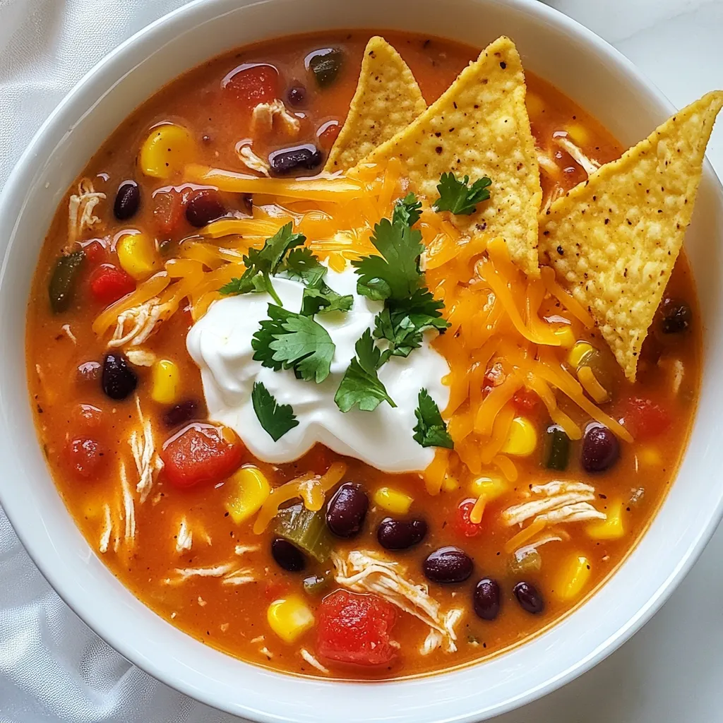 - 1 pound boneless, skinless chicken breasts - 1 can (15 oz) black beans, rinsed and drained - 1 can (15 oz) corn, drained - 1 can (14.5 oz) diced tomatoes with green chilies - 1 can (6 oz) tomato paste - 1 medium onion, diced - 2 cloves garlic, minced - 1 bell pepper (any color), diced You need fresh chicken for this soup. I like using boneless, skinless chicken breasts. They cook well and shred easily. Canned goods help make this soup quick. Black beans, corn, diced tomatoes, and tomato paste add great flavor. Onion and garlic are crucial for a rich taste. I use a medium onion and two cloves of garlic. Add some color with a bell pepper. You can pick any color you like. - 1 packet taco seasoning - 1 cup shredded cheddar cheese (for topping) - 1/2 cup sour cream (for topping) - Fresh cilantro (for garnish) - Salt and pepper to taste - Olive oil To bring all the flavors together, taco seasoning is a must. It adds spice and depth. For toppings, I recommend shredded cheddar cheese, a dollop of sour cream, and fresh cilantro. Olive oil helps sauté the veggies. Salt and pepper are key for adjusting the taste. Keep these ingredients ready, and your Chicken Taco Soup will be a hit! {{ingredient_image_1}} Sautéing vegetables Start by heating 1 tablespoon of olive oil in a large pot over medium heat. Add 1 medium diced onion and 1 diced bell pepper. Sauté these for about 5 minutes. You want them to soften and release their flavor. Next, stir in 2 minced garlic cloves. Cook for another minute until you smell that great garlic aroma. Adding the chicken and broth Now, it’s time to add 1 pound of boneless, skinless chicken breasts to the pot. Sprinkle in 1 packet of taco seasoning. Then pour in 4 cups of chicken broth. Finally, add 1 can of rinsed black beans, 1 can of drained corn, 1 can of diced tomatoes with green chilies, and 1 can of tomato paste. Stir everything well to mix the flavors together. Simmering the soup Bring the soup mixture to a gentle boil. Once it's boiling, reduce the heat to low. Cover the pot and let it simmer for about 20 to 25 minutes. This will cook the chicken through and blend the flavors nicely. Shredding the chicken After simmering, take out the chicken breasts. Use two forks to shred the chicken. Once shredded, put the chicken back into the pot. Stir everything to combine. Taste the soup and add salt and pepper as needed. Plating the soup Ladle the soup into bowls. The warm, hearty soup looks great and smells amazing! Adding toppings and garnishes Top each bowl with shredded cheddar cheese. Add a dollop of sour cream. Finish with a sprinkle of fresh cilantro. For extra flair, serve with tortilla chips on the side. You can also add a lime wedge for a fresh touch. Enjoy your savory Chicken Taco Soup! - To ensure perfect chicken texture, use boneless, skinless chicken breasts. - Sauté the chicken in olive oil before adding it to the soup. This adds flavor. - Shred the chicken after cooking. This keeps it tender and easy to eat. - Adjusting seasoning is simple with salt and pepper. Start with a little and taste. - Add more taco seasoning if you want a bolder flavor. Mix well to blend. - Serve with crispy tortilla chips for a crunchy side. - Fresh lime wedges add zest. They brighten each spoonful. - Garnish with extra cilantro for color and flavor. - Use bowls that show off the vibrant colors of the soup. - Top each bowl with shredded cheese and sour cream for creaminess. Pro Tips Use Rotisserie Chicken: For a quicker preparation, use pre-cooked rotisserie chicken. Just shred it and add it to the soup at the end for a delicious flavor boost. Customize Your Spice Level: If you prefer a spicier soup, consider adding chopped jalapeños or a dash of hot sauce along with the taco seasoning to kick up the heat. Make It Ahead: This soup freezes well! Make a double batch and store half in the freezer for a quick meal on busy nights. Garnish Creatively: Enhance your presentation by adding sliced avocado, diced red onion, or crushed tortilla chips on top for extra texture and flavor. {{image_2}} You can switch proteins in this soup. Try turkey if you want a lighter dish. If you prefer plant-based meals, use beans like black beans or pinto beans. They add protein and fiber. For those avoiding dairy, skip the cheese and sour cream. Instead, use avocado for creaminess. You can also use cashew cream for a rich texture. To spice things up, add chili powder or jalapeños. These will give your soup a kick. If you like it mild, skip the heat. You can also customize the soup with more veggies. Add corn, zucchini, or spinach. Fresh ingredients enhance flavor and texture. Just chop them up and toss them in! To store Chicken Taco Soup, let it cool first. Use an airtight container. This keeps the soup fresh. Place the soup in the fridge. It will last for about 3 to 4 days. Check for any off smells or changes in color before eating. If you want to enjoy it later, freezing is a great option. Freezing Chicken Taco Soup is simple. First, cool the soup completely. Then, pour it into freezer-safe bags. Remove as much air as you can. This helps prevent freezer burn. You can store it for up to 3 months. When you're ready to eat, take it out of the freezer. Thaw it overnight in the fridge. To reheat, warm it on the stove over low heat. Stir occasionally until hot. You can also use a microwave. Heat in short bursts, stirring in between, until it's warm throughout. Can I use frozen chicken? Yes, you can use frozen chicken. Just add it directly to the pot. Cook the soup a bit longer to ensure the chicken cooks through. It’s a great time-saver! How can I make this soup spicier? To add some heat, include diced jalapeños or a splash of hot sauce. You can also add more taco seasoning for extra spice. Adjust to your taste! Caloric content and serving size Each serving of Chicken Taco Soup has about 300 calories. This recipe makes about six servings. Enjoy it as a hearty meal or a light starter. Dietary considerations This soup is naturally gluten-free, as all the main ingredients are gluten-free. Always check labels on canned goods to be sure. It can also be made dairy-free by skipping cheese and sour cream. You now have a full guide to making Chicken Taco Soup. We covered ingredients, cooking steps, and storage tips. You learned how to sauté, simmer, and serve this tasty dish. Plus, we explored variations and answered common questions. Enjoy making this soup your way. It’s healthy, easy, and satisfying. Share it with family and friends. You’ll love the flavors and the smiles it brings.