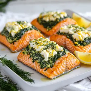 For your spinach feta stuffed salmon, you will need: - 4 salmon fillets (6 oz each) - 2 cups fresh spinach, chopped - 1 cup feta cheese, crumbled - 1/4 cup cream cheese, softened - 2 cloves garlic, minced - 1 tablespoon lemon juice - 1 teaspoon dried oregano - Salt and pepper to taste - 1 tablespoon olive oil These ingredients blend well to create a tasty filling that is both rich and healthy. Salmon provides protein and healthy fats, while spinach adds vitamins and minerals. Feta cheese gives it a creamy texture and a tangy flavor. You can enhance your dish with a few garnishes: - Lemon wedges - Fresh dill These garnishes add a fresh touch. They also brighten the dish's flavor. I recommend using fresh herbs for the best taste. If you have specific dietary needs, here are some great swaps: - Use low-fat cream cheese for a lighter option. - Try a dairy-free feta for a vegan version. - Swap out salmon for chicken or tofu if you prefer. These substitutions make the recipe flexible. You can enjoy it no matter your diet. Just remember to adjust cooking times as needed. {{ingredient_image_1}} First, preheat your oven to 375°F (190°C). This helps cook the salmon evenly. Line a baking dish with parchment paper or grease it lightly with cooking spray. This step keeps the salmon from sticking and makes cleanup easier. Next, heat a skillet over medium heat. Add 1 tablespoon of olive oil and the minced garlic. Cook the garlic until it smells great. Then, add 2 cups of chopped spinach. Cook it for about 2-3 minutes until it wilts. Take the skillet off the heat and let it cool. In a bowl, mix the spinach, 1 cup of crumbled feta cheese, 1/4 cup softened cream cheese, 1 tablespoon lemon juice, 1 teaspoon dried oregano, and salt and pepper. Stir everything well until combined. Now, grab your 4 salmon fillets. Place them skin-side down on a cutting board. With a sharp knife, carefully cut a pocket into each fillet. Make sure not to slice through the bottom. Once you have the pockets, spoon the spinach and feta filling into each one. Divide the mixture evenly among the fillets for the best flavor. Place the stuffed salmon fillets in your prepared baking dish. Bake them in the preheated oven for about 20-25 minutes. The salmon is done when it flakes easily with a fork. After baking, let the salmon rest for a few minutes. This helps keep it juicy. Serve your dish with lemon wedges and fresh dill for a bright finish. Enjoy your flavorful and healthy meal! To cook salmon well, choose thick fillets. A 6 oz piece works great. Preheat your oven to 375°F (190°C). This helps the salmon cook evenly. Bake for 20-25 minutes. It should flake easily with a fork when done. If you want to be sure, use a meat thermometer. The center should reach 145°F (63°C). Let the salmon rest for a few minutes after baking. This keeps it juicy. To boost flavor, add lemon juice and fresh dill. These will brighten the dish. You can also sprinkle some zest on top for extra zing. If you like heat, try adding red pepper flakes to the filling. This adds a nice kick. Don’t forget to season the salmon with salt and pepper. This simple step makes a big difference. One common mistake is overcooking the salmon. It can become dry and tough. Always check for doneness a bit early. Another mistake is not seasoning enough. A well-seasoned dish tastes so much better. Also, be careful when cutting pockets in the salmon. Don’t slice all the way through, or the filling will spill out. Lastly, don’t skip the resting step. This allows the juices to settle back into the fish. Pro Tips Use Fresh Ingredients: Always opt for fresh spinach and high-quality feta cheese for the best flavor and texture. Don't Overcook the Salmon: Keep an eye on the salmon while it bakes to prevent it from drying out. It should be just cooked through and flaky. Experiment with Herbs: Feel free to add other herbs like dill or parsley to the filling for extra flavor complexity. Make it a Meal: Serve the stuffed salmon with a side of roasted vegetables or a light salad for a complete, healthy meal. {{image_2}} You can switch up the cheese in this dish. Instead of feta, try goat cheese for a tangy flavor. Cream cheese gives a rich taste, perfect for a creamy filling. For a milder option, use mozzarella. Each cheese brings a new twist to the dish. Mix and match to find your favorite! Adding more veggies boosts flavor and nutrients. Consider bell peppers or sun-dried tomatoes for added sweetness. Zucchini or mushrooms can also enhance the filling. Just sauté them with the spinach before mixing in the cheese. This adds color and variety to your plate. You get a tasty dish with extra crunch! You can prepare stuffed salmon in different ways. If you love grilling, it adds a smoky flavor. Just wrap the salmon in foil and grill it for about 15-20 minutes. Air frying is another great option. Preheat the air fryer to 400°F (200°C) and cook for about 12-15 minutes. Both methods keep the salmon juicy and full of flavor! After you enjoy your spinach feta stuffed salmon, store the leftovers properly. First, let the salmon cool to room temperature. Then, wrap each fillet tightly in plastic wrap or foil. Place the wrapped salmon in an airtight container. This method keeps the fish fresh for up to three days in the fridge. Make sure to label your container with the date. To reheat your salmon, preheat your oven to 350°F (175°C). Place the salmon on a baking sheet lined with foil. Heat it for about 10-15 minutes. This keeps the salmon moist and warm. You can also use the microwave, but be careful. Heat it on low power for one to two minutes. Check it often to avoid overcooking. If you want to save some salmon for later, freezing is a great option. Wrap each fillet in plastic wrap, then in aluminum foil. This prevents freezer burn. Place the wrapped salmon in a freezer bag. It can last for up to three months in the freezer. When you’re ready to eat it, thaw it overnight in the fridge before reheating. You should bake stuffed salmon for 20 to 25 minutes. It cooks at 375°F (190°C). The salmon should be opaque and flake easily when done. Yes, you can use frozen salmon fillets. Just thaw them completely before you start. This helps ensure even cooking. Spinach feta stuffed salmon pairs well with many dishes. Here are some great options: - Steamed asparagus - Roasted potatoes - Garlic bread - Quinoa salad - Mixed greens with lemon vinaigrette These sides add flavor and texture to your meal. Enjoy your delicious salmon with any of these! In this article, we explored how to make delicious spinach and feta stuffed salmon. I shared key ingredients and substitutions for dietary needs. The step-by-step instructions ensure you prepare the dish with ease. Remember to avoid common mistakes to achieve perfectly cooked salmon. You can also try different flavors and cooking methods for variety. Store leftovers properly for later use. This dish not only tastes great but is also simple to make. Enjoy your cooking adventure and impress your family with this tasty recipe!