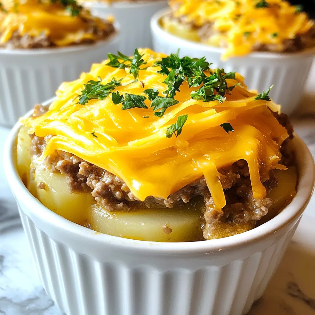 - 1 lb ground beef - 4 medium potatoes, thinly sliced - 1 can (10.5 oz) cream of mushroom soup The main ingredients create a rich base for the dish. Ground beef gives flavor and protein. Potatoes add heartiness and texture. Cream of mushroom soup binds everything together, adding creaminess. - 1 tablespoon Worcestershire sauce - 1 teaspoon dried thyme - 2 cups shredded cheddar cheese Seasoning is key to a great taste. Worcestershire sauce enhances the beef's flavor. Dried thyme brings in a hint of earthiness. Cheese adds richness and melty goodness that everyone loves. - Fresh parsley, chopped (for garnish) - Serving suggestions: crusty bread Garnishes elevate the dish. Fresh parsley adds a pop of color and freshness. Serve with crusty bread for a complete meal. It soaks up the tasty sauce and makes each bite enjoyable. {{ingredient_image_1}} First, I brown the ground beef in a skillet. I use medium heat for this step. Once the beef starts to brown, I add the diced onion and minced garlic. I stir everything until the beef is fully cooked and the onions turn clear. This usually takes about 7 to 10 minutes. After that, I drain any fat from the pan to keep my dish light and tasty. Now, I grab a large bowl and mix the cream of mushroom soup with beef broth, Worcestershire sauce, dried thyme, salt, and pepper. I stir this well until it blends nicely. Next, I prepare my greased crockpot. I layer half of the sliced potatoes at the bottom. On top of that, I spoon half of the beef mixture and sprinkle half of the shredded cheese. I repeat this with the rest of the potatoes, beef, and cheese to ensure even distribution. With everything layered, I cover the crockpot. I can choose to cook it on low for 6 to 7 hours or on high for 3 to 4 hours. I prefer the low setting for a more tender dish. No matter the setting, I check for doneness by poking the potatoes with a fork. They should be soft, and the cheese should be melted and bubbly. To avoid a watery sauce, use less beef broth. Start with half a cup. If the mix looks too dry, add more later. Always drain excess fat from the beef. This keeps your casserole creamy and not soupy. For potatoes, use Yukon Gold or Russet. They hold their shape well and cook evenly. Slice them thin. Thinner slices cook better and blend nicely with the beef and cheese. You can try other meats like ground turkey or chicken. These options still taste great. If you want a meatless dish, use beans or lentils. They add protein and are filling too. Adjust for dietary needs by using gluten-free soup. This makes the dish safe for gluten-sensitive friends. For a lower-fat option, use lean beef or reduce cheese. Serve this meal with crusty bread. It adds texture and soaks up the sauce. A simple green salad pairs well, giving balance to the meal. For garnishing, sprinkle fresh parsley on top. It adds color and a fresh taste. Use small bowls for serving. This makes it feel special and elegant. Pro Tips Layering for Flavor: When layering the ingredients in the crockpot, ensure that the potatoes are well-covered by the beef mixture and cheese to prevent them from drying out during cooking. Cheese Variations: Feel free to mix cheeses! Try adding mozzarella or pepper jack for a different flavor profile. Make-Ahead Option: This dish can be assembled the night before and stored in the refrigerator. Just switch on the crockpot in the morning for a hassle-free meal. Garnish for Freshness: Adding fresh parsley right before serving enhances the dish's appearance and adds a burst of freshness to every bite. {{image_2}} You can easily change the veggies in this dish. Swap out the potatoes for sweet potatoes for a sweeter taste. You can also add in carrots or peas for color and flavor. Feel free to get creative! When it comes to cheese, cheddar is classic, but you can try others. Mozzarella gives a nice stretch. Pepper jack adds a spicy kick. Mixing cheeses can make your casserole more exciting. Want to spice things up? Adding spices can change the whole dish. Try paprika for a smoky flavor or chili powder for heat. You can also add herbs like oregano or basil for a fresh taste. You can bring in cultural ingredients too. For a Mexican twist, add black beans and corn. For an Italian flair, mix in marinara sauce and Italian seasoning. These options can make your casserole feel new and fun. If you want a lighter dish, use lean ground beef or turkey. You can also cut back on cheese for fewer calories. Using low-fat cream of mushroom soup can help too. For a vegan version, replace the beef with lentils or mushrooms. Use a plant-based cream soup or make your own. You can even add more veggies for extra nutrients. This way, everyone can enjoy a tasty meal! To keep your hamburger potato casserole fresh, store it in an airtight container. Make sure it cools to room temperature before sealing. Refrigerate it right away if you want to keep it safe. It will last for about 3 to 4 days. When you are ready to eat, reheat it in the microwave or oven. If using the microwave, heat in short bursts until warm. In the oven, cover with foil to keep it moist. You can freeze the casserole for longer storage. First, let it cool completely. Cut it into portions and wrap each piece in plastic wrap. Then place them in a freezer-safe bag or container. This helps prevent freezer burn. It can stay in the freezer for about 2 to 3 months. When you are ready to eat, take it out and thaw it in the fridge overnight. Reheat it in the oven or microwave as before. If stored properly, the casserole can last in the fridge for 3 to 4 days and in the freezer for 2 to 3 months. Check for signs of spoilage before eating. If the casserole smells bad or has mold, it is best to throw it away. Look for changes in color or texture as well. Always trust your senses when it comes to food safety! Yes, you can use frozen potatoes. They save time and work well in this dish. Just add them directly to the crockpot. There’s no need to thaw. The cooking time may need slight adjustments. Check for tenderness before serving. You can tell it’s done when the potatoes are tender. Insert a fork into the potatoes. If it goes in easily, it’s ready. The cheese should be melted and bubbly too. This usually takes 6-7 hours on low or 3-4 hours on high. Yes, you can prepare this casserole ahead of time. Here are some tips for pre-preparing: - Prep ingredients: Slice the potatoes and dice the onion in advance. - Cook the beef mixture: Brown the beef, onion, and garlic, then let it cool. - Layer the casserole: Assemble the layers in the crockpot but don’t cook it yet. - Refrigerate overnight: Cover the crockpot and store it in the fridge. When ready, cook it on low for a delicious meal. This blog post covers everything you need for a tasty casserole. We explored key ingredients like ground beef and potatoes, along with helpful seasonings and garnishes. I shared step-by-step instructions and tips to perfect your dish. We also discussed variations, storage tips, and answered common questions. Creating this casserole is easy and fun. Experiment with flavors to make it your own! Enjoy cooking and sharing it with family and friends. Your kitchen is ready for a delicious meal!