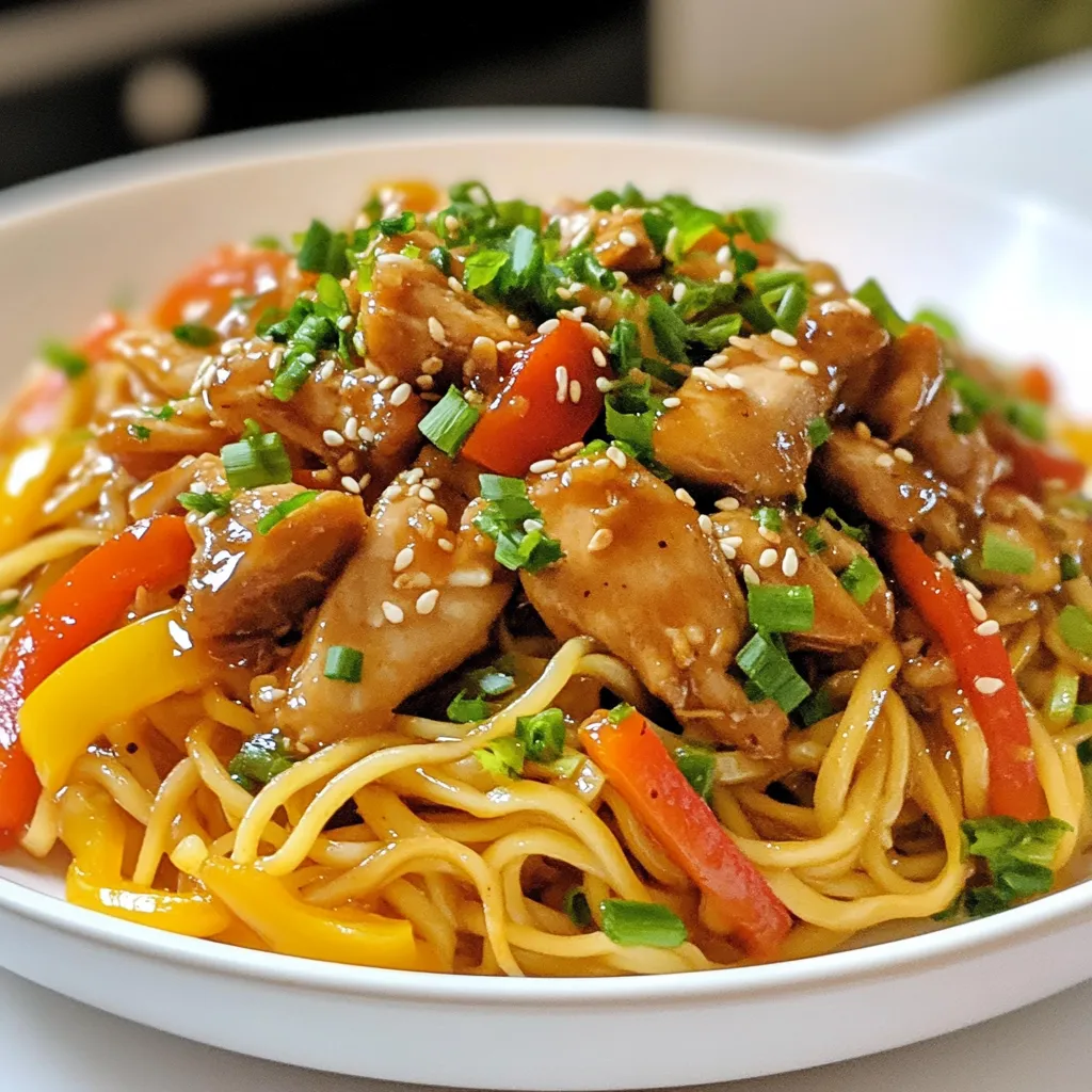 - 300g egg noodles - 2 chicken breasts, thinly sliced - 6 cloves garlic, minced - 1 tablespoon ginger, grated - 3 tablespoons soy sauce - 2 tablespoons honey - 1 tablespoon oyster sauce (optional) - 1 tablespoon sesame oil - 1 bell pepper, sliced - 1 carrot, julienned - 2 green onions, chopped - Sesame seeds for garnish - Salt and pepper to taste For this dish, each ingredient plays a key role. The egg noodles give a nice base. They soak up all the flavors. I love using chicken breasts for their lean protein. The garlic and ginger add a punch of flavor that wakes up your taste buds. The sauce is where the magic happens. Soy sauce brings saltiness. Honey adds sweetness, making the dish sticky and tasty. If you choose to add oyster sauce, it deepens that umami flavor. Fresh veggies not only add crunch but also color. Bell peppers add sweetness, while carrots bring a nice bite. Topping with green onions and sesame seeds gives a fresh look and extra texture. When you gather these ingredients, you set the stage for a rich and flavorful meal. Each element enhances the dish, making every bite enjoyable. {{ingredient_image_1}} 1. Cook the egg noodles according to package instructions. This usually takes about 4-6 minutes. 2. Drain the noodles in a colander and set them aside. Make sure they are not sticky. 3. In a small bowl, mix soy sauce, honey, oyster sauce, and a pinch of black pepper. This blend brings sweetness and saltiness to the dish. Set the sauce aside for now. 4. Heat sesame oil in a large pan over medium-high heat. Add the sliced chicken and cook for about 5-7 minutes. Stir until the chicken is browned and cooked through. 5. Remove the chicken from the pan and set it aside on a plate. 6. In the same pan, add minced garlic and grated ginger. Sauté them for about one minute until fragrant. The aroma fills the kitchen! 7. Next, add the sliced bell pepper and julienned carrot. Cook for about 3-4 minutes. You want the veggies tender yet crisp for the best bite. 8. Return the cooked chicken to the pan. Pour the sauce over the chicken and veggies, stirring well. Let it simmer for 2-3 minutes so the flavors blend. 9. Toss in the cooked noodles, mixing everything together. Adjust seasoning with salt and pepper if needed. Now, you have a rich and flavorful meal ready to serve! - Use fresh ingredients for the best flavor. Fresh garlic and ginger are key. - Don’t overcook the noodles to maintain texture. Aim for a slight bite, or al dente. - Adjust sweetness by adding more or less honey. Taste as you go for balance. - Oyster sauce adds depth but can be omitted. If you want a lighter dish, skip it. - Use chopped green onions and sesame seeds for presentation. They add color and crunch. - Consider additional toppings like cilantro for freshness. It brightens the dish and enhances flavor. Pro Tips Optimal Noodle Cooking: Make sure to cook the egg noodles al dente to prevent them from becoming too soft when mixed with the sauce. Flavor Boost: For an extra depth of flavor, marinate the chicken in the soy sauce and honey mixture for 15-30 minutes before cooking. Vegetable Crunch: Stir-fry the vegetables just until tender-crisp; this helps retain their vibrant color and nutrients. Garnish for Appeal: Don’t skip the green onions and sesame seeds; they add a fresh flavor and an appealing texture to the dish. {{image_2}} You can switch up the main protein in this dish. If you want a different taste, try shrimp instead of chicken. Shrimp cooks fast and adds a nice flavor. Tofu is a great option for a plant-based meal. It soaks up the sauce well. For beef lovers, thinly sliced beef works too. Just keep an eye on the cooking time to avoid overcooking. Adding more veggies can boost nutrition and flavor. Bok choy is a crunchy green that cooks quickly. Snap peas add a sweet crunch and bright color. Broccoli is another great choice; it holds up well in the stir-fry. You can mix and match any of these veggies to make your meal colorful and healthy. If you need a gluten-free option, use gluten-free noodles instead of egg noodles. They work just as well and taste great. For those watching sodium, replace soy sauce with a low-sodium version. This small change keeps the dish tasty while making it healthier. You can still enjoy the rich, sticky flavor in every bite! To keep your sticky garlic chicken noodles fresh, refrigerate them in an airtight container. They stay good for up to 3 days. This makes it easy to enjoy delicious leftovers. When you are ready to eat your leftovers, reheat them in a pan. Use low heat and add a splash of water or broth. This keeps the noodles moist and tasty. Stir gently until everything is warm. If you want to save your sticky garlic chicken noodles for later, freeze them in portions. Use airtight containers or freezer bags. They can last up to 2 months in the freezer. When you are ready to eat, just thaw them in the fridge overnight before reheating. Sticky Garlic Chicken Noodles is a quick, flavorful dish. It features tender chicken and chewy noodles in a sweet and savory sticky garlic sauce. This meal combines the rich taste of garlic with the sweetness of honey and a hint of soy sauce. You will love how these flavors blend together. You can whip up Sticky Garlic Chicken Noodles in just 30 minutes. The prep time is around 15 minutes. This means you can enjoy a delicious meal without spending hours in the kitchen. Perfect for busy weeknights! Yes, you can prepare the chicken, noodles, and sauce ahead of time. Just keep them separate in the fridge. Combine everything right before you serve for the best texture. This way, your meal stays fresh and tasty. Sticky Garlic Chicken Noodles combine tasty chicken, egg noodles, and fresh veggies with a sweet sauce. You learned to cook this dish step by step, from prepping the ingredients to storing leftovers. Remember, using fresh ingredients makes a big difference in flavor. Whether you stick to chicken or try shrimp or tofu, you can enjoy a delicious meal. Enjoy cooking, and share this recipe with family and friends!