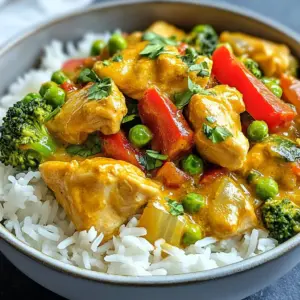 To make this dish, you need the following ingredients: - 2 lbs boneless, skinless chicken thighs - 1 can (13.5 oz) coconut milk - 1 cup low-sodium chicken broth - 2 tablespoons red curry paste - 1 tablespoon fresh ginger, minced - 4 cloves garlic, minced - 1 medium onion, sliced - 1 red bell pepper, sliced - 1 cup broccoli florets - 1 cup frozen peas - 2 tablespoons fish sauce (or soy sauce for a vegetarian option) - 1 tablespoon brown sugar - 1 tablespoon lime juice - Salt and pepper to taste - Fresh cilantro, for garnish These ingredients come together to create a rich and creamy curry. The chicken thighs add depth, while coconut milk makes it smooth. The red curry paste brings heat and flavor. If you need to swap some ingredients, here are some great options: - Chicken thighs can be replaced with chicken breast for a leaner dish. - Coconut milk can be substituted with canned coconut cream for a thicker sauce. - Use vegetable broth instead of chicken broth for a vegetarian version. - If you do not like fish sauce, soy sauce works well too. These swaps keep the dish tasty while fitting your needs. This recipe is naturally gluten-free. Use gluten-free soy sauce if needed. For dairy-free diets, this dish is a perfect fit. The coconut milk provides all the creaminess without dairy. If you're looking for a vegetarian option, just replace the chicken with tofu or chickpeas. This way, you can still enjoy a delicious coconut curry. This dish is versatile and can fit many diets. Enjoy cooking! {{ingredient_image_1}} Start by prepping your ingredients. Slice one medium onion and one red bell pepper. Mince four cloves of garlic and one tablespoon of fresh ginger. Cut the two pounds of boneless, skinless chicken thighs into bite-sized pieces. This makes it easier to cook and eat later. Take your time to do this step. Fresh ingredients make the dish even better. In a bowl, mix the sauce. Combine one can of coconut milk and one cup of low-sodium chicken broth. Add two tablespoons of red curry paste, one tablespoon of minced ginger, and the minced garlic. Then, stir in two tablespoons of fish sauce or soy sauce. Add one tablespoon of brown sugar and one tablespoon of lime juice. Mix well until you see no lumps. This curry base gives the dish its rich flavor. Now it’s time to layer the food in the crockpot. Start with the sliced onions and bell peppers at the bottom. Place the chicken pieces on top of the veggies. Pour the coconut curry sauce over everything. Make sure the chicken and veggies get coated well. Cover the crockpot with a lid. Cook on low for six to eight hours or on high for three to four hours. The chicken will become tender and full of flavor during cooking. In the final thirty minutes of cooking, add one cup of broccoli florets and one cup of frozen peas. Gently stir them into the curry mixture. This step adds color and crunch to your dish. Before serving, taste the curry. Add salt and pepper as needed. This ensures your dish is just right. Once it’s done, serve it over cooked rice or quinoa, and top it with fresh cilantro for a burst of flavor. Slow cooking is all about patience. Here are my top tips: - Use the right cut of meat: I prefer boneless, skinless chicken thighs. They stay juicy and tender. - Layer wisely: Always place dense veggies like onions and bell peppers at the bottom. This helps them cook well. - Don’t peek too much: Try to keep the lid closed. Each time you lift it, heat escapes. To make your curry burst with flavor, follow these steps: - Use fresh ingredients: Fresh ginger and garlic make a big difference. Their flavors are much stronger. - Mix well: When combining the coconut milk, chicken broth, and curry paste, stir until smooth. This helps the flavors blend. - Add lime juice: The lime juice brightens the dish. It adds a nice zing that balances the creaminess of the coconut milk. You can control the heat in your dish easily: - Start with less curry paste: If you're sensitive to spice, use one tablespoon. You can always add more later. - Add heat gradually: If you want more spice, add a pinch of red pepper flakes. Taste as you go! - Balance with sweetness: Brown sugar can tone down heat. If it’s too spicy, stir in a bit more sugar to balance it out. Pro Tips Use Fresh Herbs: Incorporate fresh cilantro or basil at the end for a vibrant flavor boost. Customize Spice Level: Adjust the amount of red curry paste to control the heat in your dish. Perfect Cooking Time: Cooking on low for longer yields more tender chicken compared to high heat. Serve with Accompaniments: Pair with jasmine rice or naan for a complete meal experience. {{image_2}} You can easily make this dish vegetarian or vegan. Start by replacing the chicken with chickpeas or tofu. Use vegetable broth instead of chicken broth. For the fish sauce, swap it with soy sauce or tamari for a great flavor. This change keeps the dish tasty and plant-based. You can add many vegetables to this curry. Carrots, zucchini, or snap peas work well. Sweet potatoes or butternut squash add a nice sweetness. Just chop them into bite-sized pieces. Mix them in the crockpot with the other ingredients. This way, you can customize the dish to your taste. If you want to switch proteins, consider shrimp or firm tofu. For shrimp, add them during the last 30 minutes of cooking. This keeps them tender. If you use tofu, press it first to remove excess water. Then, cut it into cubes and add it with the chicken for a different texture. Each protein offers a unique flavor to the dish. To keep your Crockpot Coconut Curry Chicken fresh, let it cool first. Place it in an airtight container. You can store it in the fridge for up to three days. Make sure to label the container with the date. This will help you remember when you made it. When you are ready to eat the leftovers, reheat them with care. You can use the microwave or the stovetop. If using the microwave, heat it in short bursts. Stir in between to warm it evenly. If using the stovetop, warm it over medium heat. Stir often until it is hot. You may want to add a splash of chicken broth or coconut milk to keep it moist. If you want to save some for later, freezing is a great option. Allow the curry to cool completely. Then, pour it into a freezer-safe container or bag. Make sure to remove as much air as possible. Properly stored, it can last up to three months in the freezer. When you’re ready to eat, thaw it in the fridge overnight. Reheat as mentioned above for the best taste. Yes, you can use a traditional pot. Start by following the same steps to prepare the base. After mixing the ingredients, bring it to a gentle boil. Then, lower the heat and let it simmer. Cook until the chicken is tender, about 30 to 40 minutes. Stir occasionally to prevent sticking. This method works well and gives you a similar flavor. To thicken the sauce, you can use a few simple methods. One way is to mix a tablespoon of cornstarch with cold water to create a slurry. Stir this into the curry and cook for a few more minutes. Another option is to remove the lid for the last 30 minutes of cooking. This allows some liquid to evaporate, making the sauce thicker. Crockpot Coconut Curry Chicken pairs well with many sides. Here are some tasty options: - Cooked white rice - Brown rice - Quinoa - Naan bread - Steamed vegetables - A fresh green salad Each choice adds flavor and balances the rich curry. Enjoy experimenting with different sides to find your favorite! This blog post covered essential ingredients for crockpot coconut curry chicken and their substitutions. I provided step-by-step instructions for preparation, cooking, and adding flavors. You learned tips for best practices and spice adjustments. I also shared tasty variations, storage tips, and answers to common questions. Crockpot coconut curry is easy and delicious. You can make it your own and enjoy it any time. Give it a try, and let your taste buds explore the flavors!