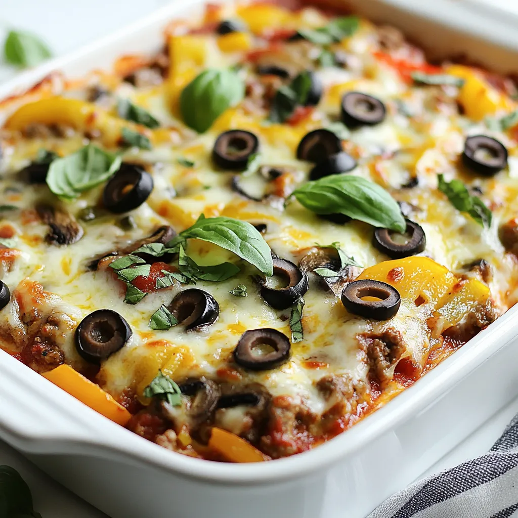 To make Easy Low Carb Supreme Pizza Casserole, gather these ingredients: - 1 pound ground turkey or beef - 1 small onion, diced - 2 cloves garlic, minced - 1 bell pepper, diced (any color) - 1 cup sliced mushrooms - 1 can (15 oz) diced tomatoes, drained - 1 cup pizza sauce (low-carb option) - 2 cups shredded mozzarella cheese - 1 cup sliced black olives - 1 teaspoon Italian seasoning - 1 teaspoon dried oregano - ½ teaspoon red pepper flakes (optional) - Salt and pepper to taste - Fresh basil leaves for garnish (optional) You can change some toppings to fit your taste. Try adding cooked sausage or pepperoni for more flavor. For a veggie twist, use zucchini or spinach. You can also skip the olives if you prefer. Fresh basil on top adds a nice touch, but it's optional. Enjoy customizing your casserole! {{ingredient_image_1}} First, you need to preheat your oven to 375°F (190°C). This step is key because it helps cook your casserole evenly. In a large skillet, add one pound of ground turkey or beef. Cook it over medium heat. Use a spoon to break it up as it cooks. Once the meat is brown, drain any excess fat. This keeps your dish from being greasy and lets the flavors shine. Next, you’ll sauté your veggies. Add a small diced onion, minced garlic, a diced bell pepper, and sliced mushrooms to the skillet. Cook these for about 5 to 7 minutes. You want them soft but not mushy. This timing is important for the best texture. Stir often to mix the flavors. It makes your casserole taste great. Now it’s time to layer your casserole. In a 9x13-inch baking dish, spread half of the meat and veggie mix evenly. Then, sprinkle half of the shredded mozzarella cheese on top. Repeat this with the remaining meat mixture and cheese. Finally, scatter sliced black olives on top. Cover the dish with aluminum foil to keep moisture in. Bake it in the oven for 25 minutes. After that, take off the foil and bake for another 10 to 15 minutes until the cheese is bubbly and golden. To get the best texture for your casserole, you may need to adjust the baking time. Ovens can vary in heat. If your oven runs hot, check the casserole a bit early. For a softer texture, bake it for less time. If you prefer a crustier top, extend the time slightly. You can also tweak the flavors to suit your taste. If you like heat, add more red pepper flakes. For a milder dish, skip them. You can also play with spices. Add more Italian seasoning for richness or some smoked paprika for depth. Experiment until you find your perfect mix! This casserole is tasty on its own, but you can make it even better with sides. A simple green salad pairs well. The fresh crunch complements the rich flavors of the casserole. You can also serve it with garlic bread. The warm bread is great for scooping up the casserole. For drinks, a light red wine works best. A Pinot Noir or Chianti enhances the meal. If you prefer non-alcoholic options, try sparkling water with a slice of lemon. It adds a refreshing twist. Enjoy your delicious meal! Pro Tips Choose Lean Meat: Opt for lean ground turkey for a healthier option, but ground beef adds a richer flavor. Layering Cheese: For a cheesier casserole, mix some of the mozzarella into the meat mixture before layering. Vegetable Variations: Feel free to add other vegetables like zucchini or spinach to increase the nutritional value. Storage Tips: Store leftovers in an airtight container in the fridge for up to 3 days, or freeze for up to 3 months. {{image_2}} If you want to change the meat in this dish, you have several choices. You can try ground chicken or pork. They both add great flavor and fit well in this casserole. For a meatless option, use lentils or chickpeas. They are filling and tasty, making them perfect for a veggie version. You can swap out pizza sauce with homemade tomato sauce or pesto. Just make sure it stays low-carb. For cheese, try provolone or cheddar if you want a different flavor. Adding more veggies is easy! Toss in spinach, zucchini, or artichokes for extra nutrients. Just remember to chop them small to blend well with the other ingredients. To store your Easy Low Carb Supreme Pizza Casserole, let it cool first. Once cool, cover it tightly with plastic wrap or foil. You can also put it in an airtight container. This helps keep it fresh. For freezing, use a freezer-safe container. Make sure to label it with the date. This way, you will know how long it has been stored. When you want to heat up the casserole, the best way is in the oven. Preheat your oven to 350°F (175°C). Place the casserole in an oven-safe dish. Cover it with foil to keep the moisture in. Heat for about 20-25 minutes or until it is hot all the way through. If you're in a hurry, you can use the microwave. Heat for 2-3 minutes, checking every minute to avoid overcooking. Ensure it reaches 165°F (74°C) for safe eating. This keeps your casserole tasty and soft. Yes, you can make this casserole ahead of time. Here’s how: - Prepare the filling: Cook the meat and veggies as the recipe states. - Layer the casserole: After cooking, layer the meat and cheese in your dish. - Cover and refrigerate: Wrap it tightly with foil and store in the fridge. You can keep it in the fridge for up to two days. When you’re ready to eat, bake it straight from the fridge. Just add a few extra minutes to the cooking time. Absolutely! This casserole works great for meal prep. Here are some tips: - Portioning: After baking, cut the casserole into equal squares. - Containers: Use airtight containers for easy storage. - Weekly meals: You can store these portions in the fridge for up to five days. They also freeze well for longer storage. Just reheat when you're ready to enjoy a slice. Making this casserole dairy-free is simple. Try these options: - Cheese alternatives: Use dairy-free cheese brands that melt well. - Sauce options: Choose a dairy-free pizza sauce or make your own. - Creamy texture: For creaminess, add pureed cashews or coconut cream. These swaps keep the flavor rich while fitting a dairy-free diet. This blog post outlined a delicious casserole recipe from ingredients to storage tips. You learned about ingredient quantities, step-by-step baking instructions, and practical tips to enhance flavor. I also shared variations, like meat substitutes and low-carb options, to fit different diets. In closing, this dish is versatile and easy to prepare. With the right mix and careful layering, your casserole can impress anyone. Enjoy the process, and happy cooking!