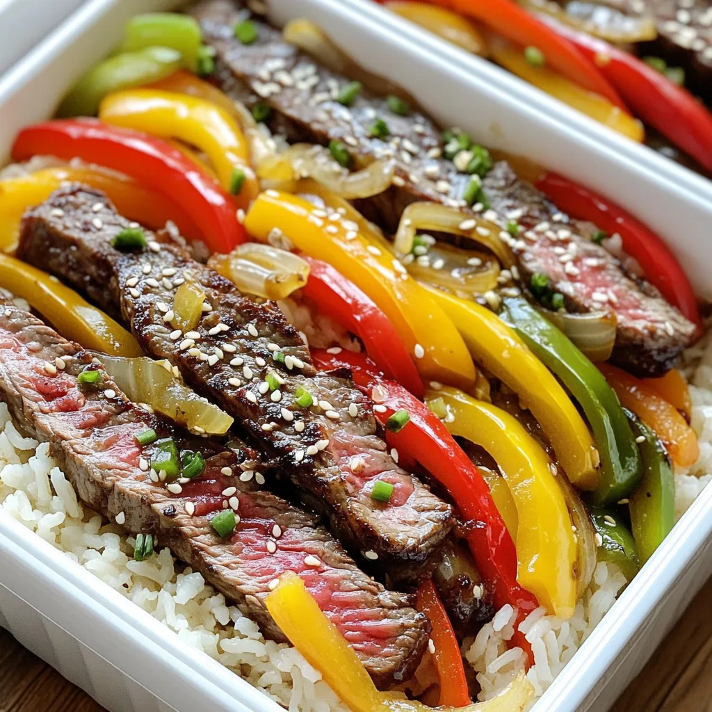 - 1 lb flank steak, thinly sliced - 1 cup jasmine rice - 1 red bell pepper, sliced - 1 yellow bell pepper, sliced - 1 green bell pepper, sliced - 1 medium onion, sliced The main ingredients create a colorful and tasty meal. Flank steak adds a rich flavor. Jasmine rice gives a soft texture. The bell peppers bring crunch and color. The onion adds sweetness to the dish. - 2 tablespoons soy sauce - 1 tablespoon olive oil - 2 cloves garlic, minced - 1 teaspoon ground ginger - 1 tablespoon sesame seeds Seasonings bring the dish to life. Soy sauce adds umami and depth. Olive oil helps with cooking and adds flavor. Garlic gives a nice kick. Ground ginger adds warmth and a bit of spice. Sesame seeds make it pretty and add crunch. - 2 cups low-sodium beef broth - Salt and pepper to taste Beef broth cooks the rice and adds rich flavor. It keeps the rice moist and tasty. Salt and pepper enhance all the flavors. They let the other ingredients shine. To start, grab a medium saucepan. Pour in 2 cups of low-sodium beef broth and bring it to a boil. Once boiling, add 1 cup of jasmine rice. Stir it once, then reduce the heat to low. Cover the pan and let it simmer for 15-18 minutes. The rice should be fluffy and all the liquid should be absorbed. While the rice cooks, take a large skillet and heat 1 tablespoon of olive oil over medium-high heat. Once hot, add 1 lb of thinly sliced flank steak. Season it with salt and pepper. Sear the steak for 5-7 minutes. Cook it until it’s browned to your liking. After that, remove the steak from the skillet and set it aside. In the same skillet, add the sliced onions and bell peppers. You can use 1 red, 1 yellow, and 1 green bell pepper. Sauté them for 5-6 minutes until tender. They should start to caramelize slightly. Next, add 2 cloves of minced garlic and 1 teaspoon of ground ginger. Stir for another 1-2 minutes until you can smell the aroma. Return the cooked flank steak to the skillet. Pour in 2 tablespoons of soy sauce. Stir everything together well. Cook for another 2-3 minutes to let the flavors blend and heat through. This step makes the dish really tasty. Now, it’s time to put everything into meal prep containers. Start by dividing the cooked jasmine rice evenly among the containers. Then, top each portion of rice with the steak and pepper mixture. Make sure to fill each one nicely. Finally, sprinkle sesame seeds over the top of each container as a garnish. Using broth instead of water makes the rice taste great. Broth adds depth and flavor. Simmering is key—cook the rice on low heat for 15-18 minutes. This lets the rice absorb the broth well. Make sure to keep the lid on while it cooks. This keeps the steam inside and helps the rice stay fluffy. For a medium-rare steak, cook it for about 5-6 minutes. It should have a warm red center. If you like well-done steak, cook it for 7-9 minutes. Use a meat thermometer if you want to be precise. Aim for 145°F for medium and 160°F for well-done. Let the steak rest for a few minutes after cooking. This lets the juices settle. To add more flavor, try mixing in spices. You can add a pinch of cayenne for heat. A splash of lime juice brightens the dish. Teriyaki sauce works great too. Sesame oil can add a nice nutty taste. Don’t forget to sprinkle sesame seeds on top. They add crunch and look good! {{image_2}} You can mix it up with different proteins. Instead of flank steak, try chicken. Chicken cooks fast and is light. Tofu is great for a plant-based option. It absorbs flavor well and is healthy. Shrimp is another tasty choice. It cooks quickly and adds a nice touch. Each option gives a unique flavor to your dish. You don't have to stick to jasmine rice. Brown rice is a whole grain option that's hearty. It has more fiber and nutrients. Cauliflower rice is low-carb and great for a veggie boost. It pairs well with the flavors of the dish. Quinoa is another choice. It's a complete protein and has a nutty flavor. These swaps keep your meals exciting and healthy. Add more veggies for extra color and taste. Broccoli adds crunch and is packed with vitamins. Snap peas offer sweetness and a pop of green. Mushrooms give a rich, umami flavor and a meaty texture. You can mix and match these vegetables. It keeps your meal fresh and fun, while also boosting nutrition. To keep your Steak Rice Pepper meal fresh, use airtight containers. Glass containers work best. They are safe for the oven and microwave. Plastic containers are also great if they are BPA-free. Choose containers with separate sections. This way, your rice, steak, and veggies stay apart until you eat. Store your meals in the fridge for up to four days. For longer storage, freeze them. When frozen, this meal lasts for up to three months. Make sure to label the containers. Write the date on them. This helps you keep track of freshness. To reheat, use the microwave or stovetop. If using a microwave, place your meal in a microwave-safe dish. Cover it to keep moisture in. Heat for about two minutes, stirring halfway through. If using the stovetop, add a touch of water. Heat on low to avoid drying out the meal. Enjoy your flavors without losing any taste! Yes, you can. This recipe is perfect for meal prep. Cook the steak, rice, and peppers, then store them in containers. You can make it a day or two in advance. Just reheat when you are ready to eat. I love how easy it is to grab a meal from the fridge! You can store this meal in the fridge for up to four days. Make sure to use airtight containers. If you want to keep it longer, freeze it. It can last in the freezer for up to three months. Remember to label your containers with the date, so you know when to use them. Absolutely! If you want to switch things up, try brown rice or even quinoa. Brown rice adds a nutty flavor and is heartier. Quinoa is great if you want a gluten-free option. Just adjust the cooking time according to the rice type you choose. Enjoy experimenting with flavors! This article covered making a delicious steak, rice, and pepper dish. I shared key ingredients like flank steak, jasmine rice, and seasonings. You learned easy step-by-step cooking methods and helpful tips to improve your results. I also suggested protein and rice alternatives for variety. Remember, meal prep can save time and keep food fresh for longer. Enjoy trying this recipe and feel free to experiment with your own twists! Happy cooking!
